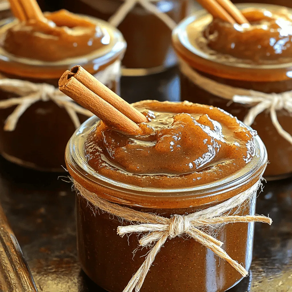 To make this delightful apple butter, gather these simple items: - 6 large apples, peeled, cored, and chopped - 1 cup maple syrup - 1 tablespoon ground cinnamon - 1 teaspoon ground nutmeg - 1/2 teaspoon ground ginger - 1/4 teaspoon sea salt - 1 tablespoon freshly squeezed lemon juice For the best flavor, I suggest using: - Granny Smith: These apples add a tart kick. - Honeycrisp: They offer a sweet and juicy taste. Both types work well together, giving your apple butter depth and balance. If you prefer your apple butter sweeter, consider adding: - 1/2 cup packed brown sugar This is optional. Adjust it based on your taste. You can always start with less and add more as needed. Start by peeling and coring the apples. I suggest using Granny Smith or Honeycrisp apples. These apples provide a great balance of tart and sweet. Chop the apples into small pieces. This helps them cook down faster and blend better. In your slow cooker, place the chopped apples. Add 1 cup of maple syrup for natural sweetness. Then, sprinkle in 1 tablespoon of ground cinnamon, 1 teaspoon of nutmeg, and 1/2 teaspoon of ginger. Don’t forget to add 1/4 teaspoon of sea salt. This enhances the flavor. Finally, pour in 1 tablespoon of freshly squeezed lemon juice. Stir everything well to mix. Cover the slow cooker with its lid. Set it to low heat for 8-10 hours, or high heat for 4-5 hours. This slow cooking makes the apples tender and flavorful. About halfway through, open the lid and stir the mixture. This promotes even cooking and blends the flavors. When the apples break down, use an immersion blender. This will create a smooth texture. If you prefer, you can blend in batches using a countertop blender. Taste your apple butter. If you want it sweeter, mix in some brown sugar. For a thicker apple butter, cook for another hour with the lid off. Let it cool before storing in jars. Enjoy your homemade treat! To get the right texture for your apple butter, blend it well. Start with soft apples; they break down easier. Cook on low for 8-10 hours for a thicker mix. If it's too thin, leave the lid off for the last hour. This lets moisture escape, thickening the butter. Stir often for even cooking, and always taste before serving. An immersion blender is my top choice. It makes blending quick and easy right in the slow cooker. If you don’t have one, use a countertop blender. Just let the mixture cool first to avoid splatters. Blend it in small batches. This way, you get a smooth texture without the mess. You can adjust flavors to your taste. If you like more spice, add extra cinnamon or a pinch of cloves. Want it sweeter? Mix in more brown sugar or maple syrup until you’re happy. A splash of vanilla can also brighten the flavor. Experiment with what you like best! {{image_4}} You can change the spices to suit your tastes. Try adding cloves for warmth or allspice for depth. A pinch of cardamom can also add a nice twist. Experiment to find your favorite mix. Just remember, a little goes a long way! If you prefer less maple syrup, consider honey or agave nectar. These sweeteners add their own flavors. You can use brown sugar alone for a deeper sweetness. Always taste as you go to find the right balance, especially if you adjust the sweeteners. Apple butter is versatile and pairs well with many foods. Spread it on toast or muffins for breakfast. It also complements meats like pork or chicken. You can even stir it into oatmeal or yogurt for added flavor. Try using it in baking, like in cakes or cookies, for a sweet surprise. After you make your slow cooker maple cinnamon apple butter, cool it to room temp. Once cool, transfer the apple butter into clean jars or airtight containers. Store it in the fridge. It will keep fresh for up to 2 weeks. Always use a clean spoon when scooping it out to avoid spoilage. If you want to keep your apple butter longer, consider canning it. Fill sterilized jars with the hot apple butter, leaving some space at the top. Seal tightly and process in a water bath for about 10 minutes. This method can extend its shelf life for up to a year. Homemade apple butter lasts about 2 weeks in the fridge. In sealed jars from canning, it can last up to a year. Always check for signs of spoilage before using. If you see mold or an off smell, it's best to discard it. Use your apple butter on toast, pancakes, or as a filling in baked goods for a tasty treat! Yes, you can use different types of apples. I recommend Granny Smith or Honeycrisp. They add a nice balance of sweet and tart flavors. Other varieties like Fuji or Gala can also work well. Just remember, the taste may change slightly based on the apples you choose. You can store apple butter in the refrigerator for up to 2 weeks. Make sure to keep it in an airtight container. For longer storage, use canning methods to preserve it for several months. Just ensure the jars are sealed properly for safety. There are many great uses for leftover apple butter. Spread it on toast, pancakes, or muffins. You can also mix it into yogurt or oatmeal for added flavor. It makes a great topping for ice cream too. The options are endless! Yes, you can freeze apple butter. Pour it into airtight containers, leaving space at the top for expansion. It can last in the freezer for up to a year. When you’re ready to use it, thaw it in the fridge overnight. Yes, this recipe is suitable for canning. Follow safe canning practices to ensure it is preserved correctly. Use sterilized jars and process in a water bath. This way, you can enjoy your apple butter for many months ahead. You learned about the key ingredients for apple butter, including varieties and optional sweeteners. We discussed step-by-step instructions for preparation and cooking. Tips for perfecting texture and flavor enhancements rounded out the guide. Finally, we covered variations, storage methods, and FAQs. With all this, you can make tasty apple butter with ease. Get creative, and enjoy sharing it with friends and family!