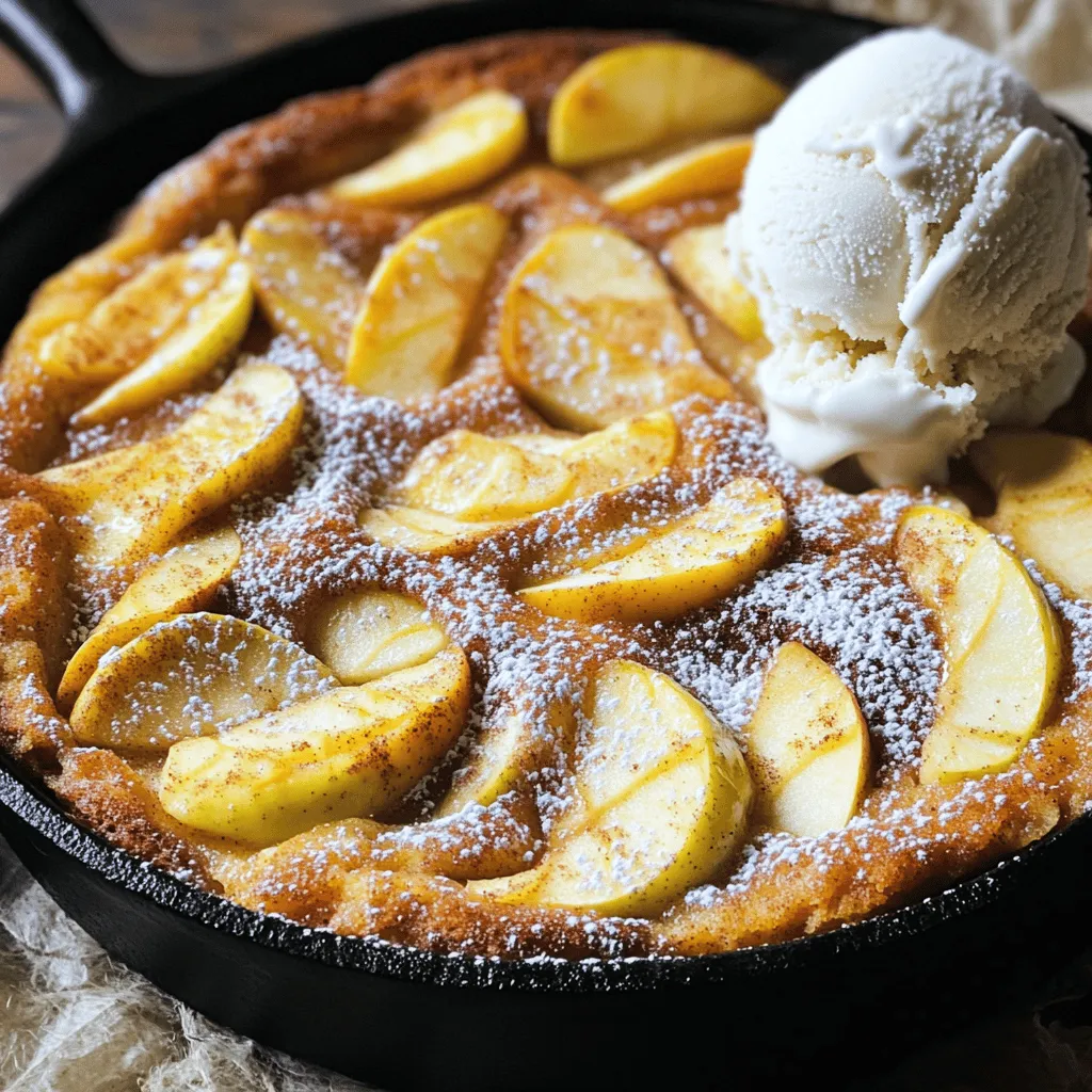 - 2 medium apples (Granny Smith or Honeycrisp recommended), peeled, cored, and thinly sliced - 1 tablespoon fresh lemon juice - 1 cup granulated sugar, divided - 1 teaspoon ground cinnamon, divided - 1½ cups all-purpose flour - 2 teaspoons baking powder - ½ teaspoon baking soda - ½ teaspoon fine salt - ½ cup unsalted butter, melted and slightly cooled - 2 large eggs, at room temperature - ½ cup milk, at room temperature - 1 teaspoon pure vanilla extract Each main ingredient plays a role in the cake's taste and texture. The apples give it a sweet and tangy flavor. The sugar adds sweetness, while cinnamon brings warmth. Flour and leavening agents create the cake's soft structure. Butter keeps it moist, and eggs add richness. Milk and vanilla enhance the overall flavor. - Powdered sugar for dusting - Ice cream pairing suggestions Adding powdered sugar on top gives the cake a nice look and extra sweetness. Pairing it with ice cream makes each bite even better. Vanilla ice cream works well, but you can choose your favorite. The warm cake and cold ice cream create a lovely contrast that everyone will enjoy. 1. First, preheat your oven to 350°F (175°C). This sets the stage for perfect baking. 2. Next, prepare the apple mixture. In a medium bowl, mix the thinly sliced apples with 1 tablespoon of fresh lemon juice. Add ¼ cup of granulated sugar and ½ teaspoon of ground cinnamon. Toss gently until the apples are well-coated. This step helps soften the apples and enhances their flavor. 1. In a large mixing bowl, whisk together 1½ cups of all-purpose flour, 2 teaspoons of baking powder, ½ teaspoon of baking soda, ½ teaspoon of fine salt, ¾ cup of granulated sugar, and ½ teaspoon of cinnamon. Make sure it’s well mixed. 2. In another bowl, whisk ½ cup of melted unsalted butter, 2 large eggs, ½ cup of milk, and 1 teaspoon of pure vanilla extract until smooth. Then, pour this mixture into the dry ingredients. Stir gently with a spatula until just combined. The batter should be a little lumpy. Don’t overmix! 3. Now, prepare your skillet. Place a 10-inch cast-iron skillet over medium heat. Grease it lightly with cooking spray or a dab of butter to prevent sticking. 1. Carefully pour the batter into the skillet. Spread it evenly across the bottom. 2. Neatly arrange the marinated apple slices on top of the batter. Press them down gently so they sink slightly into the batter. 3. Transfer the skillet to the preheated oven. Bake for 30-35 minutes. Check doneness by inserting a toothpick into the center. It should come out clean. 4. Once baked, take the skillet out of the oven. Let the cake cool for about 10 minutes before serving. For a sweet finish, dust with powdered sugar. Enjoy your warm Cinnamon Sugar Apple Skillet Cake! How to avoid dense texture when mixing To keep your cake light, mix the batter gently. When you combine the wet and dry ingredients, stir just until you see no dry flour. It's okay if the batter is a bit lumpy. Overmixing makes the cake dense and tough. Best apples for flavor and texture I recommend using Granny Smith or Honeycrisp apples. They provide a nice tartness that balances the sweetness of the cake. Both types hold their shape when baked, giving a lovely texture. You want apples that are crisp and flavorful for the best result. Presentation styles for serving Serve the cake warm in the skillet for a cozy feel. You can cut it into wedges or spoon it out. For a more elegant touch, place a slice on a plate and sprinkle with powdered sugar. This adds a nice contrast against the warm cake. Complementary toppings and pairings This cake goes great with a scoop of vanilla ice cream. The cold ice cream melts slightly on the warm cake. You can also add a drizzle of caramel sauce or a sprinkle of extra cinnamon to enhance the flavors. These toppings make the dish even more special. {{image_4}} You can add more flavor to your Cinnamon Sugar Apple Skillet Cake. Try using spices like nutmeg or a hint of vanilla bean. Nutmeg gives a warm taste that pairs well with apples. Vanilla bean adds a lovely aroma and depth. You might also consider adding nuts or dried fruit. Chopped walnuts or pecans provide a nice crunch. Dried cranberries or raisins can add sweetness and chewiness. Mix these into the batter or sprinkle on top for a fun twist. If you need a gluten-free option, you can swap all-purpose flour for a gluten-free blend. Look for one that contains xanthan gum for better texture. This keeps the cake light and fluffy. For vegan adjustments, replace the eggs with flaxseed meal or applesauce. Use a plant-based milk instead of regular milk. You can also use coconut oil or a vegan butter substitute for a dairy-free cake. These changes make it easy for everyone to enjoy this treat! To keep your cinnamon sugar apple skillet cake fresh, follow these simple steps: - Allow the cake to cool completely. - Store it in an airtight container. - Place it at room temperature for up to three days. Using a cake dome works great too. It keeps the cake moist and tasty. If you want to keep it in the fridge, use a container. This way, it stays fresh for about a week. If you want to enjoy your cake later, freezing is the best option. Here’s how to do it: - Wrap the cooled cake tightly in plastic wrap. - Place it in a freezer-safe bag or container. - It can stay in the freezer for up to three months. When you want to eat it, thaw the cake in the fridge overnight. For reheating, preheat your oven to 350°F (175°C). Heat the cake for about 10-15 minutes. This will help bring back its warmth and flavor. Enjoy your delicious cake whenever you like! How can I make the cake moister? To make the cake moister, use more apples. Adding an extra apple boosts moisture. You can also try adding a bit more milk. If you do, add just a tablespoon or two at a time. This helps keep the balance right. Can I use a different type of skillet? Yes, you can use any oven-safe skillet. A non-stick skillet works well too. Just make sure it is safe for high heat. If you use a different size, adjust the baking time as needed. What to do if the cake sinks in the middle? If the cake sinks, it may be underbaked. Check the baking time and test with a toothpick. If the toothpick comes out wet, return it to the oven for a few more minutes. Make sure you mix the batter gently to avoid air pockets. How to adjust for high altitude baking? At high altitudes, reduce the sugar by one to two tablespoons. You might need to add a bit more flour too. This helps keep the cake from rising too fast and collapsing. Increasing the oven temperature by 15 to 25 degrees can also help. How many servings does this cake yield? This cake yields about eight servings. It is perfect for sharing with family and friends. It's a great dessert for gatherings or cozy nights. Can I double the recipe for larger gatherings? Yes, you can double the recipe easily. Just use a larger skillet or two skillets. Keep an eye on the baking time, as it may take longer with more batter. This blog post covered how to make a delicious apple cake. We discussed the main and optional ingredients, preparation steps, and mixing methods. I shared tips for perfecting your cake and creative variations to try. You learned about storing your cake for short and long-term freshness, along with answers to common questions. Remember, baking is fun and a creative outlet. Enjoy making this cake and share it with friends and family. Your skills in the kitchen can grow with every bite!