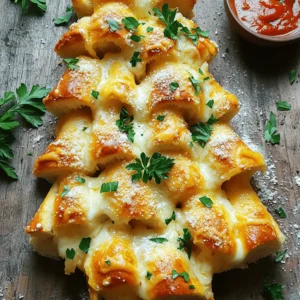 - 3 cups all-purpose flour - 1 packet (2 ¼ tsp) instant yeast - 1 teaspoon granulated sugar - 1 teaspoon fine sea salt - ½ cup whole milk, warmed to about 110°F - ¼ cup warm water (approximately 110°F) - 2 tablespoons extra virgin olive oil - 1 cup shredded mozzarella cheese - ½ cup grated Parmesan cheese - 2 tablespoons finely chopped fresh parsley - 1 teaspoon garlic powder - 1 large egg (for egg wash) Using fresh ingredients is key to great flavor. Fresh herbs bring bright taste. Fresh cheese melts better and adds creaminess. Fresh flour helps dough rise well. Always check the dates on your ingredients. This small step can make a big difference in taste. You can easily swap some ingredients to fit different diets. For a gluten-free option, use gluten-free flour blend. If you want dairy-free, try vegan cheese. For a lower-carb version, use cauliflower dough. These swaps keep the festive spirit while meeting your needs. To make the dough, grab a large mixing bowl. Combine warm milk, warm water, granulated sugar, and instant yeast. Stir gently and let it sit for about five minutes. You want it to get frothy on top. This shows the yeast is active and ready. Next, add all-purpose flour, sea salt, and olive oil to the yeast mix. Mix until the dough starts to come together. Now, transfer it to a floured surface. Knead the dough for eight to ten minutes until it feels smooth and elastic. Once done, lightly coat a clean bowl with olive oil. Place your kneaded dough inside and cover it with a damp cloth. Let it rise in a warm spot for about one hour or until it doubles in size. This step is key for fluffy bread. After the dough rises, punch it down gently to release air bubbles. Roll it out into a rectangle, about 12 by 18 inches. Evenly sprinkle shredded mozzarella and grated Parmesan cheese over the dough, leaving a one-inch border. Next, add the chopped parsley and garlic powder on top of the cheese. This adds flavor and a nice color. Using a sharp knife or pizza cutter, slice the rectangle into twelve equal squares. You should create a 3x3 grid. Carefully stack the squares on top of each other. This will create the layered shape of your "tree." Now, transfer the stacked dough onto a parchment-lined baking sheet. Shape it into a Christmas tree silhouette. Feel free to trim the base of the stack to create a trunk effect. It should look festive and fun! Cover the shaped dough with a cloth. Let it rise again for another 30 minutes while you preheat your oven to 375°F (190°C). In a small bowl, beat the egg until mixed well. Brush it generously over the top of the dough. This will give it a beautiful golden color when baked. Place the baking sheet in the oven and bake for 25 to 30 minutes. You want the bread to be golden brown, with cheese bubbling and melted. Once it's done, let it cool slightly on the baking sheet. Now, you can pull apart the cheesy pieces from the bottom. Enjoy your delightful creation! Baking can be tricky. Here are some common mistakes to watch for: - Not measuring flour properly: Use a kitchen scale for best results. - Skipping the yeast proofing: Always let the yeast foam before mixing it in. - Over-kneading the dough: Knead just until smooth and elastic, about 8-10 minutes. - Not letting the dough rise enough: Give it time to double in size for fluffiness. - Baking the bread too long: Keep an eye on the oven; every oven is different. A golden crust makes your bread look and taste amazing. Here’s how to get that perfect finish: - Use an egg wash: Beat one egg and brush it on before baking. - Bake at the right temperature: Preheat your oven to 375°F (190°C) for even cooking. - Check for doneness: The bread should be golden brown and cheese bubbly. - Let it cool slightly: This helps the crust stay crisp when you serve it. Serving your Cheesy Pull-Apart Christmas Tree Bread is just as fun as making it. Here are some ideas: - Garnish with parsley: Place fresh chopped parsley around the base for a festive touch. - Serve with dips: Offer warm marinara sauce or herbed olive oil for extra flavor. - Create a centerpiece: Shape the bread into a tree and place it on a nice platter. - Add festive decorations: Use edible decorations like star-shaped cheese on top. {{image_4}} You can change the cheese in this recipe. I love using different types for unique flavors. Try using sharp cheddar for a tangy kick. Creamy gouda adds richness. A blend of cheeses gives a special touch. Mix mozzarella with feta for a Mediterranean twist. Just keep the same amounts for the best result. Add seasonal ingredients to make this bread even better. In winter, include some chopped spinach or roasted red peppers. Fresh herbs like thyme or rosemary boost the flavor. For a sweet touch, try adding cranberries or walnuts. These additions can make your bread special for any holiday gathering. If you need a gluten-free version, it’s easy to adapt. Use a gluten-free flour blend instead of all-purpose flour. Make sure the blend has xanthan gum for structure. Follow the same steps for mixing and rising the dough. This way, everyone can enjoy cheesy pull-apart bread during the holidays. To keep your cheesy pull-apart bread fresh, store it in an airtight container. If you have a lot left, wrap it in plastic wrap first. This helps to keep moisture in and air out. Place it in the fridge if you plan to eat it within a few days. For longer storage, you can freeze it. When you’re ready to enjoy your leftovers, preheat your oven to 350°F (175°C). Place the bread on a baking sheet and cover it with foil. This helps to keep the bread soft while it warms. Heat it for about 10-15 minutes, or until it's warm inside. You could also use a microwave, but the oven gives a better texture. If you want to make the dough ahead of time, you can freeze it. First, shape it into a ball and wrap it tightly in plastic wrap. Then, place it in a freezer bag. It can freeze for up to three months. When you’re ready to bake, let it thaw in the fridge overnight. Then, let it rise before baking. This method saves time and adds convenience to your holiday baking. Making Cheesy Pull-Apart Christmas Tree Bread takes about 1 hour and 30 minutes. This time includes prep and baking. You spend 15 minutes prepping the dough. Then, let it rise for about an hour. Finally, it bakes for 25 to 30 minutes. Yes, you can use other cheeses. Cheddar, gouda, or fontina work well. Each cheese brings a unique flavor. Just ensure the cheese melts nicely. Mixing different cheeses can add more taste. Absolutely! This recipe is great for beginners. The steps are simple and clear. You don’t need advanced skills to make this bread. The dough is easy to handle. Plus, the results are delicious and fun to share. You learned how to make a fun, cheesy pull-apart Christmas tree bread. We covered key ingredients, the importance of fresh choices, and how to adjust for diets. The step-by-step guide helps you create a beautiful tree. I shared tips to avoid common baking mistakes and offered variations for extra flavor. Storing and reheating this dish was also discussed. Enjoy making this bread. It’s perfect for sharing during the holidays. Happy baking!