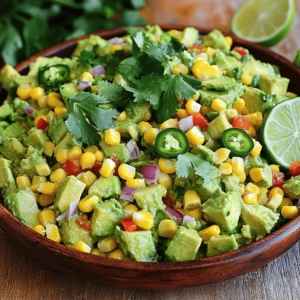 - 2 ripe avocados, diced into bite-sized pieces - 1 cup fresh corn kernels (or 1 can of corn, drained and rinsed) - 1 medium red bell pepper, diced - 1 jalapeño pepper, deseeded and minced (optional, for a spicy kick) - 1/4 cup red onion, finely chopped - 1/4 cup fresh cilantro, roughly chopped - Juice of 2 limes, freshly squeezed - 2 tablespoons extra-virgin olive oil - Salt and black pepper, to taste - 1/2 teaspoon smoked paprika, for a hint of smokiness This salad shines with ripe avocados and sweet corn. The avocados should feel soft but not mushy. They bring a creamy texture that pairs well with the corn. You can use fresh corn or canned corn for this recipe. Fresh corn adds a crisp bite, while canned corn is quick and easy. The red bell pepper adds beautiful color and sweetness. If you like spice, the jalapeño brings heat without being overpowering. Just remove the seeds to control the heat level. Red onion gives a sharp crunch that balances the creaminess of the avocados. Fresh cilantro adds a burst of flavor. Lime juice brightens everything, while olive oil makes it rich. The seasoning, including salt, black pepper, and smoked paprika, enhances the dish. Gather these ingredients to create a fresh and flavorful salad that is easy to prepare and enjoyable to eat. Mixing avocados and vegetables Start by taking a large bowl. Add the diced avocados, fresh corn kernels, diced red bell pepper, minced jalapeño (if you like spice), and finely chopped red onion. Use a spatula to mix gently. Be careful not to mash the avocados. Preparing the dressing In a small bowl, whisk together the freshly squeezed lime juice, extra-virgin olive oil, smoked paprika, salt, and black pepper. Mix until it is well combined. This dressing adds great flavor. Combining the salad ingredients Drizzle the dressing over the avocado and vegetable mixture. Toss the salad gently. Make sure everything is coated but keep the avocados whole. Final adjustments and resting time Fold in the chopped cilantro. Stir lightly to mix in the fresh taste. Taste your salad. Adjust the seasoning if needed. You can add more lime juice or salt. Let the salad rest for about 10 minutes at room temperature. This helps the flavors blend together. How to select ripe avocados: Choose avocados that feel slightly soft when you press them. They should not be too mushy. Check for dark green to black skin, which indicates ripeness. If they are hard, let them sit at room temperature for a few days. Keeping avocados from browning: To stop avocados from browning, use lime juice. The acid slows down oxidation. Keep the salad covered in the fridge if you have leftovers. This helps keep it fresh and bright. Adjusting seasoning to taste: Taste your salad before serving. If it needs more flavor, add more lime juice or salt. You can also add more smoked paprika for a smokier taste. Trust your taste buds to guide you. Ideal serving temperature: Serve the salad cold or at room temperature. If you chill it, let it sit out for a few minutes before serving. This helps the flavors pop! Enjoy it fresh for the best taste. {{image_4}} You can make avocado corn salad even better by adding some fun twists. Here are some ideas: - Adding proteins: You can add grilled chicken or black beans for extra protein. Chicken gives a nice taste and texture. Black beans add fiber and keep it plant-based. Just mix them in gently. - Incorporating fruit: Adding fruits like mango or pineapple brings sweetness. Mango adds a tropical vibe, and pineapple gives a zesty kick. Dice them small and fold them in carefully. - Using different dressings or seasonings: Explore various dressings for different flavors. Try a honey-lime dressing for sweetness or a spicy vinaigrette for heat. You can also switch up the seasonings. Cumin or chili powder can add depth. These simple changes make your salad unique and delightful. Enjoy experimenting! To keep your avocado corn salad fresh, store it in the fridge. Use an airtight container to prevent it from drying out. If you have leftovers, try to eat them within two days for the best taste. How long does it stay fresh? The salad tastes best on the first day. After 24 hours, the avocados may brown. If you notice browning, add more lime juice to help slow it down. If you want to reheat the salad, avoid it. The avocados do not do well when heated. Instead, enjoy it cold or at room temperature. If you prefer a warm dish, consider making a separate warm corn salad. You can prepare this salad a few hours before you serve it. Chop the veggies and mix them in a bowl. Keep the dressing separate until you are ready to eat. This way, the avocados stay fresh, and the flavors stay bright. Yes! This salad is already vegetarian. It contains no meat or animal products. You can enjoy it as is, or add other veggies for more flavor. Absolutely! Frozen corn works well in this salad. Just thaw it and drain any extra water before using it. This makes it quick and easy. Avocados are full of healthy fats, fiber, and vitamins. They help keep your heart healthy. Corn is a good source of fiber and has many nutrients too. Together, they make a tasty and nutritious salad. This blog post shared a simple recipe for a fresh salad. I covered the essential ingredients, like ripe avocados and fresh corn, and guided you through the easy steps to prepare it. You learned tips for selecting and storing your ingredients and some tasty variations to try. Remember to enjoy this refreshing salad on warm days. Use the ideas in this post to make it your own and keep it fresh. A healthy salad can bring color and taste to your meals. Enjoy!