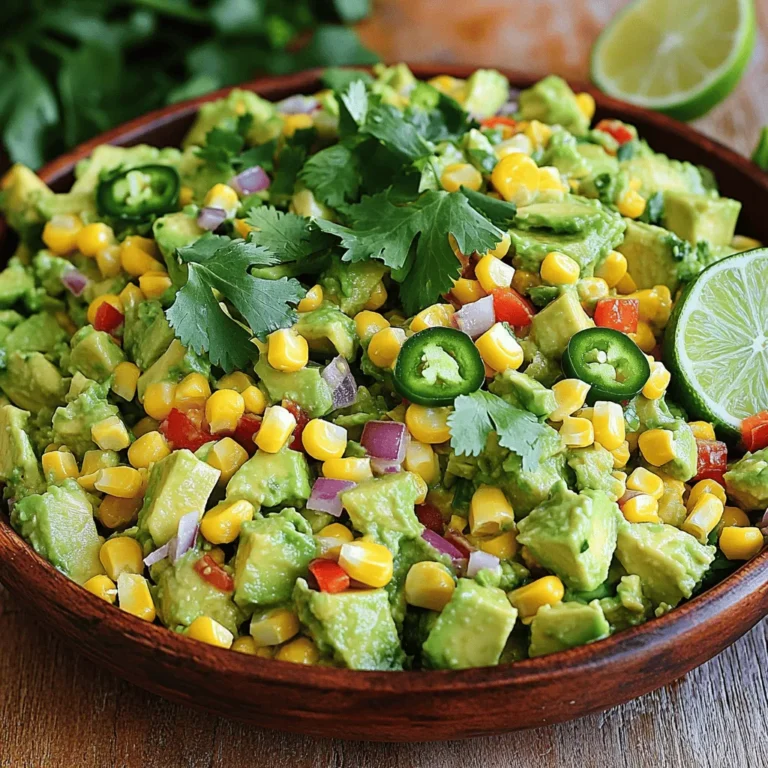 - 2 ripe avocados, diced into bite-sized pieces - 1 cup fresh corn kernels (or 1 can of corn, drained and rinsed) - 1 medium red bell pepper, diced - 1 jalapeño pepper, deseeded and minced (optional, for a spicy kick) - 1/4 cup red onion, finely chopped - 1/4 cup fresh cilantro, roughly chopped - Juice of 2 limes, freshly squeezed - 2 tablespoons extra-virgin olive oil - Salt and black pepper, to taste - 1/2 teaspoon smoked paprika, for a hint of smokiness This salad shines with ripe avocados and sweet corn. The avocados should feel soft but not mushy. They bring a creamy texture that pairs well with the corn. You can use fresh corn or canned corn for this recipe. Fresh corn adds a crisp bite, while canned corn is quick and easy. The red bell pepper adds beautiful color and sweetness. If you like spice, the jalapeño brings heat without being overpowering. Just remove the seeds to control the heat level. Red onion gives a sharp crunch that balances the creaminess of the avocados. Fresh cilantro adds a burst of flavor. Lime juice brightens everything, while olive oil makes it rich. The seasoning, including salt, black pepper, and smoked paprika, enhances the dish. Gather these ingredients to create a fresh and flavorful salad that is easy to prepare and enjoyable to eat. Mixing avocados and vegetables Start by taking a large bowl. Add the diced avocados, fresh corn kernels, diced red bell pepper, minced jalapeño (if you like spice), and finely chopped red onion. Use a spatula to mix gently. Be careful not to mash the avocados. Preparing the dressing In a small bowl, whisk together the freshly squeezed lime juice, extra-virgin olive oil, smoked paprika, salt, and black pepper. Mix until it is well combined. This dressing adds great flavor. Combining the salad ingredients Drizzle the dressing over the avocado and vegetable mixture. Toss the salad gently. Make sure everything is coated but keep the avocados whole. Final adjustments and resting time Fold in the chopped cilantro. Stir lightly to mix in the fresh taste. Taste your salad. Adjust the seasoning if needed. You can add more lime juice or salt. Let the salad rest for about 10 minutes at room temperature. This helps the flavors blend together. How to select ripe avocados: Choose avocados that feel slightly soft when you press them. They should not be too mushy. Check for dark green to black skin, which indicates ripeness. If they are hard, let them sit at room temperature for a few days. Keeping avocados from browning: To stop avocados from browning, use lime juice. The acid slows down oxidation. Keep the salad covered in the fridge if you have leftovers. This helps keep it fresh and bright. Adjusting seasoning to taste: Taste your salad before serving. If it needs more flavor, add more lime juice or salt. You can also add more smoked paprika for a smokier taste. Trust your taste buds to guide you. Ideal serving temperature: Serve the salad cold or at room temperature. If you chill it, let it sit out for a few minutes before serving. This helps the flavors pop! Enjoy it fresh for the best taste. {{image_4}} You can make avocado corn salad even better by adding some fun twists. Here are some ideas: - Adding proteins: You can add grilled chicken or black beans for extra protein. Chicken gives a nice taste and texture. Black beans add fiber and keep it plant-based. Just mix them in gently. - Incorporating fruit: Adding fruits like mango or pineapple brings sweetness. Mango adds a tropical vibe, and pineapple gives a zesty kick. Dice them small and fold them in carefully. - Using different dressings or seasonings: Explore various dressings for different flavors. Try a honey-lime dressing for sweetness or a spicy vinaigrette for heat. You can also switch up the seasonings. Cumin or chili powder can add depth. These simple changes make your salad unique and delightful. Enjoy experimenting! To keep your avocado corn salad fresh, store it in the fridge. Use an airtight container to prevent it from drying out. If you have leftovers, try to eat them within two days for the best taste. How long does it stay fresh? The salad tastes best on the first day. After 24 hours, the avocados may brown. If you notice browning, add more lime juice to help slow it down. If you want to reheat the salad, avoid it. The avocados do not do well when heated. Instead, enjoy it cold or at room temperature. If you prefer a warm dish, consider making a separate warm corn salad. You can prepare this salad a few hours before you serve it. Chop the veggies and mix them in a bowl. Keep the dressing separate until you are ready to eat. This way, the avocados stay fresh, and the flavors stay bright. Yes! This salad is already vegetarian. It contains no meat or animal products. You can enjoy it as is, or add other veggies for more flavor. Absolutely! Frozen corn works well in this salad. Just thaw it and drain any extra water before using it. This makes it quick and easy. Avocados are full of healthy fats, fiber, and vitamins. They help keep your heart healthy. Corn is a good source of fiber and has many nutrients too. Together, they make a tasty and nutritious salad. This blog post shared a simple recipe for a fresh salad. I covered the essential ingredients, like ripe avocados and fresh corn, and guided you through the easy steps to prepare it. You learned tips for selecting and storing your ingredients and some tasty variations to try. Remember to enjoy this refreshing salad on warm days. Use the ideas in this post to make it your own and keep it fresh. A healthy salad can bring color and taste to your meals. Enjoy!