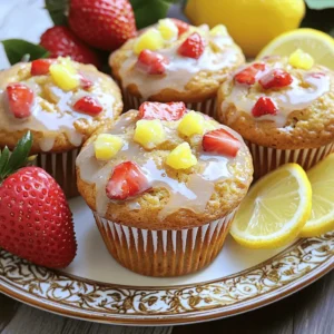 - 1 cup all-purpose flour - 1 cup whole wheat flour - 1 cup granulated sugar - 2 teaspoons baking powder - 1/2 teaspoon baking soda - 1/4 teaspoon salt The dry ingredients form the base of our muffins. All-purpose flour gives a light texture. Whole wheat flour adds a nutty flavor and extra fiber. Granulated sugar sweetens the muffins. Baking powder and baking soda help them rise. Salt balances the sweetness. - 3/4 cup buttermilk (or substitute: 3/4 cup milk + 1 tablespoon lemon juice) - 1/3 cup vegetable oil - 2 large eggs - Zest of 1 lemon - 1/4 cup fresh lemon juice The wet ingredients add moisture and flavor. Buttermilk keeps the muffins soft and fluffy. If you don't have it, mix milk with lemon juice as a quick substitute. Vegetable oil keeps them moist. Eggs bind the ingredients. Lemon zest and juice give that bright, zesty flavor. - 1 cup fresh strawberries, diced - 1/4 cup powdered sugar (for glaze) - 1 tablespoon lemon juice (for glaze) Fresh strawberries are the star here. They add sweetness and juicy bites. The glaze, made from powdered sugar and lemon juice, boosts the flavor. Drizzling it on top makes the muffins look and taste special. 1. Preheating the oven: Start by preheating your oven to 375°F (190°C). This helps the muffins bake evenly. 2. Mixing dry ingredients: In a large bowl, mix together the all-purpose flour, whole wheat flour, granulated sugar, baking powder, baking soda, and salt. Stir well until all dry ingredients are combined. 3. Combining wet ingredients: In another bowl, whisk the buttermilk, vegetable oil, eggs, lemon zest, and lemon juice. Mix until everything is smooth and well-blended. 4. Merging wet and dry mixtures: Slowly pour the wet mixture into the dry ingredients. Use a spatula to fold everything together gently. Stop mixing when you see a few lumps; this keeps the muffins light and fluffy. 1. Carefully folding in strawberries: Dice the fresh strawberries into small pieces. Gently fold them into the batter. Be careful not to crush the strawberries, so they stay whole. 2. Dividing batter into muffin cups: Use a spoon or ice cream scoop to fill each muffin cup about three-quarters full. This allows space for the muffins to rise while baking. 1. Baking time and doneness check: Place the muffin pan in the oven. Bake for 18-20 minutes. To check if they are done, insert a toothpick into the center of a muffin. It should come out clean. 2. Cooling process: Once baked, remove the muffins from the oven. Let them cool in the pan for about 5 minutes. Then, transfer them to a wire rack to cool completely. Enjoy the warm muffins with your favorite beverage! To make the best muffins, avoid overmixing. When you mix the wet and dry ingredients, do it gently. A few lumps are just fine. This helps keep the muffins light and fluffy. Next, ensure uniformity in the batter. Mix the strawberries in carefully. You want them spread out, not crushed. Fold them in gently to keep the muffins intact. To prepare the glaze, whisk together powdered sugar and lemon juice until smooth. Start with a small bowl for easy mixing. After the muffins bake, let them cool for five minutes. Then drizzle the glaze on top while they are warm. This helps the glaze soak in for extra flavor. For optional garnishing, you can add whole strawberries or lemon slices. A sprinkle of powdered sugar on top makes the muffins look fancy. For presentation, arrange the muffins on a bright plate. Garnish with whole strawberries and lemon slices. This adds color and makes the muffins pop. Pair these muffins with iced tea or lemonade. The bright flavors match perfectly. Enjoy them at brunch or for a sweet snack! {{image_4}} You can switch up the berries in these muffins. Blueberries and raspberries work great too. Just use the same amount as strawberries. The flavors blend well with lemon. You can even try mixing berries for a fun twist. You can also use different citrus fruits. Oranges or limes can add a fresh taste. Just be sure to match the juice and zest amounts to keep the flavor strong. If you want gluten-free muffins, swap the all-purpose flour. Use a gluten-free flour blend instead. It should work well with the other ingredients. Check the blend's instructions for the best results. For vegan muffins, you can replace the eggs. Use flax eggs or applesauce as substitutes. Also, use plant-based milk instead of buttermilk. This keeps the muffins moist and tasty. You can make mini muffins if you prefer smaller bites. Just fill the mini muffin cups about halfway. Bake them for around 12-15 minutes. Check for doneness with a toothpick. If you want standard-sized muffins, stick to the original recipe. Fill the cups about three-quarters full. This helps them rise nicely in the oven. Adjust baking time slightly if you change the size. To keep your strawberry lemonade muffins fresh, let them cool completely. Place them in an airtight container. You can store them at room temperature for up to three days. If you want them to last longer, refrigerate them for up to a week. Avoid stacking the muffins directly on top of each other. This helps stop them from getting squished. For long-term storage, freezing muffins works great. First, wrap each muffin in plastic wrap. Then, place them in a freezer bag or a container that seals tight. You can freeze them for up to three months. When you want to eat them, take out a muffin and let it thaw at room temperature. For a faster option, you can microwave them for 20-30 seconds. To reheat muffins, use the oven for the best results. Preheat it to 350°F (175°C). Place the muffins on a baking sheet and heat for about 5-10 minutes. You can also use a microwave. Heat for 10-15 seconds at a time until warm. If you want to keep them moist, place a small cup of water in the microwave with the muffins. This helps them stay soft and tasty. How can I tell when the muffins are done? You can check if the muffins are done by inserting a toothpick into the center. If it comes out clean, they are ready. If it has wet batter, bake a few more minutes and check again. Can I use frozen strawberries instead of fresh? Yes, you can use frozen strawberries. Just thaw and drain them first. This keeps the batter from getting too wet. What can I substitute for buttermilk? If you don’t have buttermilk, mix 3/4 cup of milk with 1 tablespoon of lemon juice. Let it sit for five minutes. This will create a similar tangy flavor. Why did my muffins not rise? Muffins may not rise if you overmix the batter or if your baking powder is old. Make sure to mix just enough to combine the ingredients. Check the expiration date on your baking powder too. How do I prevent muffins from sticking to the pan? You can prevent sticking by lining the muffin pan with paper liners or greasing each cup well. Also, let the muffins cool for a few minutes before removing them from the pan. What spices can be added for extra flavor? You can add cinnamon or nutmeg for a warm flavor boost. A pinch of ginger can also add a nice zing. Just be careful not to overpower the lemon and strawberry flavors. Can I omit the glaze? Yes, you can skip the glaze if you prefer a less sweet muffin. The muffins are delicious on their own, but the glaze adds a nice finish if you want it! In this guide, we explored making delightful strawberry muffins, covering key ingredients and step-by-step instructions. We talked about dry and wet ingredients, tips for bakery-style muffins, and fun variations. Remember, you can adapt the recipe to your taste and dietary needs. Proper storage keeps your muffins fresh, and the FAQs clear up any doubts. Enjoy creating these yummy treats in your kitchen! Let your baking journey be tasty and fun.