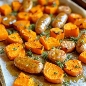 - 4 chicken sausages, sliced into 1-inch pieces - 2 medium sweet potatoes, peeled and cut into 1-inch cubes - 1 tablespoon extra-virgin olive oil - 2 tablespoons pure maple syrup - 1 teaspoon smoked paprika - 1 teaspoon garlic powder - 1 teaspoon fresh thyme leaves (or ½ teaspoon dried thyme) - Fresh parsley, chopped The main ingredients create the heart of this dish. Chicken sausages give protein and flavor. Sweet potatoes add sweetness and nutrition. Olive oil helps everything roast well. For seasoning, maple syrup brings a sweet touch. Smoked paprika adds warmth and depth. Garlic powder gives a nice savory kick. Thyme adds a fresh herb taste. If you want, add fresh parsley. It makes the dish look bright and fresh. Plus, it adds a pop of flavor. Enjoy creating this delightful meal! 1. Preheat your oven to 400°F (200°C). This will help cook everything evenly. 2. For the sweet potatoes, peel and cut them into 1-inch cubes. Place them in a large bowl. 3. Add 1 tablespoon of extra-virgin olive oil to the sweet potatoes. 4. Sprinkle in 1 teaspoon of smoked paprika, 1 teaspoon of garlic powder, salt, and black pepper. 5. Toss the sweet potatoes well. Make sure they are fully coated in oil and spices. 1. Spread the sweet potatoes on a baking sheet. Use parchment paper for easy cleanup. 2. Place the baking sheet in the oven. Roast the sweet potatoes for 15 minutes. 3. After 15 minutes, take out the baking sheet. Carefully add 4 sliced chicken sausages on top of the sweet potatoes. 1. Drizzle 2 tablespoons of pure maple syrup over the sausages and sweet potatoes. This adds a nice glaze. 2. Sprinkle fresh thyme leaves on top for more flavor. 3. Return the baking sheet to the oven. Roast for an additional 20 minutes. 4. Check that the sausages are golden brown and the sweet potatoes are fork-tender. 5. Once done, take the baking sheet out of the oven. Let it cool slightly, then serve. 6. For a nice touch, garnish with fresh chopped parsley before serving. - Achieving perfect caramelization: To get that golden brown color, spread the sweet potatoes out in a single layer. This allows the heat to circulate well. Use a hot oven at 400°F. This step helps the natural sugars in the sweet potatoes caramelize. - Ensuring fork-tender sweet potatoes: Cut your sweet potatoes into 1-inch cubes. This size cooks quickly and evenly. Roast them for about 15 minutes before adding the sausage. Check with a fork; if it goes in easily, they are ready. - Presentation ideas: Use a rustic platter to serve your dish. This gives a warm, inviting look. You can also use individual bowls for a modern touch. Top with extra fresh parsley for color. - Pairing with side dishes: Serve with a light salad or steamed veggies. A side of crusty bread will also complement the dish well. - Additional seasoning options: Try adding a pinch of cayenne pepper for heat. You can also sprinkle some cumin for a warm flavor. If you like herbs, rosemary pairs well too. - Substituting ingredients: If you can't find chicken sausage, turkey sausage works great. You can also swap sweet potatoes for butternut squash for a different flavor. {{image_4}} You can easily change the sausage type. Try turkey or veggie sausages for a twist. They add unique flavors to the dish. You can even use spicy sausages for a kick. For veggies, sweet potatoes are great, but you can swap in butternut squash or carrots. Both will roast well and add natural sweetness. Bell peppers or zucchini can also work for a fresh touch. In fall, add apples for a sweet crunch. Toss in some Brussels sprouts for extra texture. You can also include cranberries for a festive flair. In summer, consider using fresh corn and green beans. They add color and flavor. You can also use zucchini for a light feel. These tweaks keep the dish fresh all year. To make ahead, slice the sausages and cube the sweet potatoes early. Store them in airtight containers in the fridge. This saves time on busy days. For leftovers, keep them in the fridge for up to three days. Use glass containers to keep them fresh. You can reheat in the oven or microwave. Just ensure they are warmed through before enjoying again. You can store Maple Glazed Chicken Sausage and Sweet Potatoes in the fridge for up to three days. To keep them fresh, place the dish in an airtight container. This will help prevent any odors from other foods in the fridge. Make sure to let the dish cool before sealing it. To freeze the cooked dish, let it cool completely first. Then, transfer it to a freezer-safe bag or container. Remove as much air as possible to avoid freezer burn. This dish can stay fresh for up to three months in the freezer. When you’re ready to eat, defrost it overnight in the fridge. For a quicker option, use the defrost setting on your microwave. For the best taste, reheat in the oven. Preheat the oven to 350°F (175°C) and place the dish in a baking dish, covered with foil. Heat for about 20 minutes or until warmed through. You can also use the microwave for quick reheating. Just place a portion in a microwave-safe bowl and heat for 1-2 minutes. Stir halfway to ensure even heating. Can I use regular potatoes instead of sweet potatoes? Yes, you can use regular potatoes. They will change the dish's flavor and texture. Sweet potatoes add a natural sweetness that regular potatoes do not provide. How do I know when sweet potatoes are done? Sweet potatoes are done when they are fork-tender. You can test them by poking with a fork. If it slides in easily, they are ready. Is this recipe suitable for gluten-free diets? Yes, this recipe is gluten-free. The main ingredients do not contain gluten. Always check sausage labels to ensure they are gluten-free. How to make it lower in calories? You can lower calories by using less maple syrup. You may also use turkey sausage instead of chicken sausage to cut calories. Can I cook this dish on the stovetop? Yes, you can cook it on the stovetop. Use a large skillet and sauté sweet potatoes first. Once they soften, add the chicken sausage and glaze. What is a vegan substitute for chicken sausage? You can use plant-based sausage as a substitute for chicken sausage. Look for brands that mimic the texture and flavor of chicken sausage. This recipe is easy to follow and full of flavor. You start with chicken sausages and sweet potatoes, then add a tasty maple glaze. The tips will help you cook and serve this dish perfectly. You can make it your own with different ingredients and flavors. Finally, don’t forget to store leftovers properly to enjoy again. Cooking like this is fun and satisfying, and it lets you experiment with your meals. Enjoy making this dish!