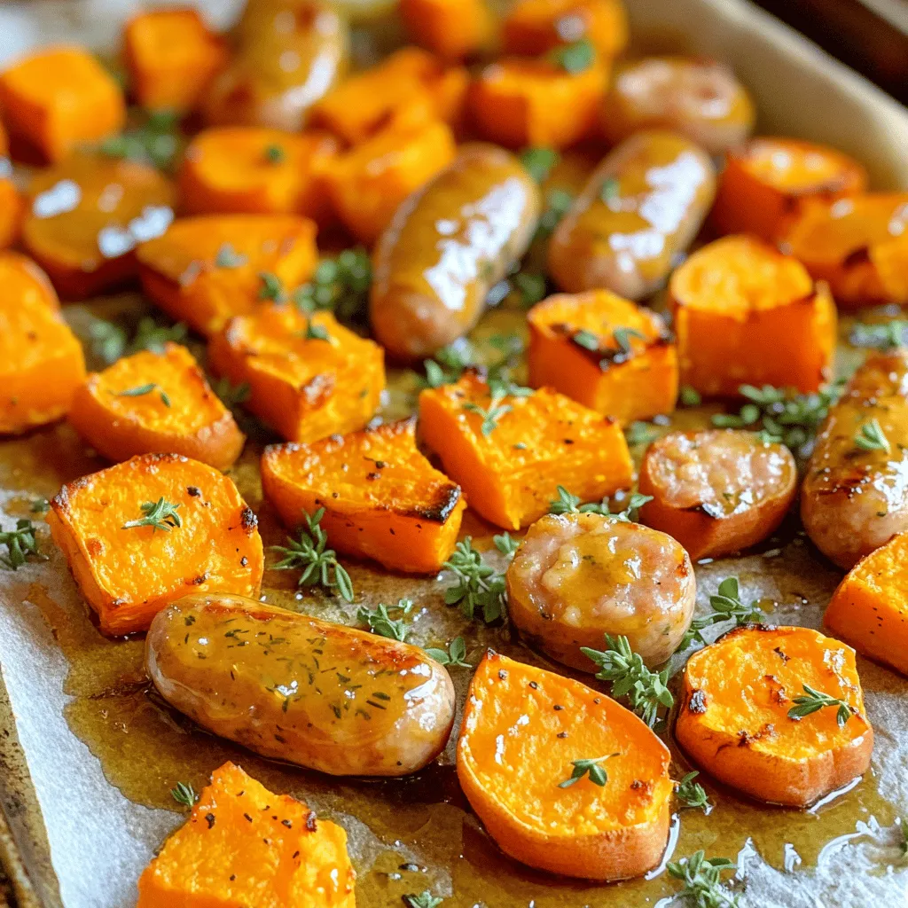 - 4 chicken sausages, sliced into 1-inch pieces - 2 medium sweet potatoes, peeled and cut into 1-inch cubes - 1 tablespoon extra-virgin olive oil - 2 tablespoons pure maple syrup - 1 teaspoon smoked paprika - 1 teaspoon garlic powder - 1 teaspoon fresh thyme leaves (or ½ teaspoon dried thyme) - Fresh parsley, chopped The main ingredients create the heart of this dish. Chicken sausages give protein and flavor. Sweet potatoes add sweetness and nutrition. Olive oil helps everything roast well. For seasoning, maple syrup brings a sweet touch. Smoked paprika adds warmth and depth. Garlic powder gives a nice savory kick. Thyme adds a fresh herb taste. If you want, add fresh parsley. It makes the dish look bright and fresh. Plus, it adds a pop of flavor. Enjoy creating this delightful meal! 1. Preheat your oven to 400°F (200°C). This will help cook everything evenly. 2. For the sweet potatoes, peel and cut them into 1-inch cubes. Place them in a large bowl. 3. Add 1 tablespoon of extra-virgin olive oil to the sweet potatoes. 4. Sprinkle in 1 teaspoon of smoked paprika, 1 teaspoon of garlic powder, salt, and black pepper. 5. Toss the sweet potatoes well. Make sure they are fully coated in oil and spices. 1. Spread the sweet potatoes on a baking sheet. Use parchment paper for easy cleanup. 2. Place the baking sheet in the oven. Roast the sweet potatoes for 15 minutes. 3. After 15 minutes, take out the baking sheet. Carefully add 4 sliced chicken sausages on top of the sweet potatoes. 1. Drizzle 2 tablespoons of pure maple syrup over the sausages and sweet potatoes. This adds a nice glaze. 2. Sprinkle fresh thyme leaves on top for more flavor. 3. Return the baking sheet to the oven. Roast for an additional 20 minutes. 4. Check that the sausages are golden brown and the sweet potatoes are fork-tender. 5. Once done, take the baking sheet out of the oven. Let it cool slightly, then serve. 6. For a nice touch, garnish with fresh chopped parsley before serving. - Achieving perfect caramelization: To get that golden brown color, spread the sweet potatoes out in a single layer. This allows the heat to circulate well. Use a hot oven at 400°F. This step helps the natural sugars in the sweet potatoes caramelize. - Ensuring fork-tender sweet potatoes: Cut your sweet potatoes into 1-inch cubes. This size cooks quickly and evenly. Roast them for about 15 minutes before adding the sausage. Check with a fork; if it goes in easily, they are ready. - Presentation ideas: Use a rustic platter to serve your dish. This gives a warm, inviting look. You can also use individual bowls for a modern touch. Top with extra fresh parsley for color. - Pairing with side dishes: Serve with a light salad or steamed veggies. A side of crusty bread will also complement the dish well. - Additional seasoning options: Try adding a pinch of cayenne pepper for heat. You can also sprinkle some cumin for a warm flavor. If you like herbs, rosemary pairs well too. - Substituting ingredients: If you can't find chicken sausage, turkey sausage works great. You can also swap sweet potatoes for butternut squash for a different flavor. {{image_4}} You can easily change the sausage type. Try turkey or veggie sausages for a twist. They add unique flavors to the dish. You can even use spicy sausages for a kick. For veggies, sweet potatoes are great, but you can swap in butternut squash or carrots. Both will roast well and add natural sweetness. Bell peppers or zucchini can also work for a fresh touch. In fall, add apples for a sweet crunch. Toss in some Brussels sprouts for extra texture. You can also include cranberries for a festive flair. In summer, consider using fresh corn and green beans. They add color and flavor. You can also use zucchini for a light feel. These tweaks keep the dish fresh all year. To make ahead, slice the sausages and cube the sweet potatoes early. Store them in airtight containers in the fridge. This saves time on busy days. For leftovers, keep them in the fridge for up to three days. Use glass containers to keep them fresh. You can reheat in the oven or microwave. Just ensure they are warmed through before enjoying again. You can store Maple Glazed Chicken Sausage and Sweet Potatoes in the fridge for up to three days. To keep them fresh, place the dish in an airtight container. This will help prevent any odors from other foods in the fridge. Make sure to let the dish cool before sealing it. To freeze the cooked dish, let it cool completely first. Then, transfer it to a freezer-safe bag or container. Remove as much air as possible to avoid freezer burn. This dish can stay fresh for up to three months in the freezer. When you’re ready to eat, defrost it overnight in the fridge. For a quicker option, use the defrost setting on your microwave. For the best taste, reheat in the oven. Preheat the oven to 350°F (175°C) and place the dish in a baking dish, covered with foil. Heat for about 20 minutes or until warmed through. You can also use the microwave for quick reheating. Just place a portion in a microwave-safe bowl and heat for 1-2 minutes. Stir halfway to ensure even heating. Can I use regular potatoes instead of sweet potatoes? Yes, you can use regular potatoes. They will change the dish's flavor and texture. Sweet potatoes add a natural sweetness that regular potatoes do not provide. How do I know when sweet potatoes are done? Sweet potatoes are done when they are fork-tender. You can test them by poking with a fork. If it slides in easily, they are ready. Is this recipe suitable for gluten-free diets? Yes, this recipe is gluten-free. The main ingredients do not contain gluten. Always check sausage labels to ensure they are gluten-free. How to make it lower in calories? You can lower calories by using less maple syrup. You may also use turkey sausage instead of chicken sausage to cut calories. Can I cook this dish on the stovetop? Yes, you can cook it on the stovetop. Use a large skillet and sauté sweet potatoes first. Once they soften, add the chicken sausage and glaze. What is a vegan substitute for chicken sausage? You can use plant-based sausage as a substitute for chicken sausage. Look for brands that mimic the texture and flavor of chicken sausage. This recipe is easy to follow and full of flavor. You start with chicken sausages and sweet potatoes, then add a tasty maple glaze. The tips will help you cook and serve this dish perfectly. You can make it your own with different ingredients and flavors. Finally, don’t forget to store leftovers properly to enjoy again. Cooking like this is fun and satisfying, and it lets you experiment with your meals. Enjoy making this dish!