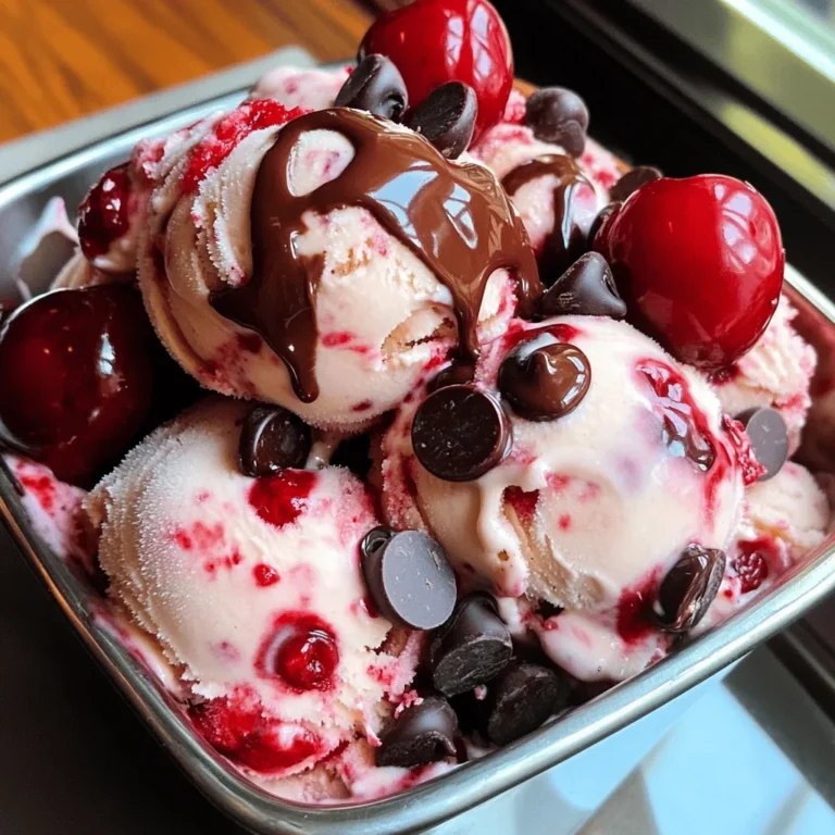 - 2 cups fresh cherries - 1 cup heavy cream - 1 cup whole milk To make this ice cream, start with fresh cherries. Choose firm, ripe ones for the best taste. These cherries bring a bright flavor that pairs well with chocolate. Heavy cream adds richness, while whole milk keeps it smooth. Together, they create a creamy base. - 3/4 cup granulated sugar - 1 teaspoon pure vanilla extract - 1 small pinch of salt Next, grab some sugar. It sweetens the cream and balances the tart cherries. Pure vanilla extract enhances the overall flavor. A pinch of salt boosts taste and rounds out the sweetness. These ingredients are simple but important for a great ice cream. - 1/2 cup dark chocolate chips Now, let’s talk about chocolate chips. Dark chocolate adds a rich, deep flavor. It contrasts nicely with the sweet cherries. Using quality chocolate chips makes a big difference. They melt slightly in the ice cream, adding to the creamy texture. Enjoy every scoop of this delicious homemade treat! Start by chopping 2 cups of fresh cherries. Place them in a small bowl. Toss the cherries with 1/4 cup of granulated sugar. Let the mixture sit for about 15 minutes. This step helps the cherries release their natural juices. It also makes them taste sweeter. In a large bowl, mix together 1 cup of heavy cream, 1 cup of whole milk, and 1/2 cup of granulated sugar. Add 1 teaspoon of pure vanilla extract and a small pinch of salt. Whisk all the ingredients for 2 to 3 minutes. Make sure the sugar is fully dissolved. This creamy base is the heart of your ice cream. Once the cherries have released their juices, gently fold the cherry mixture into the cream base. Use a rubber spatula for this. Be careful to mix slowly to keep the cherries intact. This step ensures every bite has the right balance of cream and fruit. Cover the bowl with plastic wrap and place it in the refrigerator. Chill the mixture for at least 2 hours. This allows the flavors to meld. After chilling, pour the mixture into your ice cream maker. Churn it according to the manufacturer's instructions. It usually takes about 20 to 25 minutes for a soft-serve texture. In the last 5 minutes of churning, add 1/2 cup of dark chocolate chips. This method ensures the chips spread evenly throughout the ice cream. Once churned, transfer the ice cream to an airtight container. Smooth the top and freeze it for at least 4 hours. This final step makes the ice cream firm and scoopable. Fresh cherries make all the difference. They add bright taste and juicy goodness. Look for cherries that are firm, shiny, and deep red. The darker the cherry, the sweeter it is. This sweetness really boosts the flavor of your ice cream. When choosing dark chocolate chips, go for high-quality brands. They should contain at least 60% cocoa for rich taste. Try to avoid chips with added wax or fillers. This helps keep your ice cream smooth and tasty. To prevent chocolate chips from sinking, add them in the last few minutes of churning. This way, they stay evenly spread throughout the ice cream. If you add them too soon, they will fall to the bottom. For a creamy consistency, whisk the cream and milk until the sugar dissolves completely. This step is key. Also, chilling the mixture for a few hours helps it churn better. The colder it is, the creamier your ice cream will be. For a lovely presentation, serve the ice cream in chilled bowls. You can top each bowl with a whole cherry for a fun touch. A drizzle of chocolate sauce adds elegance and extra flavor. Pair this treat with fresh mint leaves or crushed nuts for added crunch. The contrast of flavors makes each scoop even more enjoyable. {{image_4}} You can swap out cherries for other fruits. Try fresh strawberries, raspberries, or blueberries. These berries add a different taste and color. Using seasonal fruits also brings new flavors. In summer, peaches or apricots work great. In fall, try apples or pears for a cozy treat. Change the chocolate type to suit your taste. Use white or milk chocolate chips instead of dark. This gives a sweeter flavor and creamier texture. Adding cocoa powder can deepen the chocolate taste. Mix in a few tablespoons to boost that rich chocolate flavor. You can make this ice cream dairy-free. Use coconut milk or almond milk instead of cream and milk. These options add a nice creaminess and flavor. Sweeten with agave or maple syrup for a vegan treat. This keeps it tasty without dairy. To keep your ice cream fresh, use airtight containers. These help seal in flavor and keep ice crystals from forming. If ice crystals form, they can affect the texture. Always scoop out the amount you want, then seal it back up tight. This way, it stays creamy and delicious. Homemade ice cream can last about two weeks in the freezer. After that, it may start to lose flavor. Watch for signs of spoilage, like ice crystals on the top or a strange smell. If you see or smell something off, it's best to toss it. When you're ready to serve, sometimes ice cream can be too hard. Let it sit at room temperature for about 5 minutes. This helps soften it without melting too much. If you want to reheat scoops, place them in a warm bowl for a minute. This gives you a nice, smooth scoop to enjoy! You can make this ice cream without a machine. First, mix your cream, milk, sugar, and vanilla. Add the cherries like normal. Then, pour the mix into a shallow dish. Freeze it for about 2 hours. Every 30 minutes, stir it with a fork. This keeps it creamy and breaks up ice crystals. After about 4 hours, it should be ready to scoop! Yes, you can use frozen cherries. They can be just as tasty. Frozen cherries save time and are often picked at peak ripeness. However, let them thaw before using. Drain any extra juice. This helps keep your ice cream from becoming too watery. Here are a few common mistakes: - Not chilling the mixture long enough. This makes it harder to churn. - Adding chocolate chips too early. They can sink to the bottom. - Over-churning the ice cream. This can make it icy instead of creamy. - Skipping the salt. A pinch of salt helps bring out the flavors. Absolutely! If you love chocolate, feel free to add more chips. Start with an extra 1/4 cup and see how it tastes. Just remember that too many can change the texture. Balance is key for the best taste! This blog post covered how to make cherry chocolate chip ice cream from fresh ingredients. You learned about preparing cherries, making a creamy base, and mixing the flavors. I provided tips for the best taste and texture, plus ways to customize your ice cream. Lastly, we discussed proper storage and answered common questions. Making ice cream at home is fun and rewarding. Enjoy the sweet results of your hard work!