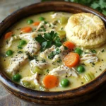 Here’s what you need to make a tasty creamy chicken pot pie soup. Each ingredient adds flavor and heartiness to this dish. - 1 lb (450g) boneless, skinless chicken breasts, diced into bite-sized pieces - 2 tablespoons extra virgin olive oil - 1 medium onion, finely diced - 2 cloves garlic, minced - 3 medium carrots, peeled and diced - 2 celery stalks, diced - 1 cup frozen green peas - 4 cups low-sodium chicken broth - 1 cup heavy cream - 1 teaspoon dried thyme - 1 teaspoon dried parsley - 1 teaspoon salt (or to taste) - 1/2 teaspoon freshly ground black pepper (or to taste) - 1/4 cup all-purpose flour - 1 tablespoon freshly squeezed lemon juice - Fresh parsley, chopped, for garnish (optional) - Warm biscuits or pie crusts, for serving (optional) Each of these ingredients plays a role in creating a rich and creamy soup. The chicken is the star, providing protein. The veggies add texture and color. The broth and cream make it cozy and filling. Seasonings bring everything together, ensuring every bite is delicious. You can even add biscuits or pie crusts for a fun twist! Start by heating two tablespoons of olive oil in a large pot over medium heat. Add one pound of diced chicken breasts. Cook for about six to eight minutes. Stir the chicken often until it turns golden brown and cooks through. Once done, remove the chicken from the pot and place it on a plate. This step adds flavor to the soup. In the same pot, add one finely diced onion, two minced garlic cloves, three diced carrots, and two diced celery stalks. Sauté these vegetables for about five to seven minutes. Cook until they soften and the onion becomes clear. This step helps build a solid flavor base for your soup. Next, sprinkle a quarter cup of all-purpose flour over the soft vegetables. Stir well to coat them evenly. Cook this mixture for an extra two minutes. This helps to toast the flour, enhancing its taste. Then, gradually pour in four cups of low-sodium chicken broth while stirring. Keep stirring to avoid lumps. Bring this mixture to a gentle boil. Now, return the cooked chicken to the pot. Add one cup of frozen peas, one cup of heavy cream, one teaspoon of dried thyme, one teaspoon of dried parsley, one teaspoon of salt, and half a teaspoon of black pepper. Stir everything together. Reduce the heat and let the soup simmer. This will blend the flavors nicely. Before serving, add one tablespoon of freshly squeezed lemon juice to the pot. This brightens the soup’s flavors. Let the soup simmer for about ten to fifteen minutes. Stir occasionally until it reaches your desired thickness. Taste and adjust the seasoning if needed. Garnish with fresh parsley for color. Enjoy this comforting and hearty meal with warm biscuits or pie crusts! Seasoning makes or breaks a dish. Always season at each step. Start with salt and pepper when cooking the chicken. Add more salt when sautéing vegetables. A pinch of salt brings out the flavors. Using fresh ingredients gives the best taste. Fresh veggies add crunch and flavor. I prefer fresh chicken over frozen for juiciness. Frozen peas work well since they are sweet and thaw quickly. You can easily adapt this soup to fit diets. For a lighter version, swap heavy cream with milk or a non-dairy option. If you want more fiber, add beans or lentils. Feel free to toss in more vegetables. Sweet corn, green beans, or potatoes add variety. You can also add proteins like cooked turkey or tofu for a twist. Garnishing makes the soup look fancy. Sprinkle fresh parsley on top before serving. It adds color and freshness. Serve the soup in large bowls for a hearty meal. Pair it with warm biscuits or flaky pie crusts. This combo makes every bite even more comforting. Enjoy the warmth and flavor! {{image_4}} You can make this creamy chicken pot pie soup lighter. Try substituting the heavy cream with half-and-half or coconut milk. These options cut calories while keeping a creamy texture. Another healthy twist is to add quinoa or brown rice. They add bulk and nutrition, making the meal heartier and more filling. This way, you can enjoy comfort without the guilt. Add fresh herbs to enhance the flavor. Rosemary or basil can give your soup a fresh taste. You can also add spices like paprika or cayenne pepper for a gentle kick. This little change can turn a comforting soup into a vibrant dish. Just a pinch can make a big difference. Play around with spices and herbs to find what you love. Get creative by drawing inspiration from global cuisines. For example, consider adding some curry powder for an Indian flair. You could also incorporate some soy sauce and ginger for a taste of Asia. Unique ingredients like corn or beans can give your soup an exciting twist. Don’t be afraid to experiment. Each variation can lead to a new favorite recipe! To keep your soup fresh, let it cool completely before storing. Use airtight containers to keep out air and moisture. Glass or BPA-free plastic containers work great for this. If you plan to freeze the soup, leave some space at the top of the container. This allows for expansion as the soup freezes. When reheating your soup, do it slowly over low heat. Stir it often to keep it from sticking. If the soup seems too thick, add a splash of chicken broth or water. This helps restore its creamy texture. Taste as you heat, and adjust the seasoning if needed. In the refrigerator, this soup lasts about 3 to 4 days. Always check for signs of spoilage. If you see mold or smell something off, it’s best to throw it away. When stored in the freezer, it can last up to 3 months. Just thaw it in the fridge before reheating. Yes, you can make this soup ahead of time. It stores well in the fridge for about three days. To meal prep, cool the soup completely before transferring it to an airtight container. When ready to eat, just reheat on the stove. You may want to add a splash of broth if it thickens too much in the fridge. Absolutely! You can use canned chickpeas or tofu for a vegetarian option. If you prefer other proteins, try turkey or even shrimp. Both options will work well and keep the soup hearty and satisfying. Serve this soup with warm biscuits or flaky pie crusts. They add a nice touch and are perfect for dipping. A simple side salad can also add freshness. A green salad with a light vinaigrette pairs well to balance the richness of the soup. If your soup is too thin, there are quick fixes. You can mix a tablespoon of cornstarch with cold water and stir it into the soup. Let it simmer for a few minutes until it thickens. Another option is to mash some of the vegetables against the pot's side to create a thicker texture. The original recipe contains all-purpose flour, which is not gluten-free. To make the soup gluten-free, you can use a gluten-free flour blend instead. Also, ensure your chicken broth is gluten-free to keep the entire dish safe for those with gluten sensitivities. This blog post covered how to make a delicious Creamy Chicken Pot Pie Soup. You learned the key ingredients and detailed steps for making it at home. We also discussed tips for flavor, variations, and storage. You can customize it to fit your needs and impress your diners. Enjoy your cooking adventure, and remember, the best part is sharing your soup with family and friends!