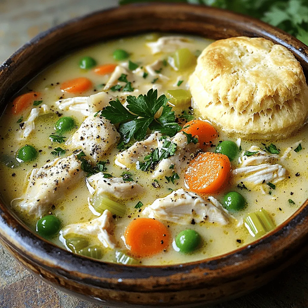 Here’s what you need to make a tasty creamy chicken pot pie soup. Each ingredient adds flavor and heartiness to this dish. - 1 lb (450g) boneless, skinless chicken breasts, diced into bite-sized pieces - 2 tablespoons extra virgin olive oil - 1 medium onion, finely diced - 2 cloves garlic, minced - 3 medium carrots, peeled and diced - 2 celery stalks, diced - 1 cup frozen green peas - 4 cups low-sodium chicken broth - 1 cup heavy cream - 1 teaspoon dried thyme - 1 teaspoon dried parsley - 1 teaspoon salt (or to taste) - 1/2 teaspoon freshly ground black pepper (or to taste) - 1/4 cup all-purpose flour - 1 tablespoon freshly squeezed lemon juice - Fresh parsley, chopped, for garnish (optional) - Warm biscuits or pie crusts, for serving (optional) Each of these ingredients plays a role in creating a rich and creamy soup. The chicken is the star, providing protein. The veggies add texture and color. The broth and cream make it cozy and filling. Seasonings bring everything together, ensuring every bite is delicious. You can even add biscuits or pie crusts for a fun twist! Start by heating two tablespoons of olive oil in a large pot over medium heat. Add one pound of diced chicken breasts. Cook for about six to eight minutes. Stir the chicken often until it turns golden brown and cooks through. Once done, remove the chicken from the pot and place it on a plate. This step adds flavor to the soup. In the same pot, add one finely diced onion, two minced garlic cloves, three diced carrots, and two diced celery stalks. Sauté these vegetables for about five to seven minutes. Cook until they soften and the onion becomes clear. This step helps build a solid flavor base for your soup. Next, sprinkle a quarter cup of all-purpose flour over the soft vegetables. Stir well to coat them evenly. Cook this mixture for an extra two minutes. This helps to toast the flour, enhancing its taste. Then, gradually pour in four cups of low-sodium chicken broth while stirring. Keep stirring to avoid lumps. Bring this mixture to a gentle boil. Now, return the cooked chicken to the pot. Add one cup of frozen peas, one cup of heavy cream, one teaspoon of dried thyme, one teaspoon of dried parsley, one teaspoon of salt, and half a teaspoon of black pepper. Stir everything together. Reduce the heat and let the soup simmer. This will blend the flavors nicely. Before serving, add one tablespoon of freshly squeezed lemon juice to the pot. This brightens the soup’s flavors. Let the soup simmer for about ten to fifteen minutes. Stir occasionally until it reaches your desired thickness. Taste and adjust the seasoning if needed. Garnish with fresh parsley for color. Enjoy this comforting and hearty meal with warm biscuits or pie crusts! Seasoning makes or breaks a dish. Always season at each step. Start with salt and pepper when cooking the chicken. Add more salt when sautéing vegetables. A pinch of salt brings out the flavors. Using fresh ingredients gives the best taste. Fresh veggies add crunch and flavor. I prefer fresh chicken over frozen for juiciness. Frozen peas work well since they are sweet and thaw quickly. You can easily adapt this soup to fit diets. For a lighter version, swap heavy cream with milk or a non-dairy option. If you want more fiber, add beans or lentils. Feel free to toss in more vegetables. Sweet corn, green beans, or potatoes add variety. You can also add proteins like cooked turkey or tofu for a twist. Garnishing makes the soup look fancy. Sprinkle fresh parsley on top before serving. It adds color and freshness. Serve the soup in large bowls for a hearty meal. Pair it with warm biscuits or flaky pie crusts. This combo makes every bite even more comforting. Enjoy the warmth and flavor! {{image_4}} You can make this creamy chicken pot pie soup lighter. Try substituting the heavy cream with half-and-half or coconut milk. These options cut calories while keeping a creamy texture. Another healthy twist is to add quinoa or brown rice. They add bulk and nutrition, making the meal heartier and more filling. This way, you can enjoy comfort without the guilt. Add fresh herbs to enhance the flavor. Rosemary or basil can give your soup a fresh taste. You can also add spices like paprika or cayenne pepper for a gentle kick. This little change can turn a comforting soup into a vibrant dish. Just a pinch can make a big difference. Play around with spices and herbs to find what you love. Get creative by drawing inspiration from global cuisines. For example, consider adding some curry powder for an Indian flair. You could also incorporate some soy sauce and ginger for a taste of Asia. Unique ingredients like corn or beans can give your soup an exciting twist. Don’t be afraid to experiment. Each variation can lead to a new favorite recipe! To keep your soup fresh, let it cool completely before storing. Use airtight containers to keep out air and moisture. Glass or BPA-free plastic containers work great for this. If you plan to freeze the soup, leave some space at the top of the container. This allows for expansion as the soup freezes. When reheating your soup, do it slowly over low heat. Stir it often to keep it from sticking. If the soup seems too thick, add a splash of chicken broth or water. This helps restore its creamy texture. Taste as you heat, and adjust the seasoning if needed. In the refrigerator, this soup lasts about 3 to 4 days. Always check for signs of spoilage. If you see mold or smell something off, it’s best to throw it away. When stored in the freezer, it can last up to 3 months. Just thaw it in the fridge before reheating. Yes, you can make this soup ahead of time. It stores well in the fridge for about three days. To meal prep, cool the soup completely before transferring it to an airtight container. When ready to eat, just reheat on the stove. You may want to add a splash of broth if it thickens too much in the fridge. Absolutely! You can use canned chickpeas or tofu for a vegetarian option. If you prefer other proteins, try turkey or even shrimp. Both options will work well and keep the soup hearty and satisfying. Serve this soup with warm biscuits or flaky pie crusts. They add a nice touch and are perfect for dipping. A simple side salad can also add freshness. A green salad with a light vinaigrette pairs well to balance the richness of the soup. If your soup is too thin, there are quick fixes. You can mix a tablespoon of cornstarch with cold water and stir it into the soup. Let it simmer for a few minutes until it thickens. Another option is to mash some of the vegetables against the pot's side to create a thicker texture. The original recipe contains all-purpose flour, which is not gluten-free. To make the soup gluten-free, you can use a gluten-free flour blend instead. Also, ensure your chicken broth is gluten-free to keep the entire dish safe for those with gluten sensitivities. This blog post covered how to make a delicious Creamy Chicken Pot Pie Soup. You learned the key ingredients and detailed steps for making it at home. We also discussed tips for flavor, variations, and storage. You can customize it to fit your needs and impress your diners. Enjoy your cooking adventure, and remember, the best part is sharing your soup with family and friends!