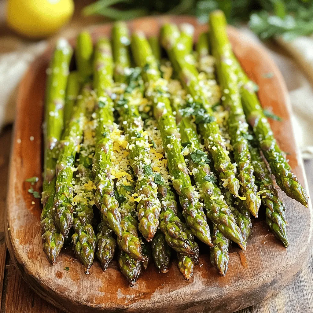 To start, you need one bunch of fresh asparagus. Look for bright green spears. They should feel firm and snap easily when bent. Trim the ends to remove any tough parts. This helps ensure you get tender bites with each crispy spear. Next, gather 2 tablespoons of extra virgin olive oil. This adds richness and helps the seasonings stick. You’ll also need a mix of spices: 1 teaspoon each of garlic powder, dried oregano, and dried thyme. Add ½ teaspoon of sea salt and ¼ teaspoon of black pepper. These flavors make the asparagus pop! For that delicious cheesy taste, use ¼ cup of freshly grated Parmesan cheese. It adds a savory touch and a nice crunch when cooked. Finally, zest one lemon. The bright lemon zest lifts the dish with its fresh citrus note. These ingredients blend beautifully for a delightful dish! First, you need to preheat your air fryer. Set it to 400°F (200°C). Let it heat for about 5 minutes. This step is key for crispy asparagus. Next, grab a medium mixing bowl. Add 2 tablespoons of extra virgin olive oil. Then, mix in 1 teaspoon of garlic powder, 1 teaspoon of dried oregano, and 1 teaspoon of dried thyme. Toss in ½ teaspoon of sea salt and ¼ teaspoon of black pepper. Whisk everything together until it blends well. This herb mix adds lots of flavor. Take your trimmed asparagus spears and place them in the bowl. Gently toss the asparagus in the herb marinade. Make sure every spear gets coated nicely. After that, sprinkle ¼ cup of freshly grated Parmesan cheese on top. Toss again to evenly distribute the cheese. This gives the asparagus that crispy, cheesy crust. Now, it's time to arrange the asparagus. Place the coated spears in a single layer in the air fryer basket. If your basket is small, cook in batches for even results. Air fry the asparagus for 8 to 10 minutes. Remember to shake the basket halfway through. This will help them cook evenly. When they are done, they should look crispy and golden-brown. Finally, take them out and sprinkle with fresh lemon zest for a burst of flavor. Enjoy your crispy Parmesan herb asparagus! To get that perfect crispiness, start with fresh asparagus. Make sure you trim the ends. This helps them cook evenly. Coat the asparagus well with the olive oil and spices. The oil helps the cheese stick and adds flavor. Don’t crowd the air fryer basket. Leave space for hot air to flow. This keeps each spear crispy. Cooking time can change based on thickness. Thin asparagus takes about 8 minutes. Medium-sized spears need around 10 minutes. Thick asparagus may require up to 12 minutes. Always check for doneness. The asparagus should look golden brown and feel tender but firm. If you shake the basket halfway through, it helps them cook evenly. Serve your crispy asparagus on a nice platter. Drizzle a bit of olive oil over the top. This adds shine and flavor. Sprinkle fresh herbs like parsley or basil for color. A pinch of lemon zest on top brightens the dish. This makes it look and taste fresh. Enjoy this tasty delight as an appetizer or a side dish with your meal! {{image_4}} If you love garlic, you can boost its flavor. Add 1-2 minced garlic cloves to the herb mix. This makes the dish even more fragrant and tasty. The garlic pairs well with the Parmesan. It gives the asparagus a lovely depth of flavor. You can also roast the garlic before mixing it in. This adds a sweet, mellow taste that is divine! Want some spice? Sprinkle red pepper flakes over the asparagus. Start with 1/4 teaspoon for a mild kick. You can add more if you like it hot! The heat from the flakes contrasts well with the cheese. This variation makes the dish exciting and fun. It’s perfect for those who enjoy a bit of heat in their meals. For a vegan twist, swap Parmesan with nutritional yeast. Use about 1/4 cup for a cheesy flavor. Nutritional yeast is packed with nutrients and adds a savory taste. Combine it with garlic powder and herbs for a full flavor. This option keeps the dish creamy without using dairy. It’s a great choice for anyone on a plant-based diet. After you enjoy your crispy Parmesan herb air fryer asparagus, you may have some left. To store it, let the asparagus cool completely. Place the leftovers in an airtight container. You can keep it in the fridge for up to three days. This will help keep the flavor fresh. When you want to eat the leftovers, reheating properly is key. I recommend using your air fryer again. Set it to 350°F (175°C). Place the asparagus inside for about 3-5 minutes. This will help restore the crispiness. You can also use a regular oven if you prefer, but the air fryer works best. If you want to freeze the asparagus, make sure it is fully cooled first. Place the cooled pieces in a freezer bag. Squeeze out as much air as possible before sealing. You can store it in the freezer for up to two months. When you’re ready to eat, thaw it in the fridge overnight and reheat as mentioned before. To keep your asparagus crispy, use fresh, firm spears. Trim any tough ends. Toss them in olive oil and seasonings evenly. Make sure to space them out in the air fryer. This helps hot air circulate. Air fry at 400°F (200°C) for 8-10 minutes. Shake the basket halfway through cooking. This ensures even crispness. Yes, you can use other cheeses. Pecorino Romano adds a salty kick. Cheddar gives a rich, creamy flavor. Nutritional yeast is great for a vegan option. It provides a cheesy taste without dairy. Each cheese changes the dish’s flavor, so choose what you love. Crispy asparagus pairs well with many dishes. Try it with grilled chicken or fish. It also complements pasta salads or quinoa bowls. For a hearty meal, serve it with steak or pork chops. Add it to an omelet for a tasty breakfast or brunch idea. Look for bright green asparagus with firm stems. The tips should be closed and compact. Avoid any yellowing or soft spots. The spears should snap easily when bent. This indicates freshness. If you can, buy asparagus that is in season for the best flavor. In this blog post, we explored how to make delicious air-fried asparagus. We covered fresh ingredients, step-by-step cooking, and tips for perfect results. Variations like garlic parmesan and vegan options add fun twists. Store leftovers properly to enjoy later. Remember, a few simple steps lead to crisp asparagus that enhances your meal. Use these tips and enjoy your cooking adventure!