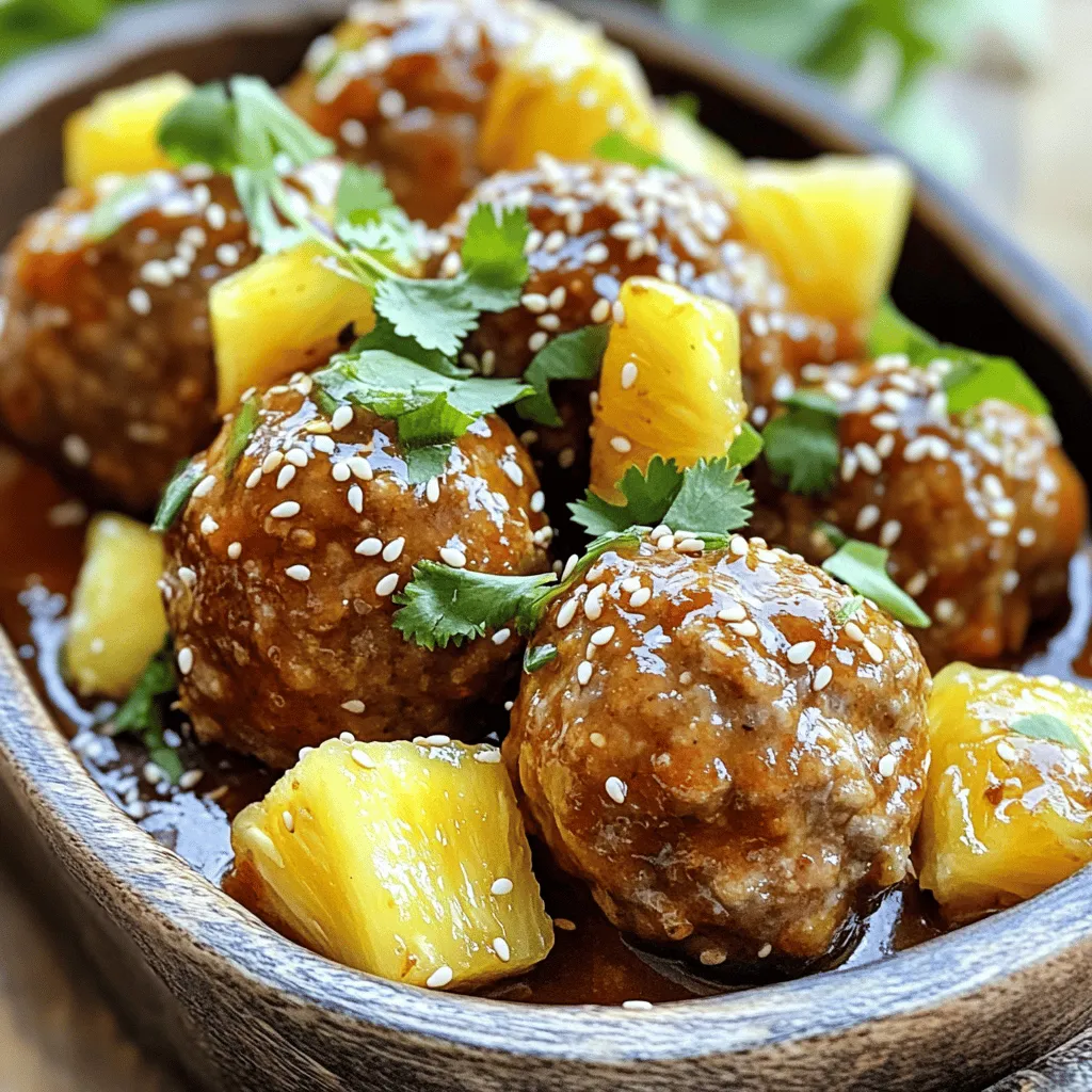 - 1 lb ground chicken or turkey - 1/2 cup bread crumbs - 1/4 cup grated Parmesan cheese - 1/4 cup finely chopped green onions (scallions) - 1 large egg In this dish, the ground chicken or turkey forms the base of the meatballs. Using chicken or turkey keeps it light. The bread crumbs give the meatballs a nice texture. Parmesan cheese adds a savory flavor that enhances each bite. The green onions bring freshness, while the egg binds everything together. - 1 teaspoon garlic powder - 1 teaspoon ginger powder - Salt and pepper to taste Garlic powder gives a warm, savory flavor. Ginger powder adds a hint of spice. Salt and pepper balance the taste. These simple flavor enhancers make the meatballs pop. They are key to making each bite delicious. - 1/2 cup sweet chili sauce - 2 tablespoons soy sauce - 1 cup pineapple chunks The sweet chili sauce provides a tangy sweetness. Soy sauce brings in umami and depth. Pineapple chunks add a burst of juicy flavor. Mixing these together creates a sauce that coats the meatballs perfectly. The sauce is a sweet and savory delight that pairs well with the meatballs. Set your oven temperature to 400°F (200°C). This step is key. A hot oven helps meatballs cook well and get that nice golden color. In a large bowl, combine 1 lb of ground chicken or turkey with 1/2 cup of bread crumbs, 1/4 cup of grated Parmesan cheese, and 1/4 cup of finely chopped green onions. Add 1 large egg, 1 teaspoon of garlic powder, and 1 teaspoon of ginger powder. Season with salt and pepper to taste. Mix everything gently. Be careful not to over-mix. Over-mixing can make your meatballs tough. Shape the mixture into small meatballs, about 1 inch wide. Wet your hands with water to prevent sticking. Place them on a baking sheet lined with parchment paper. Bake the meatballs in the oven for 15-20 minutes. They need to be golden brown and reach an internal temperature of 165°F (74°C). While they bake, prepare the sauce. In a medium saucepan, mix 1/2 cup of sweet chili sauce and 2 tablespoons of soy sauce over medium heat. Add 1 cup of pineapple chunks. Stir occasionally as it warms. Let it simmer for 3-5 minutes until the sauce thickens. Once the meatballs are done, add them to the saucepan. Gently stir to coat each meatball in the sauce. Serve them warm. Enjoy the sweet and spicy flavors! - Checking for doneness with a meat thermometer: Use a meat thermometer to ensure your meatballs are safe to eat. Insert it into the center of a meatball. You want it to read 165°F (74°C). This will confirm they are cooked through and juicy. - Avoiding over-mixing the meatball mixture: Mix the meatball ingredients just until combined. If you mix too much, the meatballs can become tough. Gently combine everything for a soft, tender bite. - Garnishing with sesame seeds and fresh cilantro: After cooking, sprinkle sesame seeds on top. Then, add fresh cilantro for color. This makes your dish look vibrant and appealing. - Serving suggestions with toothpicks: Serve your meatballs on a large platter. Provide toothpicks for easy grabbing. This makes them perfect for parties or gatherings. - Adapting sauce with different chili sauces: Feel free to switch up the sweet chili sauce. Use a spicy chili sauce for more heat. You can also try a garlic chili sauce for a different flavor. - Adding additional fruits for a twist: Experiment by adding fruits like mango or bell peppers to the sauce. This can give your meatballs a unique taste and fresh texture. {{image_4}} You can switch the ground chicken or turkey for ground beef. Beef adds a hearty flavor. If you want a lighter meal, try plant-based meat. Brands like Beyond Meat work well in this recipe. You can also mix meats for a unique taste. Combining beef and chicken gives a nice balance of flavors. If you need a gluten-free meal, use gluten-free bread crumbs. These crumbs are easy to find in stores. You can also use almond flour instead of bread crumbs. Almond flour keeps the meatballs moist and gives them a nice texture. To make the meatballs spicier, add sriracha or red pepper flakes. Start small, then taste as you go. If you like fresh herbs, try adding cilantro or basil. These herbs brighten the dish and add a fresh touch. Feel free to experiment with spices to match your taste! To store leftover meatballs, let them cool first. Place them in an airtight container. This helps keep them fresh and tasty. You can store them in the fridge for up to three days. If you're ready to eat, just reheat them in the oven or microwave. If you want to freeze the meatballs, first let them cool completely. Then, place them on a baking sheet. Make sure they are not touching each other. Freeze them for about 1 hour. Once frozen, transfer the meatballs to a freezer-safe bag. Remove excess air and seal tightly. To reheat, thaw in the fridge overnight. Warm them in the oven or microwave until hot. In the fridge, the meatballs last up to three days. In the freezer, they can stay fresh for about three months. Always check for any signs of spoilage before eating. This way, you enjoy your sweet chili pineapple meatballs at their best! Yes, you can use other meats! Ground beef or pork works well. If you prefer, try ground lamb or even plant-based meat. Each option brings a unique taste. Just keep in mind that cooking times may vary slightly. The key is to ensure your meatballs reach the right internal temperature of 165°F (74°C). These meatballs pair great with rice or noodles. You can also serve them with a fresh salad. For a fun twist, try them in sliders with mini buns. If you want extra crunch, add some crispy veggies on the side. These options enhance the meal and add balance to the flavors. To add more heat, mix in sriracha or red pepper flakes. You can also use a spicier chili sauce instead of sweet chili sauce. For even more flavor, add minced jalapeños or habaneros. Start with small amounts, then taste as you go. This way, you can find the perfect spice level for your taste. In summary, this blog covers making sweet chili pineapple meatballs from scratch. We discussed main ingredients like ground chicken, flavor enhancers, and sauce components. I shared step-by-step instructions for preparation and baking, along with essential tips for cooking and presentation. You can easily adapt this recipe for different proteins or dietary needs. Remember, storage is key for leftovers. You can enjoy these meatballs fresh, frozen, or even spicy. Dive in and create a tasty treat that everyone can love!