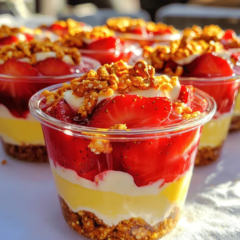 Strawberry Pretzel Salad Cups are a fun and tasty dessert. They have a crunchy pretzel crust, a creamy cheese layer, and a fresh strawberry top. This dish is easy to make and a hit with everyone. - Crust ingredients: - 1 cup crushed pretzels - 2 tablespoons granulated sugar - 1/2 cup unsalted butter, melted - Cream cheese layer ingredients: - 8 oz cream cheese, softened to room temperature - 1 cup powdered sugar - 1 cup whipped topping (such as Cool Whip) - Strawberry layer ingredients: - 2 cups fresh strawberries, hulled and sliced - 1 cup strawberry gelatin mix (powdered) - 2 cups boiling water - 2 cups cold water These ingredients come together to create a delightful treat. The salty pretzels balance the sweet cream and strawberries. You will love how they blend perfectly! 1. Preheat oven and combine ingredients: Start by preheating your oven to 350°F (175°C). In a bowl, mix 1 cup of crushed pretzels, 2 tablespoons of granulated sugar, and 1/2 cup of melted unsalted butter. Stir until everything combines well. 2. Press and bake the crust: Next, press the pretzel mixture into the bottom of a baking dish or cups. Bake for about 10 minutes. You want it golden but not too hard. 3. Cooling time requirements: After baking, remove the dish from the oven and let it cool completely at room temperature. This step is key for a good texture. 1. Mixing cream cheese and powdered sugar: In a separate bowl, beat 8 oz of softened cream cheese with an electric mixer. Add 1 cup of powdered sugar slowly until smooth and creamy. 2. Incorporating whipped topping: Now, gently fold in 1 cup of whipped topping. This adds lightness to the cream cheese layer. 1. Dissolving gelatin and cooling: In another bowl, mix 1 cup of strawberry gelatin powder with 2 cups of boiling water. Stir well until the gelatin dissolves. Then, add 2 cups of cold water. 2. Mixing in strawberries: Add 2 cups of hulled and sliced fresh strawberries into the gelatin mixture. Stir gently to mix. 1. Layer construction process: Once the pretzel crust has cooled, spread the cream cheese layer evenly over it. Then, carefully pour the strawberry gelatin mixture on top. Make sure to cover it well without mixing the layers. 2. Chilling instructions before serving: Finally, place the dish in the fridge. Chill for at least 3-4 hours, or until the gelatin is firm. This waiting time helps all the flavors meld together. To make the perfect pretzel crust, avoid sogginess by letting it cool completely after baking. This step is key. If you skip it, the cream cheese layer can make the crust mushy. For a better texture, use finely crushed pretzels. You can even mix in some crushed nuts for an extra crunch. It adds flavor and makes your crust unique. Want to try something new? Swap granulated sugar with honey or agave. These sweeteners bring a nice twist. You can also add a dash of vanilla extract or almond extract for more flavor. Think about toppings too! Fresh fruit, chocolate shavings, or a drizzle of caramel can make this layer pop. Presentation is key with Strawberry Pretzel Salad Cups. Serve them on a bright platter to make them stand out. Top each cup with fresh strawberry slices for a burst of color. Pair these cups with a refreshing drink like lemonade or iced tea. They also go great with brunch items like waffles or pancakes. Your guests will love the mix! {{image_4}} You can switch out strawberries for other fruits. Try peaches, blueberries, or raspberries. Each fruit brings its own taste and charm. For a mixed berry version, just combine berries. This lets you enjoy many flavors in one cup. Each fruit pairs well with the creamy layer. If you need gluten-free, look for gluten-free pretzels. Many brands offer great choices. You can also make your own by crushing gluten-free crackers. For the rest of the recipe, just stick to gluten-free ingredients. This way, everyone can enjoy this treat. For a lower sugar version, use less sugar in the cream cheese mix. You can also find low-sugar gelatin options. If you want to make it vegan, use a plant-based cream cheese. Look for brands that taste good and whip well. Top with fresh fruit or a nut-based cream for a tasty finish. To keep your Strawberry Pretzel Salad Cups fresh, store them in the fridge. Use an airtight container to avoid any strong odors mixing in. You can also cover them tightly with plastic wrap. For best taste, enjoy them within 3 days. After that, they may lose some quality. You can freeze Strawberry Pretzel Salad Cups if you need to store them longer. First, let them chill completely. Then, place them in a freezer-safe container. Make sure to seal it well to prevent freezer burn. When you're ready to enjoy, thaw them in the fridge overnight. Avoid thawing at room temperature to keep the texture nice. Yes, you can make Strawberry Pretzel Salad Cups ahead of time. I recommend chilling them for at least 3-4 hours. This time allows the layers to set properly. You can store them in the fridge for up to three days. Just cover them with plastic wrap or a lid to keep them fresh. Using frozen strawberries is possible, but it changes the taste and texture. Frozen strawberries may be softer when thawed. This can make your dessert a bit mushy. Fresh strawberries give a nice crunch and bright flavor. For the best results, I suggest using fresh strawberries. Serve your Strawberry Pretzel Salad Cups in clear cups for a pretty look. You can garnish with extra strawberry slices or a sprinkle of crushed pretzels on top. This adds a nice touch and crunch. You can also serve them on a colorful platter for a fun presentation. The gelatin takes about 3-4 hours to set completely. For best results, chill the dessert overnight if you can. This ensures the layers hold their shape when you serve them. Just be patient and let the fridge do its work! This blog post covers how to make delicious Strawberry Pretzel Salad Cups. We explored the key ingredients, including crust, cream cheese, and strawberry layers. I shared step-by-step instructions to help you assemble these treats easily. Remember, you can tweak the recipe to fit your needs. Try different fruits or make it gluten-free if you like. Whether you share these with friends or enjoy them alone, they are sure to please. Enjoy your cooking and have fun!