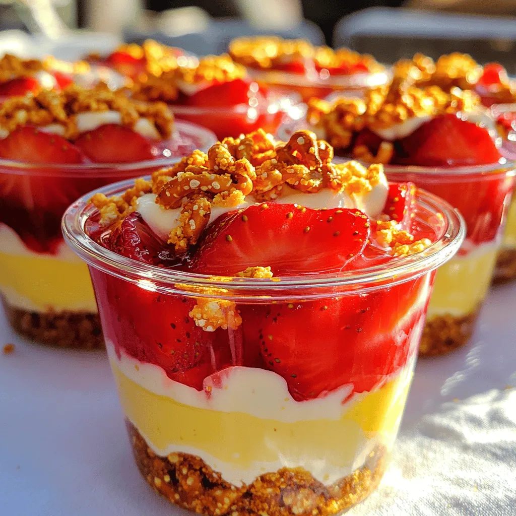 Strawberry Pretzel Salad Cups are a fun and tasty dessert. They have a crunchy pretzel crust, a creamy cheese layer, and a fresh strawberry top. This dish is easy to make and a hit with everyone. - Crust ingredients: - 1 cup crushed pretzels - 2 tablespoons granulated sugar - 1/2 cup unsalted butter, melted - Cream cheese layer ingredients: - 8 oz cream cheese, softened to room temperature - 1 cup powdered sugar - 1 cup whipped topping (such as Cool Whip) - Strawberry layer ingredients: - 2 cups fresh strawberries, hulled and sliced - 1 cup strawberry gelatin mix (powdered) - 2 cups boiling water - 2 cups cold water These ingredients come together to create a delightful treat. The salty pretzels balance the sweet cream and strawberries. You will love how they blend perfectly! 1. Preheat oven and combine ingredients: Start by preheating your oven to 350°F (175°C). In a bowl, mix 1 cup of crushed pretzels, 2 tablespoons of granulated sugar, and 1/2 cup of melted unsalted butter. Stir until everything combines well. 2. Press and bake the crust: Next, press the pretzel mixture into the bottom of a baking dish or cups. Bake for about 10 minutes. You want it golden but not too hard. 3. Cooling time requirements: After baking, remove the dish from the oven and let it cool completely at room temperature. This step is key for a good texture. 1. Mixing cream cheese and powdered sugar: In a separate bowl, beat 8 oz of softened cream cheese with an electric mixer. Add 1 cup of powdered sugar slowly until smooth and creamy. 2. Incorporating whipped topping: Now, gently fold in 1 cup of whipped topping. This adds lightness to the cream cheese layer. 1. Dissolving gelatin and cooling: In another bowl, mix 1 cup of strawberry gelatin powder with 2 cups of boiling water. Stir well until the gelatin dissolves. Then, add 2 cups of cold water. 2. Mixing in strawberries: Add 2 cups of hulled and sliced fresh strawberries into the gelatin mixture. Stir gently to mix. 1. Layer construction process: Once the pretzel crust has cooled, spread the cream cheese layer evenly over it. Then, carefully pour the strawberry gelatin mixture on top. Make sure to cover it well without mixing the layers. 2. Chilling instructions before serving: Finally, place the dish in the fridge. Chill for at least 3-4 hours, or until the gelatin is firm. This waiting time helps all the flavors meld together. To make the perfect pretzel crust, avoid sogginess by letting it cool completely after baking. This step is key. If you skip it, the cream cheese layer can make the crust mushy. For a better texture, use finely crushed pretzels. You can even mix in some crushed nuts for an extra crunch. It adds flavor and makes your crust unique. Want to try something new? Swap granulated sugar with honey or agave. These sweeteners bring a nice twist. You can also add a dash of vanilla extract or almond extract for more flavor. Think about toppings too! Fresh fruit, chocolate shavings, or a drizzle of caramel can make this layer pop. Presentation is key with Strawberry Pretzel Salad Cups. Serve them on a bright platter to make them stand out. Top each cup with fresh strawberry slices for a burst of color. Pair these cups with a refreshing drink like lemonade or iced tea. They also go great with brunch items like waffles or pancakes. Your guests will love the mix! {{image_4}} You can switch out strawberries for other fruits. Try peaches, blueberries, or raspberries. Each fruit brings its own taste and charm. For a mixed berry version, just combine berries. This lets you enjoy many flavors in one cup. Each fruit pairs well with the creamy layer. If you need gluten-free, look for gluten-free pretzels. Many brands offer great choices. You can also make your own by crushing gluten-free crackers. For the rest of the recipe, just stick to gluten-free ingredients. This way, everyone can enjoy this treat. For a lower sugar version, use less sugar in the cream cheese mix. You can also find low-sugar gelatin options. If you want to make it vegan, use a plant-based cream cheese. Look for brands that taste good and whip well. Top with fresh fruit or a nut-based cream for a tasty finish. To keep your Strawberry Pretzel Salad Cups fresh, store them in the fridge. Use an airtight container to avoid any strong odors mixing in. You can also cover them tightly with plastic wrap. For best taste, enjoy them within 3 days. After that, they may lose some quality. You can freeze Strawberry Pretzel Salad Cups if you need to store them longer. First, let them chill completely. Then, place them in a freezer-safe container. Make sure to seal it well to prevent freezer burn. When you're ready to enjoy, thaw them in the fridge overnight. Avoid thawing at room temperature to keep the texture nice. Yes, you can make Strawberry Pretzel Salad Cups ahead of time. I recommend chilling them for at least 3-4 hours. This time allows the layers to set properly. You can store them in the fridge for up to three days. Just cover them with plastic wrap or a lid to keep them fresh. Using frozen strawberries is possible, but it changes the taste and texture. Frozen strawberries may be softer when thawed. This can make your dessert a bit mushy. Fresh strawberries give a nice crunch and bright flavor. For the best results, I suggest using fresh strawberries. Serve your Strawberry Pretzel Salad Cups in clear cups for a pretty look. You can garnish with extra strawberry slices or a sprinkle of crushed pretzels on top. This adds a nice touch and crunch. You can also serve them on a colorful platter for a fun presentation. The gelatin takes about 3-4 hours to set completely. For best results, chill the dessert overnight if you can. This ensures the layers hold their shape when you serve them. Just be patient and let the fridge do its work! This blog post covers how to make delicious Strawberry Pretzel Salad Cups. We explored the key ingredients, including crust, cream cheese, and strawberry layers. I shared step-by-step instructions to help you assemble these treats easily. Remember, you can tweak the recipe to fit your needs. Try different fruits or make it gluten-free if you like. Whether you share these with friends or enjoy them alone, they are sure to please. Enjoy your cooking and have fun!