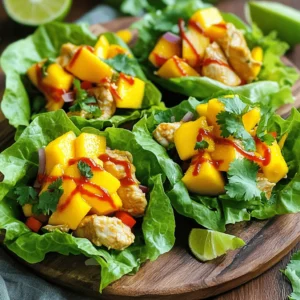 - 1 lb chicken breast, diced into bite-sized pieces - 1 ripe mango, peeled and diced - 1 red bell pepper, diced - 1/2 red onion, finely chopped - 2 cloves garlic, minced - 1 tablespoon fresh ginger, grated - 1-2 tablespoons sriracha (adjust based on your spice preference) - 2 tablespoons soy sauce (or coconut aminos for a gluten-free option) - 1 tablespoon fresh lime juice - 1 tablespoon olive oil - 1 head of iceberg or butter lettuce, leaves carefully separated - Fresh cilantro leaves, for garnish - Chopped peanuts or cashews, for an added crunchy element - Salt - Black pepper - Other vegetables - Additional spices In this recipe, each ingredient plays a special role. The chicken adds protein, while the ripe mango brings sweetness. The red bell pepper and red onion add crunch and flavor to the mix. Garlic and ginger give a great aroma and taste. Sriracha adds heat, and soy sauce brings in umami. Fresh lime juice brightens the dish. Consider the lettuce as your edible cup. It holds all the tasty fillings. Garnishing with cilantro and nuts gives a fresh touch and crunch. You can also customize your cups with other vegetables or spices to suit your taste. Enjoy making your Spicy Mango Chicken Lettuce Cups! Start by heating 1 tablespoon of olive oil in a large skillet over medium heat. Add 1 pound of diced chicken breast to the pan. Season the chicken with salt and pepper. Cook for 5 to 7 minutes, stirring often. The chicken should turn golden brown and be fully cooked through. Next, add 2 cloves of minced garlic and 1 tablespoon of grated fresh ginger to the skillet. Sauté these for 1 minute. Stir continuously to avoid burning the garlic. You want the aroma to fill your kitchen; this smell signals that you're on the right track. Now, add 1 diced red bell pepper and 1/2 finely chopped red onion to the mix. Cook for another 3 to 4 minutes. This allows the vegetables to soften and meld with the chicken. In a small bowl, whisk together 1 to 2 tablespoons of sriracha, 2 tablespoons of soy sauce, and 1 tablespoon of lime juice. Pour this sauce over the chicken and veggies. Stir well and cook for an additional 2 minutes to blend the flavors. Gently fold in 1 diced ripe mango. Stir just enough to warm the mango. Be careful not to break it apart. Taste the mixture and adjust the seasoning with more salt and pepper if needed. The sweet mango will balance the spice perfectly. To serve, take a generous spoonful of the spicy mango chicken mixture. Place it in the center of each lettuce leaf. Garnish your cups with fresh cilantro leaves and a sprinkle of chopped peanuts or cashews. This adds a nice crunch. Enjoy the colorful and tasty presentation! To ensure your chicken is cooked through, use a meat thermometer. Aim for an internal temperature of 165°F. This guarantees safety and juiciness. Avoid overcooking the chicken; it should be golden brown outside and tender inside. When it comes to the mango, be careful not to overcook it. Add the diced mango at the end of cooking. Stir gently to warm it without breaking it apart. This keeps its bright flavor and texture intact. For a stunning presentation, arrange your lettuce cups on a bright platter. Drizzle extra sriracha over the cups for a fun pop of color. Adding lime wedges on the side gives your dish a zesty touch. Pair your Spicy Mango Chicken Lettuce Cups with a light drink. Cold iced tea or a refreshing lemonade works great. You can also serve it with a side of jasmine rice for a filling meal. To make this recipe gluten-free, swap soy sauce for coconut aminos. This keeps the flavor while meeting dietary needs. Adjust the spice levels to fit your taste. Use less sriracha if you prefer mild flavors. For more heat, add more sriracha or even some red pepper flakes. {{image_4}} You can swap chicken for shrimp or tofu. Shrimp cooks quickly and adds a nice texture. Simply sauté it the same way as chicken. Tofu is a great choice for vegetarians. Use firm tofu, press it, and cube it. Cook it until golden brown for the best flavor. Feel free to mix in different sauces or spice blends. Try hoisin sauce for a sweet twist. You can also add chili paste for extra heat. If you're feeling adventurous, use diced pineapple or peaches instead of mango. These fruits bring a sweet and tangy flavor that complements the dish well. For a keto or low-carb option, skip the sugar and use coconut aminos. This sauce offers a savory kick while keeping carbs low. If you want a vegan version, replace chicken with mushrooms or chickpeas. Both options offer hearty textures and absorb flavors well. Store your spicy mango chicken in the fridge. Use an airtight container for best results. Keep it cool and eat within 3 days. Make sure to let it cool down before sealing it. This helps keep flavors fresh. You can freeze the chicken mix for later use. Use a freezer-safe container or a resealable bag. Make sure to remove as much air as possible. When you want to eat it, thaw it overnight in the fridge. Reheat it in a skillet over low heat. Stir it well to heat evenly. For the best taste, enjoy your spicy mango chicken within 3 days in the fridge. If frozen, use it within 2 months for the freshest flavor. Look for signs of spoilage like off smells or color changes. If it smells bad or looks strange, toss it out. Making Spicy Mango Chicken Lettuce Cups takes about 25 minutes. You spend 15 minutes prepping and 10 minutes cooking. This time includes cutting the veggies and cooking the chicken. Yes, you can prepare many parts ahead. Cook the chicken and veggies, then store them in the fridge. Keep the mango separate until you are ready to serve. This way, the mango stays fresh and tasty. If you don’t have sriracha, try using hot sauce or chili paste. You can also mix in some cayenne pepper for heat. If you like less spice, try sweet chili sauce or omit it altogether. These cups are quite healthy! They are low in calories, mainly due to the lettuce. The chicken provides lean protein, while the mango adds vitamins. This dish is colorful and full of flavor, making it a great choice for a light meal. In this post, we explored how to make Spicy Mango Chicken Lettuce Cups. We discussed key ingredients like chicken, mango, and seasonings. You learned step-by-step cooking instructions, tips for perfecting your dish, and ideas for customization. Don’t forget: you can swap proteins or adjust spice levels to suit your taste. This dish is fresh, tasty, and fun to make. Enjoy your cooking adventure and impress your friends and family with this vibrant meal!