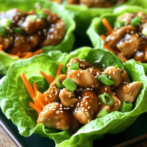 For Teriyaki Chicken Lettuce Cups, you need these key items: - 1 lb boneless, skinless chicken thighs, diced - 1 tablespoon olive oil - 3 cloves garlic, minced - 1 tablespoon fresh ginger, minced - 1/4 cup low-sodium soy sauce - 2 tablespoons honey - 1 tablespoon rice vinegar - 1 teaspoon sesame oil - 1/2 teaspoon crushed red pepper flakes (optional) - 1 cup shredded carrots - 1/4 cup green onions, sliced - Butter lettuce or iceberg lettuce leaves (for cups) - Sesame seeds (for garnish) Gathering these ingredients will set you up for a tasty meal. Each item plays an important role in creating the rich, savory flavor of the dish. You can customize your Teriyaki Chicken Lettuce Cups with extra ingredients: - Bell peppers, diced for crunch - Cucumber, sliced for freshness - Avocado, for creaminess If you need gluten-free options, use tamari instead of soy sauce. For low-carb diets, you can skip the honey or use a sugar substitute. These additions help create a dish that suits your tastes and dietary needs. To make Teriyaki Chicken Lettuce Cups, start by heating your skillet. Pour in one tablespoon of olive oil and warm it over medium-high heat. You want it to shimmer but not smoke. This step is key for good cooking. Fresh ingredients will give your dish the best flavor. Use fresh garlic, ginger, and vegetables. Next, add one pound of diced chicken thighs to the skillet. Sauté the chicken for about five minutes. Stir it often to get even browning. You’ll know it’s done when it reaches 165°F (75°C) inside. Once your chicken is cooked, stir in three minced garlic cloves and one tablespoon of minced ginger. Cook this mix for another one to two minutes. You want the garlic to get golden and fragrant. Now, let’s make the sauce. In a small bowl, whisk together 1/4 cup of low-sodium soy sauce, two tablespoons of honey, one tablespoon of rice vinegar, and one teaspoon of sesame oil. If you like spice, add 1/2 teaspoon of crushed red pepper flakes. Blend these well for a balanced taste. Pour this sauce over the chicken in the skillet. Stir it all together to coat the chicken evenly. Let it simmer for three to four minutes. This helps the sauce thicken and melds the flavors nicely. After that, remove the skillet from heat. Gently fold in one cup of shredded carrots and 1/4 cup of sliced green onions. This adds color and crunch. Let them warm through for just a minute. Finally, it's time to assemble the cups. Take a lettuce leaf, like butter or iceberg, and spoon the teriyaki chicken mixture into the center. This creates a fun and fresh cup. When sautéing chicken, keep a few tips in mind for perfect browning. Use a hot skillet and don’t overcrowd it. If you add too much chicken at once, it will steam rather than brown. For blending sauces, whisking is key. This helps to mix all the flavors evenly. A well-balanced sauce makes your dish shine. Taste as you go. If you want, adjust the sweetness or saltiness to suit your taste. By mastering these techniques, you’ll make delicious Teriyaki Chicken Lettuce Cups every time! To make your teriyaki chicken tender and tasty, use boneless, skinless chicken thighs. They cook better than chicken breasts. Cook the chicken in a hot skillet for a nice brown color. This takes about five minutes. If you use a different pan, the cooking time may change. Non-stick pans heat evenly and cook faster. Thicker chicken pieces might take longer to cook, so check their inside temperature. It should reach 165°F (75°C) before serving. Garnishing your lettuce cups makes them look even better. Sprinkle sesame seeds on top of each cup. You can also add more green onions for color. This adds a nice crunch and fresh flavor. For side dishes, serve some rice or a light salad. A sweet chili sauce or soy sauce makes a great dip. These sides balance the teriyaki flavor and add variety to your meal. {{image_4}} You can switch out chicken for other proteins in teriyaki chicken lettuce cups. Tofu, shrimp, or beef all work well. Here’s how to adjust cooking times: - Tofu: Use firm or extra-firm tofu. Press it to remove water, then cut it into cubes. Sauté for about 7-10 minutes until golden. - Shrimp: Use peeled, deveined shrimp. Cook for about 3-5 minutes, until they turn pink. - Beef: Thinly slice flank steak or sirloin. Cook for about 5-7 minutes, until browned. Each protein brings a unique flavor and texture. Try them all to find your favorite! You can change the teriyaki chicken recipe to suit your taste. Here are some ideas: - Spicier: Add more crushed red pepper flakes or a dash of hot sauce. - Sweeter: Increase honey by a tablespoon for extra sweetness. - Tangier: Add a splash more rice vinegar for a zesty kick. Incorporate seasonal vegetables as well. Try bell peppers, snap peas, or zucchini. These add color and nutrition while keeping the dish fresh and vibrant. Mixing in veggies not only enhances flavor but also boosts health benefits! To keep your Teriyaki Chicken Lettuce Cups fresh, follow these tips: - Chicken Mixture: Store the chicken mixture in an airtight container. Use a glass or plastic container. - Lettuce Cups: Keep lettuce leaves separate. They can wilt quickly if stored with the chicken. - Refrigerator: Place the containers in the fridge. Consume leftovers within 3 days for the best taste. - Freezer: If you want to store for longer, freeze the chicken mixture. Use a freezer-safe container and consume within 2 months. Reheat your leftovers without losing flavor using these steps: - Microwave: Place the chicken in a microwave-safe bowl. Cover it with a lid or a paper towel. Heat for 1-2 minutes until warm. Stir halfway to ensure even heating. - Skillet: For better texture, heat in a skillet over medium heat. Stir until warm, about 5 minutes. - Safety Tips: Always ensure the chicken reaches 165°F (75°C) when reheating. This keeps it safe to eat. Avoid reheating more than once to maintain quality. Can I make Teriyaki Chicken Lettuce Cups in advance? Yes, you can prepare the chicken filling ahead of time. Cook the chicken and let it cool. Store it in the fridge for up to three days. When ready to serve, warm it gently on the stove. Assemble the cups just before serving to keep the lettuce fresh. What is the best type of lettuce to use for this recipe? I recommend butter lettuce or iceberg lettuce. Both types are sturdy and crisp. They hold the filling well and offer a nice crunch. Butter lettuce has a sweeter taste, while iceberg provides a refreshing bite. How can I make Teriyaki Chicken Lettuce Cups keto-friendly? To make this dish keto-friendly, use a low-carb sweetener instead of honey. You can also reduce the soy sauce to lower the sodium. Add more non-starchy vegetables, like bell peppers or cucumbers, for extra crunch and fiber. Each serving of Teriyaki Chicken Lettuce Cups has about 250 calories. You get around 20 grams of protein, 10 grams of fat, and 20 grams of carbs. This dish is great for a balanced meal. If you need to watch your sodium, use low-sodium soy sauce. For high-protein diets, this recipe is a strong choice. You get protein from the chicken and some fiber from the veggies. Teriyaki Chicken Lettuce Cups are simple and tasty. We covered all main aspects: key ingredients, cooking steps, and helpful tips. You learned how to customize flavors with various proteins and toppings. These cups are perfect for any meal. Remember to store leftovers properly and reheat wisely. Whether for a quick lunch or a fun dinner, this dish shines. Enjoy your cooking journey and savor each bite!