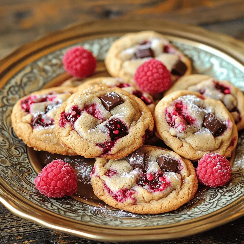 - 1 cup unsalted butter, softened to room temperature - 3/4 cup packed brown sugar - 1/4 cup granulated sugar - 2 large eggs - 1 teaspoon pure vanilla extract - 2 cups all-purpose flour - 1/2 teaspoon baking soda - 1/2 teaspoon baking powder - 1/4 teaspoon fine sea salt - 1 cup dark chocolate chunks (semi-sweet or bittersweet) - 1 cup fresh raspberries, lightly mashed - 1/2 cup rolled oats To get the best Raspberry Dark Chocolate Chunk Cookies, use good quality ingredients. Start with unsalted butter. It gives you control over the salt flavor. The blend of brown and granulated sugar creates a great texture. Brown sugar adds moisture and a slight chewiness, while granulated sugar helps with crispness. Next, you need fresh eggs. They bind the dough and add richness. Don't skip the vanilla extract; it boosts the flavor. For the dry mix, all-purpose flour is key. It provides structure. Baking soda and baking powder help the cookies rise and stay soft. Sea salt balances the sweetness and enhances flavors. The star ingredients are, of course, dark chocolate chunks and fresh raspberries. I prefer semi-sweet or bittersweet chocolate for a rich taste. Lightly mashing the raspberries adds a fruity burst without turning them into mush. Finally, rolled oats add a lovely texture. They make each bite hearty and satisfying. With this ingredient list, you're set to bake cookies that are both delicious and memorable. - Preheat the oven to 350°F (175°C). - Line a baking sheet with parchment paper. - Cream butter and sugars until fluffy. - Add eggs and vanilla extract. - Whisk flour, baking soda, baking powder, and salt. - Gradually mix dry ingredients into wet ingredients. - Incorporate dark chocolate chunks, raspberries, and oats. - Ensure even distribution without over-mashing raspberries. - Portion dough on the baking sheet with space for spreading. - Bake for 10-12 minutes. - Let cookies cool on the baking sheet for 5 minutes. - Transfer to a wire rack to cool completely. Making these cookies is fun and easy. You can enjoy the sweet smell while they bake. The mix of dark chocolate and raspberries makes each bite special. Don’t skip the cooling step; it helps the cookies hold their shape. Enjoy them with a glass of milk or share with friends! To get the best texture in your cookies, start with room temperature ingredients. Room temperature butter blends well with sugar, creating a fluffy mixture. This fluffiness helps your cookies rise and stay soft. Next, avoid overmixing the dough. When you combine wet and dry ingredients, mix gently until just blended. Overmixing can lead to tough cookies, which is not what you want. You can add spices or extracts to boost flavor. A pinch of cinnamon or a splash of almond extract can change the taste. If you want to switch up the chocolate, try using milk chocolate or white chocolate. You could also mix in nuts like walnuts or pecans for crunch. Each option offers a new twist to your cookies. For a beautiful presentation, use a decorative plate to serve your cookies. Scatter whole raspberries around the cookies for color and charm. A dusting of powdered sugar adds sweetness and a lovely finish. You can even drizzle some melted chocolate over the top for an extra touch. These small details make your cookies stand out and look irresistible. {{image_4}} You can make a vegan version of these cookies. Use coconut oil instead of butter. Swap the eggs for flaxseed meal or applesauce. This will keep the cookies moist. You can mix 1 tablespoon of flaxseed meal with 2.5 tablespoons of water for each egg. Let it sit for a few minutes to thicken. Mix the coconut oil with the brown and granulated sugars until smooth. Add the flax mixture and vanilla extract. Then, follow the rest of the recipe as usual. Keep an eye on the cookies for baking time. They may take a minute or two longer. For a gluten-free cookie, use almond flour or a gluten-free all-purpose blend. Almond flour gives a nice texture. If you use a blend, check for xanthan gum in the mix. This helps with the cookie's structure. The baking time might change slightly. Start checking at 10 minutes. Gluten-free cookies can bake faster, so watch them closely to avoid over-baking. You can customize these cookies with fun mix-ins. Try adding chopped walnuts or pecans for crunch. You can also mix in dried fruits like cherries or cranberries to enhance the flavor. For a fresh twist, add orange zest or a hint of mint. These flavors pair well with the dark chocolate and raspberries. Just be sure not to add too much liquid if you're using juicy fruits. This will keep your cookies from spreading too much. To keep your Raspberry Dark Chocolate Chunk Cookies fresh at room temperature, follow these simple steps. First, let the cookies cool completely after baking. This step is key to avoiding sogginess. Once cooled, place the cookies in an airtight container. I recommend using a glass or plastic container with a tight lid. This way, they stay soft and tasty for up to a week. If you want to keep them even fresher, add a slice of bread to the container. This helps maintain moisture. If you want to enjoy these cookies later, freezing is a great option. To freeze, first, let the cookies cool completely. Next, wrap them individually in plastic wrap or aluminum foil. Place the wrapped cookies in a freezer-safe bag or container. They can last up to three months in the freezer. When you're ready to eat, simply take out the cookies and let them thaw at room temperature. For a warm treat, pop them in the oven for a few minutes. Raspberry Dark Chocolate Chunk Cookies can stay fresh for about one week at room temperature. If stored properly, you can extend their life in the freezer for three months without losing quality. Remember, the key to great cookies is storing them correctly. Always check for any signs of spoilage before enjoying your sweet treats. Yes, you can use frozen raspberries. Just remember to thaw and drain them first. This helps keep the dough from getting too wet. When using frozen raspberries, gently fold them into the dough. This way, they stay chunky and add bursts of flavor. To make chewy cookies, adjust the ratios a bit. Use more brown sugar than granulated sugar. Brown sugar gives moisture and chewiness. You can also add an extra egg yolk. This adds fat and helps make them soft. If you want a different flavor, use milk or white chocolate. Milk chocolate will add sweetness and creaminess. White chocolate has a rich flavor that pairs well with raspberries. You can even mix different types of chocolate for more taste. Look for lightly golden edges and soft centers. The cookies should not look wet in the middle. They will continue to cook on the baking sheet after you take them out. Keep an eye on them to avoid burning. Yes, you can easily double this recipe. Just make sure to double all the ingredients. Use two mixing bowls if needed, so everything mixes well. You may need to bake the cookies in batches. This ensures they bake evenly and do not crowd the oven. You learned how to make delicious raspberry dark chocolate chunk cookies. We covered every step, from gathering ingredients to serving ideas. Remember to use room temperature items for the best texture and avoid overmixing. You can get creative with variations, like vegan or gluten-free options. Store your cookies properly to keep them fresh. Baking cookies is fun and rewarding. Enjoy your tasty treats and share them with others!