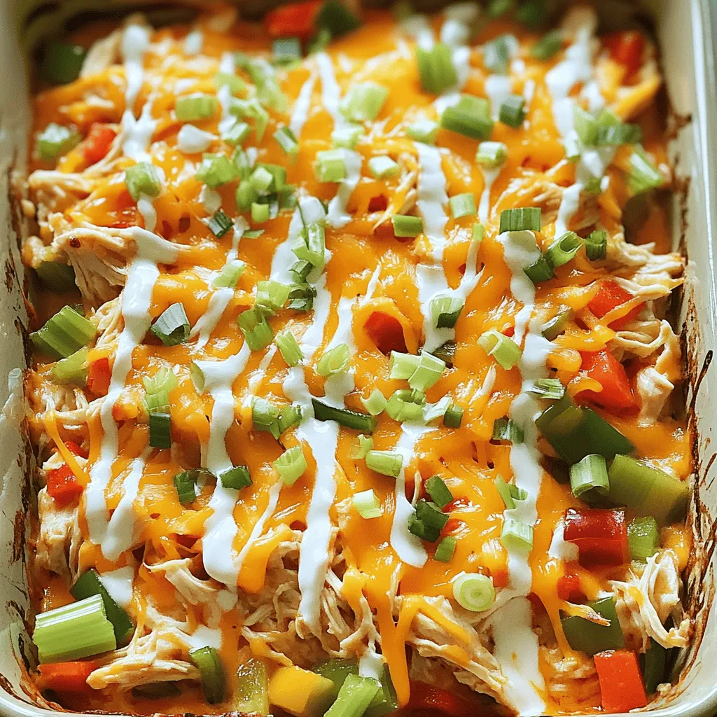 - 2 cups cooked chicken, shredded - 1 cup bold buffalo sauce - 1 cup creamy ranch dressing - 2 cups cooked pasta (penne or rotini) - 1 cup shredded sharp cheddar cheese - 1 cup diced celery - 1 cup diced bell peppers - ½ cup green onions, finely chopped - 1 teaspoon garlic powder - ½ teaspoon salt - ½ teaspoon black pepper - 1 tablespoon olive oil (for drizzling) Gathering the right ingredients is key. You need cooked chicken for protein. Shredded chicken mixes well with other flavors. The buffalo sauce gives it a spicy kick. Ranch dressing adds creaminess and coolness. Choose cooked pasta like penne or rotini for good texture. Next, add some crunch with celery. Diced bell peppers bring color and sweetness. Green onions add a fresh touch and great flavor. For the cheesy goodness, use sharp cheddar cheese. It melts beautifully and tastes great. Don’t forget the seasonings. Garlic powder enhances the dish. A little salt and pepper boost the taste. A drizzle of olive oil helps the cheese brown nicely. This mix of ingredients creates a hearty meal you'll love to share. - Preheat the oven to 350°F (175°C). - In a large bowl, mix the shredded chicken, buffalo sauce, ranch dressing, and cooked pasta. - Lightly grease a 9x13 inch baking dish with non-stick spray or olive oil. - Spread half of the chicken mixture evenly in the dish. Sprinkle half of the cheddar cheese on top. - Cover the casserole with foil and bake for 25 minutes. - Remove the foil and bake for another 10-15 minutes. The cheese should be bubbly and golden brown. - Let it cool for 5 minutes before serving. Garnish with chopped green onions and a drizzle of ranch dressing. - Ensure chicken is shredded thoroughly for even distribution. This helps each bite taste great. - Adjust buffalo sauce for desired spice level. Start with less if you prefer mild flavors. - Pair with a fresh salad or vegetables. A crisp side adds color and crunch. - Serve with extra ranch dressing on the side. This gives a creamy dip for each bite. - Use a large, colorful serving dish to enhance visual appeal. Bright colors make your meal inviting. - Garnish with additional green onions for freshness. This adds a pop of green and flavor. {{image_4}} You can make this dish easier by using shredded rotisserie chicken. It saves time and still tastes great. You can also change the pasta type. Fusilli or ziti works well and adds a fun twist. To boost the taste, add other veggies like spinach or corn. They add color and nutrition. You can also spice it up with paprika or cayenne. A little heat can make the dish even better. If you want a gluten-free meal, use gluten-free pasta. It cooks just like regular pasta. For a vegan option, try dairy-free cheese instead of regular cheese. This way, everyone can enjoy the casserole. Store your leftover Buffalo Ranch Chicken Casserole in an airtight container. Keep it in the refrigerator. It tastes best when eaten within 3-4 days. This keeps the flavors fresh and tasty. For longer storage, freeze portions of the casserole. Use freezer-safe containers to prevent freezer burn. You can keep it in the freezer for up to 3 months. When you're ready to enjoy it again, thaw it in the refrigerator. This method helps maintain the dish's texture. To reheat, place the casserole in the oven at 350°F. Heat it until it's warmed through, about 15-20 minutes. If you're in a hurry, use the microwave. Just cover it to keep moisture in. This way, your casserole stays delicious and juicy. You can easily spice up your buffalo ranch chicken casserole. Simply add extra buffalo sauce to the mixture. You can also mix in chopped jalapeños for a kick. This way, you control the heat level. I love the extra flavor these ingredients bring. Yes, you can prepare the buffalo ranch chicken casserole ahead of time. Just assemble it and place it in the fridge. When you are ready to bake it, remember to add extra time if it is cold. This makes it perfect for busy days. This dish pairs well with several sides. A fresh garden salad complements the casserole nicely. You could also serve it with garlic bread for a tasty touch. Roasted vegetables add color and nutrition to your meal. This recipe combines shredded chicken, buffalo sauce, and creamy ranch dressing for a tasty dish. You can add vegetables and cheese for more flavor. I shared tips for perfecting your casserole and suggested variations to fit your taste. Remember, you can store leftovers for future meals, so don’t hesitate to make a big batch. Enjoy your cooking, and keep experimenting to find what you love best!