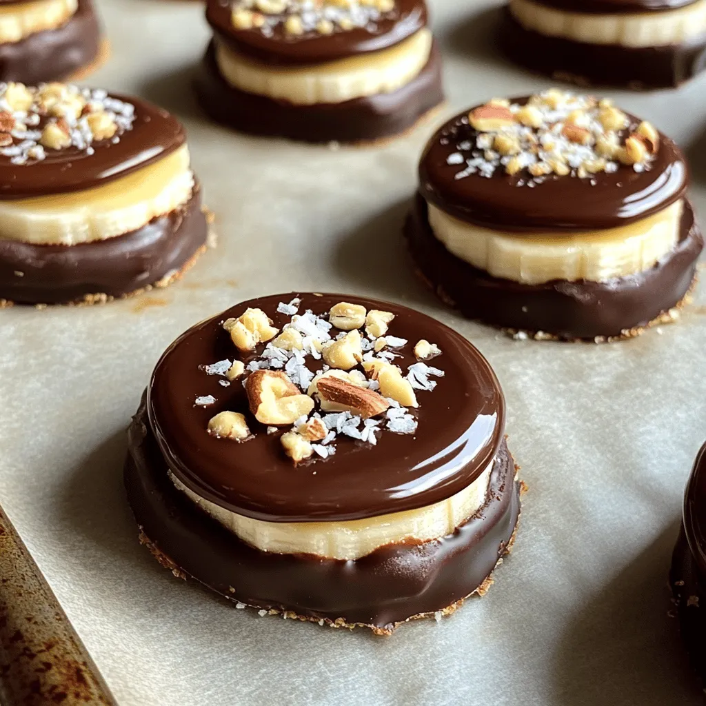 - 2 ripe bananas - 1 cup dark chocolate chips - 1 tablespoon coconut oil - 1/4 cup crushed nuts - 1/4 cup unsweetened shredded coconut - A pinch of sea salt for garnish (optional) To make chocolate-covered banana bites, gather these tasty ingredients. Start with ripe bananas. They give the best flavor and sweetness. Next, you'll need dark chocolate chips. If you want a sweeter treat, you can use milk chocolate instead. Coconut oil helps the chocolate melt smoothly. It gives the chocolate a nice shine. Then, grab some crushed nuts. Almonds and walnuts work great, but choose your favorite. Unsweetened shredded coconut adds a delightful tropical twist. Finally, if you like, add a pinch of sea salt. This will balance the sweet chocolate and banana. With these ingredients, you can create a delicious snack that everyone will love. Enjoy the fun of making these tasty bites! Start by peeling the bananas. This step is easy and quick. Slice the bananas into 1-inch thick rounds. Each piece should be bite-sized for easy eating. Using a sharp knife helps you get clean cuts. In a microwave-safe bowl, mix the dark chocolate chips with the coconut oil. The oil makes the chocolate smooth and shiny. Heat the mixture in the microwave for 30 seconds at a time. Stir well after each interval. Keep heating until the chocolate is completely melted. You want a nice, silky texture. Take each banana slice and dip it into the melted chocolate. Make sure to coat each piece well. Allow any excess chocolate to drip back into the bowl. This keeps your bites from being too messy. While the chocolate is still soft, it’s time to add toppings. Sprinkle crushed nuts and shredded coconut over each chocolate-coated banana. This adds flavor and crunch. For a fun twist, add a pinch of sea salt on top. It balances the sweetness perfectly. Prepare a baking sheet by lining it with parchment paper. This helps the bites not stick. Place the chocolate-coated banana slices on the sheet. Spread them out evenly. Put the baking sheet in the freezer. Let the bites harden for at least 30 minutes. This step ensures the chocolate sets nicely. When picking chocolate, you have options. Dark chocolate gives a rich taste. Milk chocolate is sweeter and creamier. You can choose based on your mood or taste. If you want a vegan option, look for dairy-free chocolate chips. Many brands offer great choices that melt well. For added crunch and flavor, use nuts. Almonds and walnuts work well. You can also try pecans or hazelnuts for fun. Don’t forget about toppings! Sprinkling unsweetened shredded coconut adds a nice touch. Try adding mini chocolate chips or colorful sprinkles for a playful look. To coat your banana bites well, avoid rushing. Dip them quickly but evenly in the chocolate. Make sure to let excess chocolate drip off. This keeps the bites from being too messy. If the chocolate isn’t smooth, reheat it in short bursts. Stir well until silky. A smooth finish makes your bites look more appetizing! {{image_4}} You can switch up the fruit in this recipe. Strawberries work well with chocolate. Their natural sweetness pairs great with the rich chocolate. Just wash, hull, and dip them whole or slice them in half. Apples also make a fun choice. Slice them into thin wedges for a crunchy bite. You can even make a fruit platter. Mix banana bites, strawberries, and apple slices. This adds color and variety to your snack. Chocolate comes in many forms. White chocolate provides a sweet twist. It pairs nicely with fruits like bananas and strawberries. You can also try flavored chocolate. Options like mint or orange add a fun taste. Just melt it like dark chocolate. The added flavors will surprise your taste buds. If you want a healthier treat, there are options. You can find sugar-free chocolate. These alternatives taste great and cut down on sugar. Another idea is to use yogurt instead of chocolate. Dip your banana slices in plain or flavored yogurt. Freeze them for a creamy, healthy snack. Both options keep the fun without the guilt. To keep your chocolate-covered banana bites fresh, use an airtight container. This helps prevent moisture from ruining your tasty treat. I recommend a container that seals well. It protects your bites from other smells in the freezer. You can store these bites in the refrigerator or freezer. The fridge keeps them soft, but they may not last long. The freezer is best for long-term storage. Just make sure they are in the airtight container. They will stay fresh and ready to eat. When stored properly, chocolate-covered banana bites last about a week in the freezer. In the fridge, eat them within three days for the best taste. Look for signs of spoilage. If the bananas turn brown or the chocolate looks dull, it's time to toss them. A good way to check is by smelling the bites. If they smell off, do not eat them. Enjoy your snacks while they are fresh! Yes, you can use frozen bananas. Just make sure they are ripe. Frozen bananas add a creamy texture. However, they may not hold their shape as well. If you use frozen bananas, slice them while still slightly firm. You can skip the coconut oil if you want. Just melt the chocolate chips alone. The chocolate may be thicker without the oil. You might need to dip quickly to ensure a good coating. Slice the bananas into 1-inch thick rounds. This size is perfect for dipping and snacking. They should be easy to hold and eat. Avoid making them too thin, or they may break. Yes, you can prepare them ahead of time. After dipping, freeze the banana bites for about 30 minutes. Store them in an airtight container. They last in the freezer for up to a week. You can find pre-made chocolate-covered banana bites in many grocery stores. Check the frozen section or snack aisle. Some health food stores may also carry them. Always read the labels for added ingredients. Chocolate-covered banana bites are easy and fun to make. We covered all the steps: preparing bananas, melting chocolate, and adding tasty toppings. With tips on choosing chocolate and extra flavors, you can customize these treats. Whether you keep them simple or explore various fruits, there's a version for everyone. Remember to store them well for fresh bites. Enjoy the sweet crunch and treat yourself to a delicious snack!
