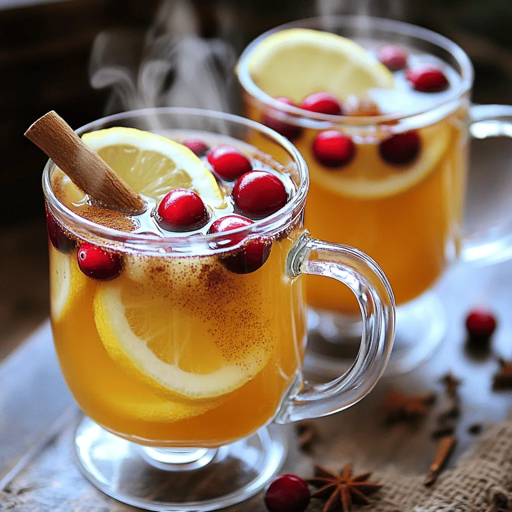 - 2 cups apple cider - 1 cup cranberry juice - 1 tablespoon honey (adjust to taste) - 1 teaspoon ground cinnamon - 1/2 teaspoon ground ginger - Juice from one fresh lemon - Lemon slices for garnish - Fresh cranberries for garnish - Cinnamon sticks for stirring and garnish The key to a great Cranberry Apple Hot Toddy lies in the right mix of ingredients. Each one brings a unique flavor that warms you inside. Apple cider is the base. It gives the drink its sweet, fruity taste. Choose a good quality cider for the best flavor. Next, cranberry juice adds a tangy note. This helps balance the sweetness of the cider and honey. Look for juice with no added sugar. Honey is your sweetener. You can adjust the amount based on your taste. Start with one tablespoon and add more if you like. Ground cinnamon and ground ginger bring warmth and spice. They create a cozy feel, perfect for cold days. Fresh lemon juice brightens the drink. It adds a zesty kick that lifts the flavors. For garnish, lemon slices and fresh cranberries make your mug look festive. They also add a touch of freshness. Lastly, cinnamon sticks serve two purposes. They stir the drink and add visual appeal. Plus, they give an extra hint of spice with each sip. Gather these ingredients to create your warm, cozy drink. Enjoy the delightful blend of flavors that makes each mug of Cranberry Apple Hot Toddy special. 1. First, take a medium-sized saucepan. Pour in 2 cups of apple cider and 1 cup of cranberry juice. This mix gives a sweet and tart base. 2. Next, add 1 tablespoon of honey. You can adjust this to fit your taste. Then, add 1 teaspoon of ground cinnamon and 1/2 teaspoon of ground ginger. Stir gently. This will warm your drink and add spice. 3. Squeeze the juice from 1 fresh lemon into the pot. Lemon adds brightness and balance. Stir again to combine all the flavors. 4. Heat the mixture over medium heat. Keep stirring until it’s hot but not boiling. Let it simmer for about 5-7 minutes. This helps the flavors blend together perfectly. 1. Once heated, you can strain the drink for a smoother texture. Use a fine mesh sieve to catch solid spices. 2. Now, carefully ladle the hot toddy into mugs. This drink is best enjoyed warm. 1. For a nice touch, add a slice of lemon to each mug. This makes it look beautiful and adds flavor. 2. Toss in fresh cranberries for color and fun. Finish with a cinnamon stick. This not only looks great but also adds a lovely scent. To get the right taste in your cranberry apple hot toddy, you can adjust the sweetness and spice. If you like it sweeter, add more honey. For those who love spice, increase the ground cinnamon or ginger. Be careful not to add too much, as it can overpower the drink. Heating is key. Always heat the mixture gently. You want it hot but not boiling. Boiling can ruin the flavors and make the drink taste harsh. Simmer it for about five to seven minutes. This way, all the flavors blend nicely. I love serving this hot toddy in clear glass mugs. They show off the bright colors of the drink. It looks festive and inviting. Just before you serve, sprinkle a pinch of ground cinnamon on top. This adds a warm aroma that makes your drink even more special. You can also add lemon slices and fresh cranberries for a beautiful touch. A cinnamon stick not only looks nice, but it’s great for stirring too. For the best results, use a medium-sized saucepan. A heavy-bottomed pan distributes heat evenly. This prevents any burning. When it comes to glassware, go for clear mugs. They highlight the drink’s color and garnishes. You can also use heat-resistant glass to keep the drink warm longer. Enjoy your cozy hot toddy! {{image_4}} You can easily make this drink your own. Try using different fruit juices. Pear juice brings a sweet touch. Pomegranate juice adds a lovely tartness. You can also play with sweeteners. Maple syrup is a great choice. It adds a rich, natural flavor. Honey can be adjusted too, based on your taste. Want to warm it up even more? Add whiskey or rum for a cozy kick. These spirits blend well with the fruity flavors. For something different, use flavored liqueurs. Orange or spiced liqueurs can enhance your drink. Experiment and find what suits your palate best! Change it up with seasonal spices. Nutmeg or cloves add warmth and festivity. They make your hot toddy feel extra special. If it’s hot outside, try a chilled version. Simply mix the juices and serve over ice. It’s a refreshing take on a classic drink, perfect for summer! To keep your cranberry apple hot toddy fresh, refrigerate it in an airtight container. This helps prevent any off-flavors. The hot toddy will last for about 3 days in the fridge. Make sure to label the container with the date for easy tracking. When you're ready to enjoy your hot toddy again, reheat it gently on the stove. Use low heat to avoid burning the spices. Stir often to keep the flavors even. After reheating, add fresh lemon slices and cranberries for a bright finish. This gives it that fresh look and taste. You can freeze a hot toddy, but it’s not the best option. The spices may lose their flavor over time. If you decide to freeze it, use a freezer-safe container, leaving some space for expansion. Thaw it in the fridge overnight before reheating. Reheat as mentioned earlier, and add fresh garnishes after heating to restore its charm. A hot toddy is a warm drink that often combines spirits, hot water, and sweeteners. It has roots in Scotland, where it was enjoyed as a remedy for colds. The drink usually has various spices and flavors added to enhance its taste. You can prepare a hot toddy ahead of time. Just follow these steps: - Prepare the drink but do not boil it. - Cool it to room temperature. - Store it in the fridge for up to two days. - Reheat when ready to serve. Yes, cranberry juice has many health benefits. It is rich in antioxidants and vitamin C. It can help support urinary tract health and boost your immune system. Just watch for added sugars in some store-bought versions. Absolutely! You can make a delicious non-alcoholic version. Simply leave out the alcohol and enjoy the warm, spiced flavors. You can also use herbal tea instead of alcohol for more depth. You can easily adjust this recipe for dietary needs: - For gluten-free, all ingredients are safe. - To make it vegan, substitute honey with maple syrup or agave nectar. This blog post guided you through making a delicious hot toddy. We covered key ingredients like apple cider, cranberry juice, and spices. You learned preparation steps and garnishing tips for presentation. We explored variations, including alcohol options and seasonal twists. Storage information helped you keep leftovers fresh. You now have all the tools to impress friends and family. Enjoy crafting your perfect hot toddy and tailor it to your taste!