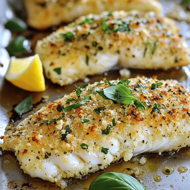 - 4 tilapia fillets - 1 cup grated Parmesan cheese - 1/2 cup panko breadcrumbs - 2 tablespoons fresh parsley, finely chopped - 1 tablespoon fresh basil, finely chopped - 1 tablespoon fresh thyme, finely chopped - 2 cloves garlic, minced - 1/4 teaspoon freshly ground black pepper - 1/4 teaspoon salt - 2 tablespoons extra virgin olive oil - 1 tablespoon freshly squeezed lemon juice To make Parmesan herb crusted tilapia, gather these ingredients first. The tilapia fillets are the star. They have a mild taste and cook quickly. The grated Parmesan cheese adds a rich, savory flavor. Panko breadcrumbs give a nice crunch to the crust. Fresh herbs like parsley, basil, and thyme brighten the dish. The garlic adds depth to the flavor. Freshly ground black pepper and salt are key for seasoning. The olive oil helps the herbs stick to the fish and adds a fruity note. Fresh lemon juice gives a zesty finish. Using fresh herbs and quality cheese can enhance the taste. This dish is easy to prepare and perfect for weeknight meals. You can even prep it in just ten minutes! Enjoy the fresh and savory flavors of this simple yet delicious dish. - Preheat your oven to 400°F (200°C). Prepare a baking sheet by lining it with parchment paper or lightly greasing it. - In a medium mixing bowl, combine 1 cup grated Parmesan cheese, 1/2 cup panko breadcrumbs, 2 tablespoons chopped fresh parsley, 1 tablespoon chopped fresh basil, 1 tablespoon chopped fresh thyme, 2 cloves minced garlic, 1/4 teaspoon black pepper, and 1/4 teaspoon salt. Mix well to blend all the flavors. - In a small bowl, whisk together 2 tablespoons olive oil and 1 tablespoon lemon juice. This mixture will add flavor and help the crust stick. - Place 4 tilapia fillets on your prepared baking sheet. Using a kitchen brush, coat each fillet with the olive oil and lemon mixture. - Evenly press the Parmesan herb mixture onto the fillets. Make sure it sticks well for a great crust. - Bake the tilapia in your preheated oven for 12-15 minutes. Check for doneness; the fish should flake easily with a fork and the crust should be golden brown. - After baking, remove the tilapia from the oven. Let the fillets rest for a couple of minutes. This helps the flavors settle before you serve. To get that crunchy top, use panko breadcrumbs. They give a light, crispy texture. Mix them well with the Parmesan cheese and herbs. When you coat the fish, press the mixture firmly onto the fillets. This step helps it stick and creates a lovely crust when baked. You can bake or pan-fry tilapia. Baking is easier and less messy. It also keeps the fish moist. If you pan-fry, use medium heat. Cooking times will change based on your method. Bake for 12-15 minutes at 400°F. If frying, check for a golden color and flakiness after about 4-5 minutes per side. Feel free to get creative with flavors. Add herbs like dill or oregano for a different taste. You can also mix in some extra cheese like mozzarella for a gooey texture. Want more zing? Try a marinade with lemon juice and garlic before coating the fish. This adds depth to the flavor and keeps the fish moist. {{image_4}} You can easily change the taste of this dish. For a spicy kick, add chili flakes to the herb mix. It gives a warm heat that pairs well with the fish. For a zesty twist, mix lemon zest into the topping. The bright flavor will make the dish pop. While tilapia works great, you can try chicken breasts instead. Just coat them the same way. If you want to stick with fish, use other flaky options like cod or haddock. They will also bake nicely with the herb crust. If you need a gluten-free dish, swap panko breadcrumbs for gluten-free ones. They offer a similar crunch without the gluten. You can also use crushed nuts as another binding agent. Almonds or walnuts can add flavor and texture too. To keep your Parmesan herb crusted tilapia fresh, store it in the fridge. Use airtight containers to avoid moisture loss. Place a paper towel in the container to absorb extra moisture. This helps maintain the fish's texture. Reheat your tilapia gently to keep it moist. Use an oven set to 350°F (175°C). Place the fish on a baking sheet and cover it with foil. Heat for about 10-15 minutes. Check if it's warm all the way through before serving. You can freeze tilapia before or after cooking. For uncooked fish, wrap it tightly in plastic wrap. Then place it in a freezer bag. When freezing cooked fillets, let them cool first. Wrap them well to avoid freezer burn. To thaw, place it in the fridge overnight or use cold water for a quicker method. This keeps the fish tender and tasty. Bake tilapia for 12 to 15 minutes. This gives you a tender and flaky fish. The crust should turn golden brown. You can check if it's done by using a fork. If it flakes easily, it’s ready! Yes, you can use frozen tilapia. Just thaw them first. You can place the fillets in the fridge overnight. If you need them fast, run them under cold water. Then, follow the same steps in the recipe. The timing might stay the same, but check for doneness. I love pairing this dish with a fresh salad. Steamed vegetables work great too. You can also serve it with rice or quinoa. A squeeze of lemon on top adds a nice zing! For the full recipe, click [here](#). This blog post covered how to make Parmesan Herb Crusted Tilapia. You learned about key ingredients like tilapia, herbs, and panko for a crunchy topping. I shared simple steps for prep, coating, and baking. Tips for flavor and variations help you personalize the dish. Knowing the right storage and reheating methods keeps leftovers tasty. Enjoy creating this dish with fresh herbs and your favorite flavors. Cooking can be fun and rewarding!