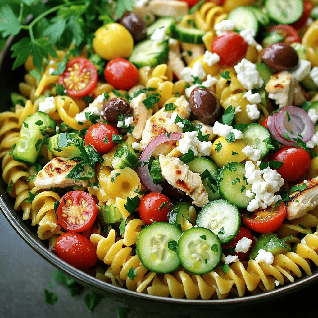 - 2 cups rotini pasta - 1 pound boneless, skinless chicken breast - 1 cup cherry tomatoes, halved - 1 cucumber, diced - 1/2 red onion, finely chopped - 1 cup kalamata olives, pitted and sliced - 1/2 cup feta cheese, crumbled - 2 tablespoons olive oil - 1 teaspoon dried oregano - 1 teaspoon garlic powder - Salt and pepper, to taste - 2 tablespoons lemon juice - 1 teaspoon red wine vinegar (optional) The main ingredients make this Greek chicken pasta salad fresh and tasty. First, we start with rotini pasta, which holds the dressing well. Chicken adds protein and makes the salad filling. Fresh veggies like cherry tomatoes, cucumber, and red onion bring color and crunch. Kalamata olives add a briny bite, while feta cheese provides creaminess. Don't forget the seasonings! Olive oil, oregano, and garlic powder enhance the flavors. Salt and pepper are a must for balance. You can add lemon juice for a zesty kick and red wine vinegar for extra tang, if you like. This mix of ingredients creates a vibrant dish that is both healthy and satisfying. You can enjoy it as a meal or a side. Each bite bursts with flavor and freshness, making it perfect for warm days or gatherings. To start, fill a large pot with salted water. Bring it to a rolling boil. Once the water boils, add 2 cups of rotini pasta. Cook the pasta according to the package instructions. You want it to be al dente. This means it should be firm but cooked through. After cooking, drain the pasta in a colander. Let it cool completely while you prepare the chicken. While the pasta cooks, take 1 pound of boneless, skinless chicken breast. Drizzle it with 2 tablespoons of olive oil. Season both sides with 1 teaspoon of dried oregano and 1 teaspoon of garlic powder. Don’t forget to sprinkle some salt and pepper too. Heat a grill pan or skillet over medium heat. Cook the chicken for about 6-7 minutes on each side. Make sure it reaches an internal temperature of 165°F. When done, set the chicken aside for a few minutes to rest, then slice it into bite-sized pieces. In a large mixing bowl, combine the cooled rotini pasta, sliced chicken, 1 cup of halved cherry tomatoes, 1 diced cucumber, 1/2 finely chopped red onion, and 1 cup of sliced kalamata olives. Gently toss the ingredients together. It’s important to mix everything well so each bite is full of flavor. For the dressing, take a small bowl and whisk together 2 tablespoons of lemon juice and 1 teaspoon of red wine vinegar, if using. Add another drizzle of olive oil for a light dressing. Pour this mixture over the pasta salad. Toss everything gently to ensure the salad is evenly coated. Now, carefully fold in 1/2 cup of crumbled feta cheese and 1/4 cup of chopped fresh parsley. This adds a burst of flavor and color. Taste the salad and adjust the seasoning if needed. You can add more salt and pepper to enhance the taste. For the best flavor, let the salad sit at room temperature for about 15 minutes before serving. This allows all the ingredients to blend nicely. Serve the salad in a large bowl, drizzling a bit more olive oil on top. Garnish with extra parsley for a vibrant touch. You can swap chicken for other proteins. Try grilled shrimp or chickpeas for a twist. You can also change the pasta type. Whole wheat or gluten-free pasta works great too. Herbs and spices can boost the salad's taste. Fresh basil or dill adds a nice zing. You can mix in some red pepper flakes for heat. A splash of balsamic vinegar can also brighten the flavors. Serve the salad in a large, colorful bowl. Drizzle a bit more olive oil on top for shine. Garnish with extra parsley for a fresh look. For parties, use clear glass bowls to show off the bright ingredients. {{image_4}} You can easily make this salad meat-free. Instead of chicken, use grilled tofu or chickpeas. Both options add protein and flavor. Tofu absorbs the dressing well, making it tasty. Chickpeas add a nice crunch. Feel free to add extra veggies, like bell peppers or spinach, to boost nutrition. If you prefer whole grain, swap regular rotini for whole wheat rotini. It adds fiber and a nutty taste. For gluten-free options, use rice pasta or quinoa pasta. Both types hold up well and keep the salad delicious. Just cook them according to package instructions for best results. You can mix in other veggies or proteins for variety. Shrimp works great, adding a seafood twist. Just grill or sauté the shrimp until they turn pink. You can also add bell peppers, artichokes, or avocado. These additions keep the salad fresh and colorful. Be creative and use what you love! To keep your Greek chicken pasta salad fresh, store it in an airtight container. This helps keep the flavors intact. If you plan to eat it later, try to separate the dressing. This keeps the pasta from getting soggy. You can mix the dressing in right before serving. Your Greek chicken pasta salad lasts about three to five days in the fridge. Make sure to check for any signs of spoilage before eating. If it smells off or looks different, it's best to toss it. Keeping it stored properly helps maintain its taste and freshness. When you want to enjoy your leftovers, skip the microwave. Instead, gently heat the pasta in a pan over low heat. Add a splash of olive oil or a bit of water. This keeps the flavors bright. If you need to reheat the chicken, slice it and warm it separately. This way, you avoid losing any tasty juices. Yes, you can make this salad ahead of time. I love prepping meals to save time. Here are some tips: - Prepare the pasta and chicken a day before. - Store them in separate containers. This keeps the pasta from getting soggy. - Chop the veggies and olives the night before, too. - Mix everything together just before serving. This keeps it fresh and crunchy. If you need to swap out feta cheese, there are good options. Some choices include: - Goat cheese, which adds a tangy taste. - Ricotta cheese for a creamy texture. - Vegan feta, if you're dairy-free. These alternatives still give your salad great flavor. Absolutely! This salad is perfect for meal prepping. Here are my recommendations: - Make a large batch at once for the week. - Store it in airtight containers to stay fresh. - Keep the dressing separate until you’re ready to eat. This helps maintain texture. You can enjoy it for lunch or dinner all week long! This blog post gave a clear guide to making a Greek chicken pasta salad. We covered the key ingredients, from rotini pasta and chicken to fresh veggies and feta cheese. You learned step-by-step cooking and assembly tips. Customization options let you tailor the dish to your taste. Remember, good storage keeps leftovers fresh. Making this salad ahead can save time. Embrace variations to suit your needs. Enjoy creating a tasty meal that’s both healthy and satisfying!