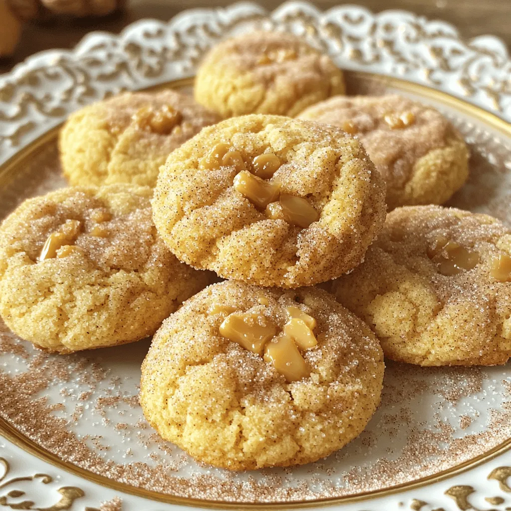 To make Chewy Caramel Snickerdoodles, you need a few key ingredients. Each one plays a big role in creating the perfect cookie with a chewy texture and rich caramel flavor. - 2 ¾ cups all-purpose flour - 1 teaspoon baking soda - 2 teaspoons cream of tartar - ½ teaspoon salt - 1 cup unsalted butter, softened to room temperature - 1 ½ cups granulated sugar, divided - 2 large eggs - 1 teaspoon pure vanilla extract - ½ cup chewy caramel candies, chopped into small pieces - ¼ cup cinnamon sugar (mix 2 tablespoons granulated sugar with 1 teaspoon ground cinnamon) Each ingredient adds something special. The flour gives structure. Baking soda helps the cookies rise. Cream of tartar adds that classic snickerdoodle tang. Salt enhances the flavors. Butter is key for a rich taste and chewy texture. Granulated sugar sweetens the cookies and helps create a nice crust. Eggs bind everything together and add moisture. The vanilla extract gives a warm, sweet aroma. Chopped caramel candies create pockets of gooey goodness in every bite. Lastly, the cinnamon sugar adds a delightful finish that makes these cookies truly special. Gather these ingredients and get ready to bake a batch of delicious chewy caramel snickerdoodles! - Preheat your oven to 350°F (175°C). - Line two baking sheets with parchment paper. This helps the cookies not stick. - In a medium bowl, whisk together: - 2 ¾ cups all-purpose flour - 1 teaspoon baking soda - 2 teaspoons cream of tartar - ½ teaspoon salt This mixture is key for the cookie's texture. - In a large bowl, cream together: - 1 cup unsalted butter, softened - 1 ½ cups granulated sugar Beat until the mix is light and fluffy. This should take about 2-3 minutes. - Add in: - 2 large eggs - 1 teaspoon pure vanilla extract Mix well until everything is combined. - Gradually add the dry mix to the wet mix. - Stir until a soft dough forms. - Gently fold in: - ½ cup chewy caramel candies, chopped This adds sweet pockets of caramel in every bite. - Use a tablespoon or cookie scoop to portion the dough into balls. - Roll each dough ball in: - ½ cup granulated sugar - ¼ cup cinnamon sugar (mix 2 tablespoons granulated sugar with 1 teaspoon ground cinnamon) This gives a sweet and spicy coating. - Place the coated balls on the baking sheets, spaced about 2 inches apart. - Bake in the preheated oven for 10-12 minutes. Watch for the edges to turn golden brown. - Let the cookies cool on the baking sheets for 5 minutes. This helps them set before moving to a wire rack. - Use softened butter instead of melted. Softened butter helps keep the cookies tender. - Be careful not to overmix the dough. Mix just until combined to maintain a soft texture. - Use high-quality caramel candies. Good caramel adds rich flavor and gooeyness. - Consider adding a pinch of sea salt. A touch of salt boosts the sweet caramel taste and balances flavors. - Stack cookies on a decorative plate. A nice plate makes them look even more inviting. - Garnish with a sprinkle of cinnamon sugar. This adds a sweet touch and enhances the snickerdoodle vibe. {{image_4}} You can give Chewy Caramel Snickerdoodles a fun twist. One great idea is to add chocolate chips or chopped nuts. This adds a new layer of flavor and texture. Dark chocolate chips pair well with the sweet caramel. Chopped pecans or walnuts add a nice crunch. You can also try different types of sugar. Using brown sugar gives a richer taste. It can make the cookies chewier, too. You might even mix white and brown sugars for a balanced flavor. Each change brings a new surprise to every bite! If you need gluten-free cookies, there are options! You can use almond flour or a gluten-free blend. Make sure to check the package for measurements. This keeps the texture just right. For vegan versions, swap in dairy-free butter. You can use applesauce or flaxseed meal as an egg substitute. This keeps the cookies moist and tasty. There are many ways to enjoy Chewy Caramel Snickerdoodles while fitting your dietary needs! To keep your Chewy Caramel Snickerdoodles fresh, place them in an airtight container. Store them at room temperature. This helps maintain their soft and chewy texture. If you have leftovers, they can last for about a week. Just make sure to keep them sealed tight to avoid drying out. You can freeze cookie dough for later baking. Shape the dough into balls, then place them on a baking sheet. Freeze until solid, then transfer them to a freezer bag. This way, you can bake fresh cookies anytime you want. For baked cookies, let them cool completely, then store them in the freezer. They will stay fresh for up to three months. To enjoy your cookies warm, reheat them slightly in the microwave. Just 10-15 seconds will do the trick. This gives you that fresh-out-of-the-oven taste. The caramel will soften, making each bite even more delightful. Serve them with a glass of milk for a classic treat! Yes, you can prepare the dough in advance and refrigerate or freeze it. This makes baking easy on busy days. Just wrap the dough tightly in plastic wrap. When you're ready to bake, let it thaw in the fridge overnight. This way, you have fresh cookies whenever you want. Ensure the butter is softened properly, and avoid overmixing the dough. When butter is too soft or melted, cookies can spread too much. Mix until just combined to keep them thick. Chilling the dough for 30 minutes can also help keep their shape. They are designed to be soft and chewy in the center with slightly crisp edges. This texture gives you that delightful bite. Baking them just until the edges are golden helps achieve this perfect balance. Consider using flavored caramel candies or adding extra vanilla extract. You can also sprinkle a bit of sea salt on top right before baking. This adds a nice contrast and enhances the caramel taste. Experiment with these tips for more flavor! You can now bake delicious Chewy Caramel Snickerdoodles at home. With simple ingredients and easy steps, you’ll create a treat everyone loves. Remember to use softened butter for the right texture and mix carefully. Feel free to try variations for extra fun! Store your cookies in an airtight container for freshness. Enjoy the warmth and sweetness these cookies bring. Happy baking!