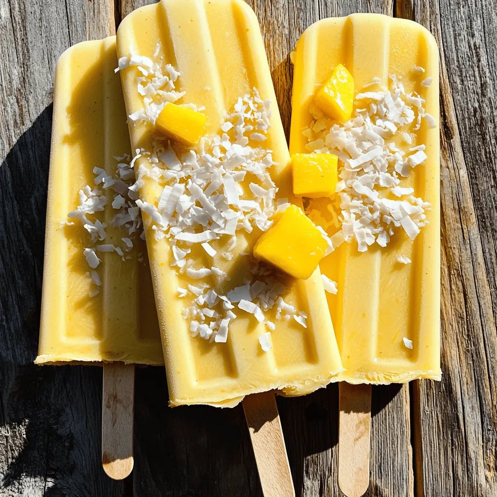 - 2 ripe mangoes, peeled and diced - 1 cup full-fat coconut milk - 1/2 cup Greek yogurt (dairy-free option available) - 2 tablespoons honey or maple syrup - 1 tablespoon fresh lime juice - A pinch of salt - Optional garnishes (shredded coconut, diced mango) To make the best creamy coconut mango popsicles, you need fresh and ripe ingredients. Start with two ripe mangoes. They should be sweet and soft. Peel and dice them for easy blending. The coconut milk adds creaminess. I always use full-fat coconut milk for the best texture. It makes the popsicles rich and delicious. Next, you’ll want half a cup of Greek yogurt. You can use dairy-free yogurt if you prefer. This also adds creaminess and a slight tang. For sweetness, add two tablespoons of honey or maple syrup. Adjust this to your taste, depending on how sweet you like your popsicles. Fresh lime juice gives a bright flavor. Just one tablespoon will do. Don't forget a pinch of salt. It enhances all the flavors. If you want extra texture, consider garnishes like shredded coconut or diced mango. This will make your popsicles look and taste even better. Start by gathering your ripe mangoes. Peel and dice them into small pieces. In a high-speed blender, add the diced mangoes, one cup of full-fat coconut milk, and half a cup of Greek yogurt. Use dairy-free yogurt if you prefer a vegan option. Next, pour in two tablespoons of honey or maple syrup for sweetness. Then, add one tablespoon of fresh lime juice and a pinch of salt to enhance the flavors. Blend everything on high until the mixture is smooth and creamy. Make sure there are no chunks of mango left. After blending, it's time to taste your mixture. Take a small spoonful and check the sweetness. If you want it sweeter, add more honey or syrup. Blend again to mix it well. This step allows you to customize the flavor to your liking. Carefully pour the creamy mango-coconut mixture into your popsicle molds. Leave a small gap at the top of each mold. This gap allows the mixture to expand as it freezes. If you'd like some extra texture, sprinkle shredded coconut or small pieces of diced mango into the molds before filling them completely. Once your molds are filled, place the popsicle sticks into them. Make sure the sticks stand upright. Transfer the molds to the freezer. Let them freeze for at least four to six hours. This time will ensure your popsicles are firm and ready to enjoy. When you're ready to eat your popsicles, remove them from the freezer. Run warm water over the outside of the molds for a few seconds. This will help loosen the popsicles. Gently pull them out without breaking them. Serve your popsicles on a nice plate or board. Enjoy the tropical flavors! Using full-fat coconut milk is key for rich, creamy popsicles. It gives a smooth texture that makes each bite delightful. Low-fat versions can make your popsicles icy and less enjoyable. Full-fat coconut milk adds flavor and creaminess. This simple swap can elevate your treat from good to great. You can easily customize the sweetness of your popsicles. Start with two tablespoons of honey or maple syrup. Blend the mixture and taste it. If you want it sweeter, add more sweetener. Blend again to mix. This way, you can create a popsicle that suits your taste perfectly. How you serve your popsicles can make them even more fun. Try placing them on a colorful plate or a wooden board. For a special touch, sprinkle shredded coconut or add a slice of fresh mango on the side. These small details make your popsicles look beautiful and inviting. {{image_4}} To make these creamy coconut mango popsicles dairy-free, swap the Greek yogurt. Use a plant-based yogurt instead. Coconut yogurt works well too. This keeps the texture rich, just like the original. You can also blend in a banana for extra creaminess. Mangoes shine in this recipe, but you can mix it up! Pineapple adds a tropical twist. Peaches or strawberries can create a sweet treat too. For a berry burst, use blueberries or raspberries. Just remember to adjust the sweetness based on the fruit's natural flavor. Want to jazz up your popsicles? Try adding fresh herbs! Mint or basil can give a fresh taste. A pinch of cinnamon adds warmth and depth. You can also infuse a splash of vanilla extract for a comforting flavor. These small touches can make your popsicles stand out! To keep your popsicles fresh, store them in airtight containers. This keeps them from ice crystals. You can also wrap them in plastic wrap. Label the containers with the date. This helps you know when they were made. You can keep these creamy coconut mango popsicles in the freezer for about 2 to 3 months. They will stay safe to eat after this time. However, the taste and texture may change. For the best flavor, enjoy them within a month. If your popsicles have been frozen too long, they might lose some creaminess. To refresh them, blend the popsicle in a blender until smooth. You can add a splash of coconut milk if needed. Pour the mixture back into molds and freeze again. This gives them a new life. Enjoy your tropical treat! Yes, you can use frozen mangoes. They are convenient and blend well. However, frozen mangoes may change the texture slightly. They can make the popsicles a bit icier than fresh mangoes. If you want a creamier popsicle, use fresh mangoes when possible. The popsicles typically take about 4 to 6 hours to freeze. Make sure they are firm before serving. For best results, leave them in the freezer overnight. This extra time ensures they are completely set and easy to unmold. You can substitute honey with maple syrup or agave nectar. Both options will keep the popsicles sweet. Maple syrup adds a light flavor, while agave is milder. Adjust the amount based on your taste preference. Yes, these popsicles can be made vegan-friendly. Simply replace Greek yogurt with dairy-free yogurt. Use maple syrup instead of honey. This way, you keep the creamy texture while making it suitable for a vegan diet. In this blog post, we explored how to make delicious mango popsicles. We covered ingredients, step-by-step instructions, meaningful tips, and fun variations. Making these treats is easy and fun for everyone. Remember to adjust sweetness to suit your taste. Try different fruits or swap out the yogurt for a dairy-free option. Enjoy sharing these popsicles with friends and family or treat yourself! Now, get ready to chill with your homemade mango popsicles.