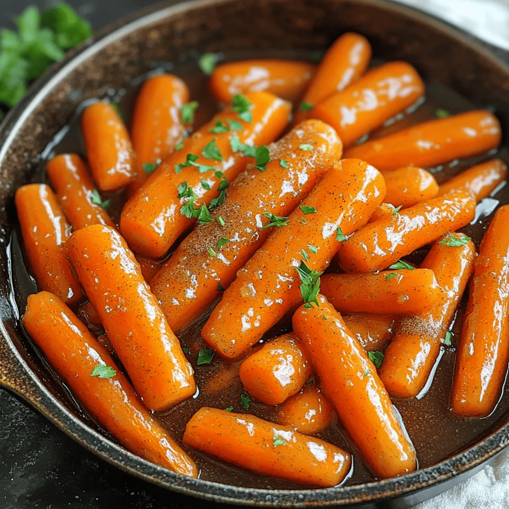 - 1 pound baby carrots (or regular carrots, peeled and cut) - 3 tablespoons unsalted butter - 1/4 cup packed brown sugar - 1/2 teaspoon ground cinnamon - 1/4 teaspoon ground nutmeg - Salt and freshly ground black pepper - 1/4 cup vegetable broth or water - Fresh parsley for garnish When I make brown sugar glazed carrots, I start with the main ingredients. Baby carrots work best, but regular carrots are fine too. Just peel and cut them into sticks. The butter adds richness, while brown sugar gives sweetness. Next, I include spices. The cinnamon adds warmth, and nutmeg brings a hint of earthiness. Salt and black pepper help balance the flavors. For liquids, I use vegetable broth or water. This helps cook the carrots and create a glaze. Fresh parsley at the end brightens the dish with color and flavor. Gather these ingredients, and you're ready to make a tasty side dish that everyone will love! Melting the butter Start by placing a large skillet over medium heat. Add 3 tablespoons of unsalted butter to the pan. Wait until the butter melts and bubbles. This butter will give the carrots a rich flavor. Preparing the carrots You can use baby carrots or regular carrots. If you use regular carrots, peel them and cut them into sticks. Aim for uniform sizes. This helps them cook evenly. Combining butter with carrots Once the butter is melted, add the carrots to the skillet. Toss them gently to coat each piece with butter. This step is key for flavor. Adding brown sugar and spices Sprinkle 1/4 cup of packed brown sugar, 1/2 teaspoon of ground cinnamon, and 1/4 teaspoon of ground nutmeg over the carrots. Stir well to mix the sugar and spices evenly. This will create a sweet, warm coating. Pouring in vegetable broth Next, carefully pour in 1/4 cup of vegetable broth. You can also use water if you prefer. Stir briefly to combine everything. Covering and simmering Cover the skillet with a lid and let the carrots simmer for about 10 to 12 minutes. Stir occasionally. This will help the carrots become tender. Thickening the glaze After the carrots are soft, remove the lid. Increase the heat to medium-high. Cook for another 3 to 5 minutes. This will help the glaze thicken and become glossy. You want it to be sweet and sticky. How to check for doneness To check if your carrots are done, pierce them with a fork. They should be tender but still firm. If they feel soft and mushy, you've cooked them too long. Aim for a nice balance of softness that keeps some crunch. Tips for caramelization For perfect caramelization, keep an eye on the heat. After simmering, raise the heat to medium-high. This helps the glaze thicken, turning it from a sauce to a sticky coating. Stir often to prevent burning and to make sure each carrot gets that sweet glaze. Adjusting seasoning Taste your carrots before serving. If they need more flavor, add a pinch of salt or a dash of pepper. You can also add a bit more brown sugar for extra sweetness or cinnamon for warmth. Adjust to your taste! Using fresh herbs for garnish Fresh herbs can brighten your dish. Chopped parsley adds color and freshness. Just sprinkle some on top before serving. You can also try thyme or chives for different flavors. Fresh herbs can take your carrots to another level. Stovetop vs. oven baking You can make these glazed carrots on the stovetop or in the oven. The stovetop lets you control the cooking better and is quicker. If you prefer roasting, toss your carrots in the glaze and roast them at 400°F for about 20-25 minutes. Just make sure to stir them halfway through. Using other types of carrots While baby carrots are easy, you can use any carrots you like. Regular carrots, cut into sticks, work great too. You can even try rainbow carrots for a fun twist. Just remember to keep the pieces uniform for even cooking. {{image_4}} You can switch up the sweeteners in this recipe. Honey adds a nice floral note. Maple syrup gives a rich, earthy flavor. Both work well in place of brown sugar. For those watching sugar intake, consider using a stevia blend. It can provide sweetness without the extra calories. You can easily add dried fruit for a burst of flavor. Raisins or cranberries bring sweetness and chewiness. They pair well with the glaze. Nuts can also enhance texture. Walnuts or pecans add crunch and depth. Just chop them before mixing in. If you want a vegan option, use plant-based butter. This keeps the dish creamy without dairy. For gluten-free needs, check your vegetable broth. Most broths are gluten-free, but it's good to verify. These changes make the dish suitable for various diets. To store leftover carrots, place them in an airtight container. This keeps them fresh and tasty. Make sure the container is sealed well to prevent moisture loss. Stored this way, your glazed carrots will last for about 3 to 5 days in the fridge. Always check for any signs of spoilage before eating. The best ways to reheat glazed carrots are in a skillet or microwave. If using a skillet, add a splash of water or broth to the pan. Heat over medium-low. Stir often to keep them moist. For the microwave, place the carrots in a bowl with a damp paper towel. Heat in short bursts, stirring in between, until warm. This helps avoid drying out the carrots. You can freeze cooked glazed carrots to enjoy later. Let them cool completely before placing them in a freezer-safe bag. Remove as much air as possible. They can last up to 3 months in the freezer. When you’re ready to eat, thaw them overnight in the fridge. Reheat them using a skillet or microwave for the best taste. Yes, you can use regular carrots. Just peel and cut them into uniform sticks. This helps them cook evenly. Regular carrots have great flavor and will work well in this recipe. To thicken the glaze, cook the carrots uncovered for a few extra minutes. This allows the liquid to reduce and become syrupy. You can also add a bit more brown sugar for extra sweetness. These carrots pair well with many dishes. Serve them alongside roasted chicken, grilled steak, or baked fish. They also complement rice or quinoa nicely, adding a sweet touch to your meal. Yes, you can prepare the carrots ahead of time. Cook them and let them cool, then store in the fridge. Reheat them in a skillet before serving. This makes meal prep easier and saves time on busy days. In this article, we covered making brown sugar glazed carrots. We discussed the key ingredients, from sweet carrots to rich spices. I provided step-by-step instructions, tips for perfecting your glaze, and tasty variations. Remember, you can adjust flavors to suit your taste. These carrots add joy to any meal. Enjoy making this dish, knowing it will impress everyone at the table. With simple storage tips, you can savor them later too. Enjoy your cooking journey!