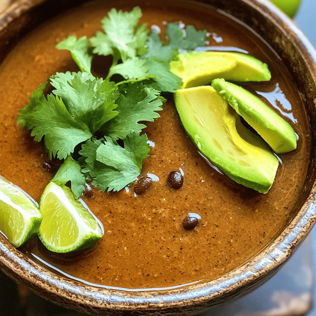 To make the best spicy black bean soup, you need these key items: - 2 cans (15 oz each) black beans, thoroughly drained and rinsed - 1 medium onion, finely diced - 2 cloves garlic, minced - 1 red bell pepper, diced into small pieces - 1 jalapeño, finely chopped (seeds removed for a milder flavor) - 1 can (14 oz) diced tomatoes with green chilies, undrained - 4 cups vegetable broth - 1 tablespoon extra virgin olive oil - 1 teaspoon ground cumin - 1 teaspoon smoked paprika - Salt and freshly ground black pepper, to taste - Fresh cilantro leaves for garnish - Ripe avocado, sliced for topping - Lime wedges for a zesty finish You can add some fun twists to your soup. Here are a few ideas: - Corn for a touch of sweetness - Chopped green onions for a fresh crunch - A splash of lime juice for more zing - Hot sauce if you want extra heat - A dollop of sour cream for creaminess While black beans are the star, you can try others too. Here are some good choices: - Pinto beans for a different flavor - Kidney beans for a hearty bite - Chickpeas for added protein Using a mix can create unique tastes in your soup! To start, heat 1 tablespoon of extra virgin olive oil in a large pot over medium heat. Add 1 medium onion, finely diced. Cook for about 5 minutes until soft and translucent. Next, mix in 2 cloves of minced garlic, 1 diced red bell pepper, and 1 finely chopped jalapeño. Cook these for 2-3 minutes. This step makes the soup fragrant and tasty. Now it's time to add the spices. Sprinkle 1 teaspoon of ground cumin and 1 teaspoon of smoked paprika over the soft vegetables. Stir well for about 1 minute. This helps the spices coat the veggies and release their lovely aromas, building a strong flavor base for your soup. Add 2 cans of black beans (drained and rinsed) and one 14 oz can of diced tomatoes with green chilies (keep the juices). Then pour in 4 cups of vegetable broth. Stir everything together and bring it to a gentle boil. Once boiling, reduce the heat to low. Cover the pot and let it simmer for 20-25 minutes. This allows the flavors to blend and deepen. For a creamy texture, use an immersion blender. Blend about half of the soup in the pot until smooth. If you don’t have one, transfer half of the soup to a blender. Blend until silky, then return it to the pot. This gives the soup a rich and creamy feel without being too heavy. Taste your soup and tweak the flavor. Add salt and freshly ground black pepper to your liking. If you want more heat, mix in a few dashes of your favorite hot sauce. This final step makes sure the soup has the perfect flavor for you. To boost the heat in your soup, try these tips: - Add extra jalapeños. Keep some seeds for more spice. - Use a hotter pepper, like serrano or habanero. - Stir in a splash of your favorite hot sauce while cooking. - Top each bowl with sliced fresh chili peppers. These easy steps will take your soup to the next level! Each adjustment can give you a unique flavor and heat profile. For a creamy texture, blending is key. Here’s how to get it just right: - Use an immersion blender in the pot. Blend half until smooth. - If you prefer, transfer half to a blender. Blend, then return it to the pot. - Add more broth if your soup is too thick. A little at a time helps. Remember, a good consistency is crucial. It should be hearty, yet easy to spoon. Garnishing your soup adds a fresh touch. Here are some great ideas: - Top with sliced avocado for creaminess. - Sprinkle chopped cilantro for a burst of flavor. - Serve with lime wedges for added zest. - Pair with crusty bread or tortilla chips for crunch. These simple ideas will elevate your Spicy Black Bean Soup. Enjoy it with family or friends for a delightful meal! {{image_4}} You can easily make this soup vegetarian or vegan. The base of black beans and veggies is already plant-based. Use vegetable broth instead of chicken broth, and skip any meat toppings. Add corn or sweet potatoes for extra flavor and texture. A sprinkle of nutritional yeast adds a cheesy taste without dairy. This way, you keep it healthy and tasty. If you want to add protein, consider diced chicken or turkey. They work well with the spices and beans. You can also use cooked quinoa or lentils for a vegetarian option. These additions make the soup filling and boost its nutrition. Just stir them in during the simmering step for best results. You can make this soup in a slow cooker or Instant Pot for added convenience. For the slow cooker, sauté the veggies first, then transfer everything into the pot. Cook on low for 6-8 hours or high for 3-4 hours. For the Instant Pot, use the sauté function for veggies, and then add the rest. Seal the lid and cook on high pressure for about 10 minutes. Both methods let the flavors develop beautifully while you go about your day. To keep your spicy black bean soup tasty, let it cool first. Store it in an airtight container. This helps keep flavors fresh. Label the container with a date. Use the soup within 3 to 4 days for the best taste. If you notice any off smells or colors, toss it out. Freezing is great for long-term storage. First, let the soup cool completely. Then, divide it into smaller portions. Use freezer-safe containers or bags. Try to remove as much air as possible before sealing. You can freeze the soup for up to 3 months. For best results, thaw it in the fridge overnight before reheating. Reheat your soup on the stove for even warmth. Pour the cold soup into a pot and heat over medium. Stir often until it’s hot. You can also use the microwave. Place the soup in a microwave-safe bowl, cover it, and heat in short bursts. Stir after each burst to avoid hot spots. Enjoy your delicious soup again! You can use pinto beans or kidney beans in place of black beans. Both have a similar texture and flavor. If you want a lighter option, try using chickpeas. They can add a nice twist to the soup. To make the soup milder, remove the seeds from the jalapeño. You can also skip the jalapeño altogether. Another option is to add a bit of sour cream or yogurt on top. This will help cool down the heat. Black beans are packed with protein and fiber. They help keep you full and are good for your heart. They also contain vitamins and minerals like iron and magnesium. Eating black beans can support a healthy diet. Yes, you can add more veggies! Try adding corn, carrots, or zucchini for extra flavor. They will enhance the soup and make it more colorful. Just chop them small so they cook evenly. Spicy Black Bean Soup can last up to five days in the fridge. Store it in an airtight container to keep it fresh. If you want to keep it longer, consider freezing it for up to three months. In this blog post, we explored the key ingredients for spicy black bean soup. You learned about essential and optional add-ins, the best bean varieties, and cooking techniques for a flavorful soup. We shared tips for spiciness and consistency, along with serving suggestions and variations. Finally, we provided storage tips and answered common questions. Now, you have the tools needed to make a delicious, comforting soup. Enjoy your cooking adventure!