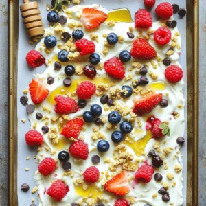 To make the Berry Cheesecake Yogurt Bark, you will need a few simple ingredients. Here’s what to gather: - 2 cups Greek yogurt (choose plain for a subtle taste or vanilla for extra sweetness) - 1/4 cup honey or maple syrup (for a natural sweetener) - 1 teaspoon vanilla extract (to enhance flavor) - 1/2 cup cream cheese, softened (for creaminess) - 1/2 cup mixed berries (combination of strawberries, blueberries, and raspberries) - 2 tablespoons mini chocolate chips (optional, for a chocolatey twist) - 1 tablespoon crushed graham crackers (for a crunchy topping) These ingredients work together to create a delightful treat. Greek yogurt gives a creamy base. Honey or maple syrup adds sweetness, while vanilla extract boosts flavor. Cream cheese makes it rich and smooth. The mixed berries bring freshness, and optional chocolate chips can add a fun twist. Crushed graham crackers add a nice crunch on top. Using fresh ingredients makes a big difference in taste. Feel free to mix and match the berries you like best! This recipe is flexible and can fit your taste. Start by grabbing a baking sheet. Line it with parchment paper. Make sure the paper hangs over the edges. This will help you lift the bark out later. In a large mixing bowl, add the Greek yogurt. You can choose plain or vanilla based on your taste. Next, pour in the honey or maple syrup. Add the vanilla extract and softened cream cheese. Whisk the mixture until it is smooth and creamy. Make sure there are no lumps. Now, pour the yogurt mixture onto the lined baking sheet. Use a spatula to spread it evenly. Aim for a thickness of about half an inch. After that, take your mixed berries and scatter them over the yogurt layer. Press them down gently so they stick. If you like, sprinkle mini chocolate chips and crushed graham crackers on top for extra flavor and crunch. Carefully place the baking sheet in your freezer. Let it freeze for at least four hours. You want the yogurt mixture to be completely solid before moving on. Once frozen, take the baking sheet out of the freezer. Let it sit for about five minutes at room temperature. This helps soften the bark a bit. Use a sharp knife to cut it into squares or break it into chunks. Serve it right away or store it in an airtight container in the freezer for up to one week. Enjoy your tasty and refreshing snack! For this recipe, I recommend using Greek yogurt. It has a thick, creamy texture. You can choose plain yogurt for a mild taste or vanilla for a sweeter flavor. Both work great. The yogurt gives your bark a nice, rich base. To avoid lumps, make sure your cream cheese is soft. Leave it out for a bit before mixing. This helps it blend smoothly. When you whisk the yogurt, honey, and cream cheese, do it well. A smooth mixture makes your bark creamy and enjoyable. Berry cheesecake yogurt bark is delicious on its own. You can serve it as a quick snack or dessert. Pair it with fresh fruit or a drizzle of honey for extra sweetness. It also goes well with a scoop of ice cream on warm days. Feel free to get creative with toppings! You can add nuts, seeds, or coconut flakes for extra crunch. Try using different fruits like peaches or mangoes. If you love chocolate, sprinkle more mini chocolate chips on top. Customizing makes your bark unique and fun! {{image_4}} You can change the berries in this recipe to match your taste. Try using bananas, peaches, or blackberries. Each fruit gives a unique flavor. For a tropical twist, add some diced mango or pineapple. Mix and match your favorites to keep things fun! If you want a dairy-free treat, swap the Greek yogurt and cream cheese for coconut yogurt. It gives a rich taste and creamy texture. Look for dairy-free cream cheese to keep the same flavor. This way, everyone can enjoy a tasty snack! To give your yogurt bark a special kick, add spices or extracts. A pinch of cinnamon can warm up the flavor. You can also try almond extract for a nutty vibe. Mix in some lemon zest to brighten the taste. Experiment with what you love for a personal touch! To store your berry cheesecake yogurt bark, place it in an airtight container. This keeps it fresh and tasty. You can also wrap individual pieces in plastic wrap for easy snacks later. Make sure to keep the bark in the freezer until you're ready to enjoy it. When freezing your yogurt bark, ensure it is fully solid before storing. This helps prevent ice crystals from forming. Use parchment paper to line your baking sheet; this makes it easier to lift the bark out. If you want to save space, stack layers of parchment paper between pieces. Berry cheesecake yogurt bark can last up to one week in the freezer. After that, it may lose texture and flavor. For the best taste, try to eat it within the first few days. Enjoy your tasty snack while it's at its best! Yes, you can use low-fat Greek yogurt. It will still work well. The taste and texture may be slightly different. Lower fat means less creaminess, but it will still taste great. It takes about 4 hours to freeze completely. For best results, leave it in the freezer overnight. This makes sure the yogurt bark is firm and easy to cut. Yes, frozen berries are fine to use. They may release some juice as they thaw. This juice can add flavor to your yogurt bark. Just make sure to pat them dry before adding to avoid excess moisture. Absolutely! This recipe is great for meal prep. You can make a big batch and store it in the freezer. Just cut it into pieces and grab a snack when you need it. It’s easy and fun! This blog post covered how to make Berry Cheesecake Yogurt Bark using simple ingredients. You learned about key steps, topping suggestions, and helpful tips. This treat is easy to customize and perfect for snack time. In conclusion, making yogurt bark is fun and creative. You can mix flavors and toppings to fit your taste. Enjoy this tasty treat knowing it’s simple and healthy. Give it a try and share your version with friends!