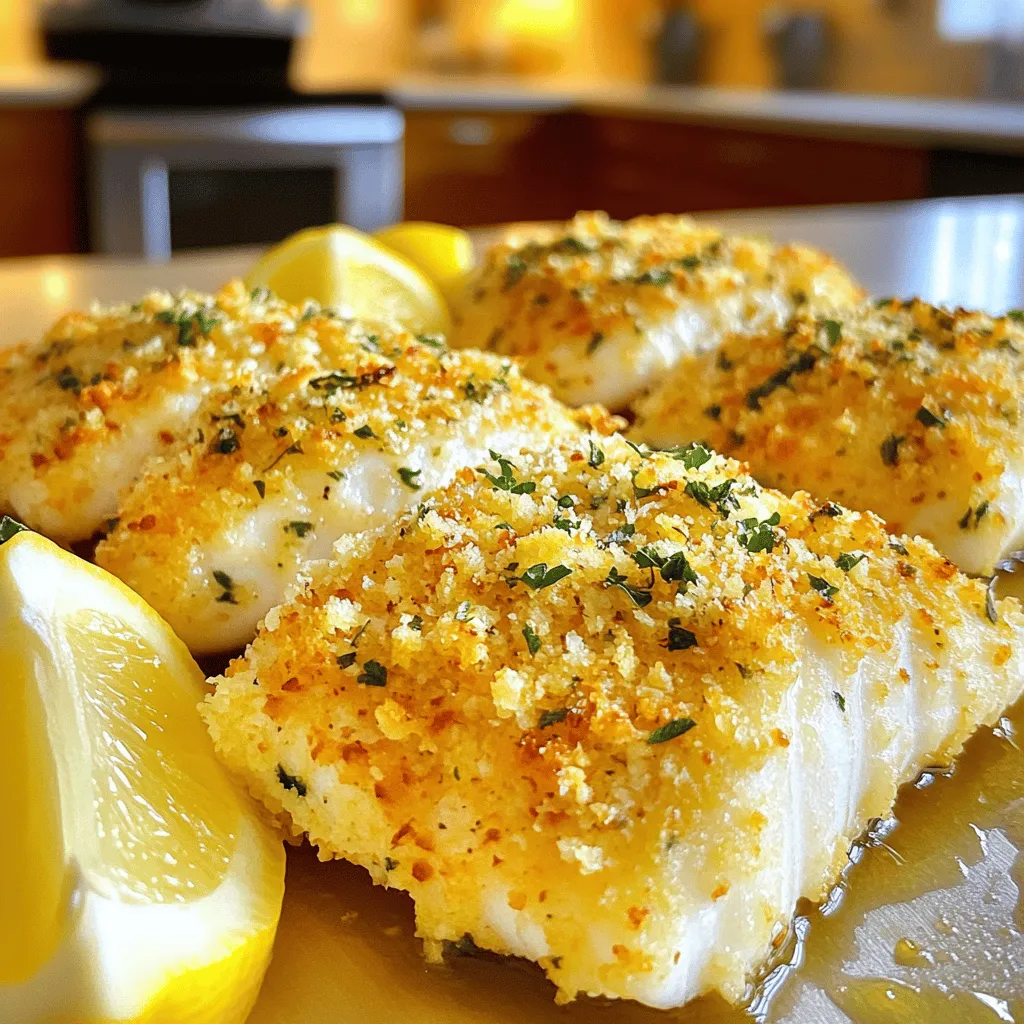 - 4 tilapia fillets - 1 cup finely grated Parmesan cheese - 1/2 cup panko breadcrumbs - 2 tablespoons fresh parsley, finely chopped - 1 tablespoon fresh basil, finely chopped - 1 teaspoon garlic powder - 1 teaspoon onion powder - 1 teaspoon smoked paprika - Salt and black pepper to taste - 3 tablespoons extra virgin olive oil - 1 lemon, cut into wedges for serving - Additional herbs (e.g., oregano, thyme) - Spices for extra flavor (e.g., cayenne pepper) - Substitute for tilapia (e.g., cod, haddock) The key to making this dish shine is in the fresh ingredients. Start with tilapia fillets, which are mild and flaky. They soak up flavors well. Use finely grated Parmesan cheese for a rich taste. Panko breadcrumbs add a nice crunch. Fresh parsley and basil give color and freshness. You can play with the optional ingredients. Try adding oregano or thyme for a twist. A pinch of cayenne pepper can spice things up. If you can't find tilapia, cod or haddock works too. Just watch the cook time, as different fish may need more or less time. Gather these ingredients, and you are ready to create a tasty meal that everyone will love! - Preheat oven to 400°F (200°C). - Line a baking sheet with parchment paper. Get your oven hot first. This helps the fish cook evenly. The parchment paper makes it easy to clean up later. - Combine dry ingredients in a bowl. - Stir until well incorporated. In a large bowl, mix the Parmesan cheese, panko breadcrumbs, parsley, basil, garlic powder, onion powder, smoked paprika, salt, and black pepper. Stir well to blend all the flavors together. This herb crust adds a tasty crunch to the fish. - Pat tilapia fillets dry. - Drizzle olive oil on both sides. - Press the herb mixture onto the fillets. Use paper towels to dry the tilapia fillets. This step helps the crust stick better. Then, drizzle olive oil on both sides. Don't be shy with the oil; it adds flavor and moisture. Next, take the herb mixture and press it firmly onto the top of each fillet. You want a nice, thick layer for a perfect crust. - Transfer coated fillets to the baking sheet. - Bake for 15-20 minutes until golden brown. Carefully place the coated fillets on the baking sheet. Make sure the crusted side faces up. Bake in the hot oven for about 15 to 20 minutes. The fish is done when it flakes easily and the crust is golden brown. - Let the fillets rest for a minute. - Serve with fresh lemon wedges. After baking, take the baking sheet out of the oven. Let the fillets rest for a minute. This helps the juices settle. Serve with fresh lemon wedges on the side. A squeeze of lemon adds a bright, fresh flavor that makes the dish even better. To get a crispy crust, fresh breadcrumbs work best. They help keep the crunch you want. I always use panko breadcrumbs for that extra crisp. Baking on the middle rack is key. It allows for even cooking and browning. Want a bit of heat? Add cayenne pepper to your crust mix. Just a little gives it a nice kick. If you want a unique flavor, smoked paprika is a great choice. It adds a subtle smoky taste that pairs well with the fish. You can prepare the crust ahead of time. Mix all your dry ingredients and store them. When you’re ready to cook, simply coat your tilapia. You can also refrigerate unbaked coated fillets. Just make sure you bake them within 24 hours for the best taste. {{image_4}} You can swap tilapia for other fish. Cod, catfish, or salmon work well. Each fish has a unique taste and texture. Cooking times may vary by fish type, so keep an eye on it. For cod or catfish, bake for about 15-20 minutes. Salmon usually takes a bit longer, around 20-25 minutes. Feel free to get creative with the herbs. Fresh herbs can add a nice touch. You might try dill, thyme, or even tarragon. For a zesty twist, make a lemon herb crust by adding lemon zest to the mix. This brightens the dish and adds a fresh flavor. If you need a gluten-free dish, you can make simple swaps. Substitute panko breadcrumbs with gluten-free breadcrumbs. This change keeps the crunch while avoiding gluten. Be sure to check that your Parmesan cheese is gluten-free too. Many brands offer gluten-free options, so you can enjoy this tasty dish worry-free. To keep your Parmesan herb crusted tilapia fresh, refrigerate it in an airtight container. This helps prevent it from drying out. Eat the leftovers within 2-3 days for the best taste. For the best texture, reheat your tilapia in the oven. Preheat to 350°F (175°C) and bake for about 10 minutes. This keeps the crust crispy. If you need a quick option, use the microwave. Heat on medium power for about 1-2 minutes, checking to avoid overcooking. You can freeze uncooked coated tilapia fillets. This is great for meal prep. Place the fillets in a single layer on a baking sheet, then freeze until solid. After that, transfer them to a freezer bag. When you're ready to cook, thaw the fillets in the refrigerator before baking. This ensures even cooking and keeps your crust nice and crunchy. Bake the tilapia for 15-20 minutes at 400°F (200°C). This time frame helps create a crisp crust while ensuring the fish cooks through. It’s key to check it at the 15-minute mark, as ovens may vary. Yes, you can use dairy-free cheese alternatives for crusting. Many brands offer options that melt well and provide good flavor. Just make sure to check the flavor so it complements the herbs. I suggest serving it with steamed vegetables or a light salad. These sides balance the richness of the fish. A simple green salad can provide a refreshing contrast. Absolutely! You can try using shredded mozzarella or a cheese blend. Each cheese brings its own taste. Experiment to find your favorite combination. The fish should flake easily with a fork and be opaque in color. This is a clear sign that it is fully cooked. If it is still translucent, give it a few more minutes. In this post, we explored making Parmesan Herb Crusted Tilapia. You learned about the simple ingredients, step-by-step baking tips, and variations to try. Remember, you can customize flavors and even switch fish types, keeping things fresh. The key is to achieve a crispy crust while ensuring your fish is perfectly cooked. This dish is not just tasty but also easy to prepare. Enjoy sharing this meal with family or friends, and let each bite bring joy to your table. Happy cooking!
