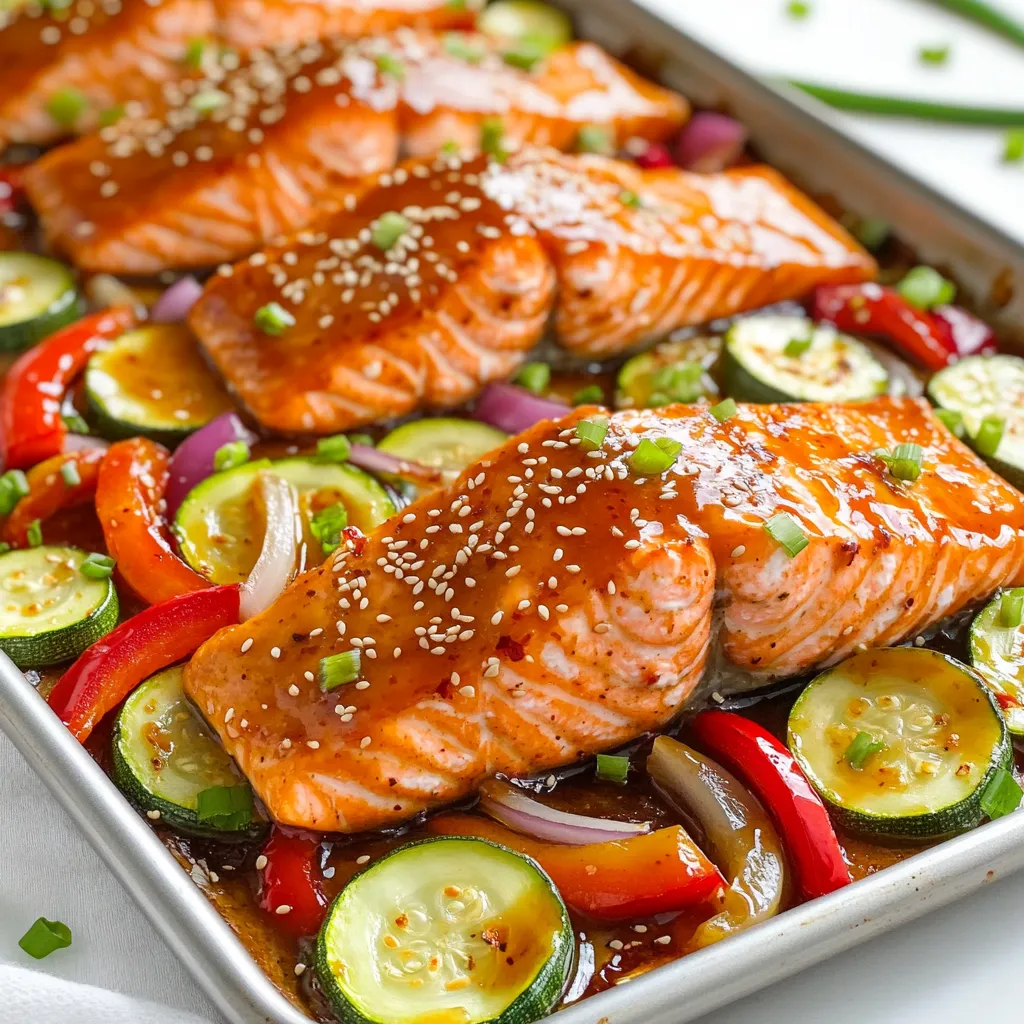 - 4 juicy salmon fillets - 1/4 cup sweet chili sauce - 2 tablespoons low sodium soy sauce - 1 tablespoon golden honey - 2 teaspoons fragrant sesame oil - 1 teaspoon freshly grated ginger - 1 vibrant red bell pepper, sliced into strips - 1 medium zucchini, sliced into half-moons - 1 small red onion, cut into wedges - 2 tablespoons extra virgin olive oil - Sea salt and freshly cracked black pepper to taste - Toasted sesame seeds and finely chopped green onions for garnish I love this recipe for its bright flavors and ease. You can find these ingredients at any grocery store. Salmon fillets are the star here. They bring rich taste and healthy fats. Sweet chili sauce adds sweetness with a hint of heat. Low sodium soy sauce balances the flavors without being too salty. The honey adds a touch of natural sweetness. Sesame oil gives a lovely aroma. Fresh ginger adds a zing that brightens the dish. For the veggies, I like using colorful bell peppers and zucchini. They cook quickly and add crunch. Red onion brings a bit of sweetness as well. Olive oil helps everything roast nicely. Don’t forget sea salt and black pepper for seasoning. Finally, the sesame seeds and green onions make the dish look pretty and add flavor. This mix of ingredients makes for a colorful, tasty meal that is easy to prepare. First, set your oven to 400°F (200°C). This high heat cooks the salmon and veggies well. To make cleanup easy, line a large sheet pan with parchment paper. This keeps the food from sticking. In a small bowl, mix together these ingredients: - 1/4 cup sweet chili sauce - 2 tablespoons low sodium soy sauce - 1 tablespoon golden honey - 2 teaspoons sesame oil - 1 teaspoon grated ginger Whisk these well. You want a smooth blend that will coat your salmon nicely. Take your salmon fillets and place them in a shallow dish or a resealable bag. Pour half of the marinade over the salmon. Make sure each fillet is covered. Let it marinate for 15-20 minutes. This time helps the flavors soak in while you prep your veggies. Grab a separate bowl and toss together: - 1 sliced red bell pepper - 1 sliced medium zucchini - 1 small red onion cut into wedges - 2 tablespoons olive oil - Sea salt and pepper to taste Mix until all the veggies are coated. Spread them in a single layer on one side of the sheet pan. Once the salmon has marinated, take it out. Place the fillets on the other side of the sheet pan, skin-side down. Brush the tops of the fillets with the rest of the marinade for extra flavor. Put the sheet pan in your preheated oven. Bake for 12-15 minutes. The salmon should flake easily with a fork when done, and the veggies should be tender and slightly caramelized. After baking, take the sheet pan out. Sprinkle toasted sesame seeds and chopped green onions on top of the salmon. This adds great flavor and color. Serve right away, and think about pairing it with rice or quinoa for a full meal. To make the sweet chili glaze just right, you can tweak the flavors. If you like it sweeter, add more honey. For a kick, mix in some red pepper flakes or a dash of sriracha. If you want less heat, use a mild chili sauce. Taste as you go to find your perfect balance. The best internal temperature for salmon is 145°F (63°C). This ensures it’s safe and tasty. To check, use a food thermometer. Salmon should flake easily with a fork when it's done. Keep an eye on it while baking. Overcooking can make it dry, so check around the 12-minute mark. To speed up your cooking time, prep your ingredients ahead. You can slice the veggies the day before. Store them in the fridge in an airtight container. You can also mix the marinade early. This way, you save time when it's time to cook. Plan ahead, and dinner will be quick and easy! {{image_4}} You can swap salmon for chicken or tofu. Chicken works great with the sweet chili glaze. Use chicken breasts or thighs for juicy flavor. Cook them for about 20-25 minutes at the same temperature. Tofu is a fantastic choice for a plant-based meal. Just press the tofu to remove extra water. Cut it into cubes and marinate like the salmon. Both options will soak up the tasty sauce! Feel free to mix in seasonal veggies. Asparagus, broccoli, or snap peas taste amazing. Brussels sprouts add a nice crunch. Carrots bring color and sweetness. Just chop them to similar sizes. Toss them in olive oil and spices, just like the other veggies. The goal is to have a colorful and healthy mix on your sheet pan. To enhance the taste, add fresh herbs or spices. Chopped cilantro or basil gives a fresh pop. Try some red pepper flakes for spice. You can also squeeze fresh lime juice over the dish before serving. This brightens the flavors and adds zest. Experiment with your favorite herbs to find your perfect combo! To store leftovers properly, let the salmon and veggies cool first. Place them in an airtight container. You can keep them in the fridge for up to three days. Make sure to separate the salmon from the vegetables if you want them to stay fresh longer. This helps keep the salmon moist and the veggies crisp. When you want to reheat, the oven is your best friend. Preheat it to 350°F (175°C). Place the salmon and veggies on a baking sheet. Bake for about 10 minutes or until warmed through. This method helps keep the fish tender and the veggies nice. You can also use the microwave for a quick reheat, but it may make the veggies soft. If you want to freeze, wrap the salmon tightly in plastic wrap. Then, place it in a freezer bag. You can freeze the veggies too. Make sure to remove as much air as possible. For best taste, use them within three months. When ready to eat, thaw in the fridge overnight. You can then reheat them as mentioned before. The cooking time for salmon depends on its thickness. For fillets about 1 inch thick, bake for 12-15 minutes. If your fillet is thicker, add a few more minutes. Always check if it flakes easily with a fork. This shows that it is cooked just right. Yes, you can use frozen salmon. Just remember to thaw it first. You can place it in the fridge overnight or use the quick-thaw method. To do this, seal the salmon in a bag and submerge it in cold water for about an hour. After thawing, follow the recipe as usual. You can serve this dish with many sides. Here are some great options: - Fluffy white rice or quinoa - Steamed broccoli or green beans - A fresh mixed salad with a light dressing - Roasted potatoes or sweet potatoes These sides balance the meal and add nutrition. Look for a few signs to know if your salmon is done. The flesh should turn from a deep pink to a light pink. It should also flake easily when you press it with a fork. If you have a food thermometer, the internal temperature should reach 145°F (63°C). When you see these signs, your salmon is ready to enjoy! The blog post covered how to make a delicious sweet chili glazed salmon. We discussed the ingredients, from salmon fillets to the right seasonings. I shared step-by-step guides on marinating, baking, and serving. Plus, you learned about storing leftovers and variations with other proteins or vegetables. Cooking is both fun and rewarding. With practice, you can create a meal that shines at any table. Enjoy your cooking journey!