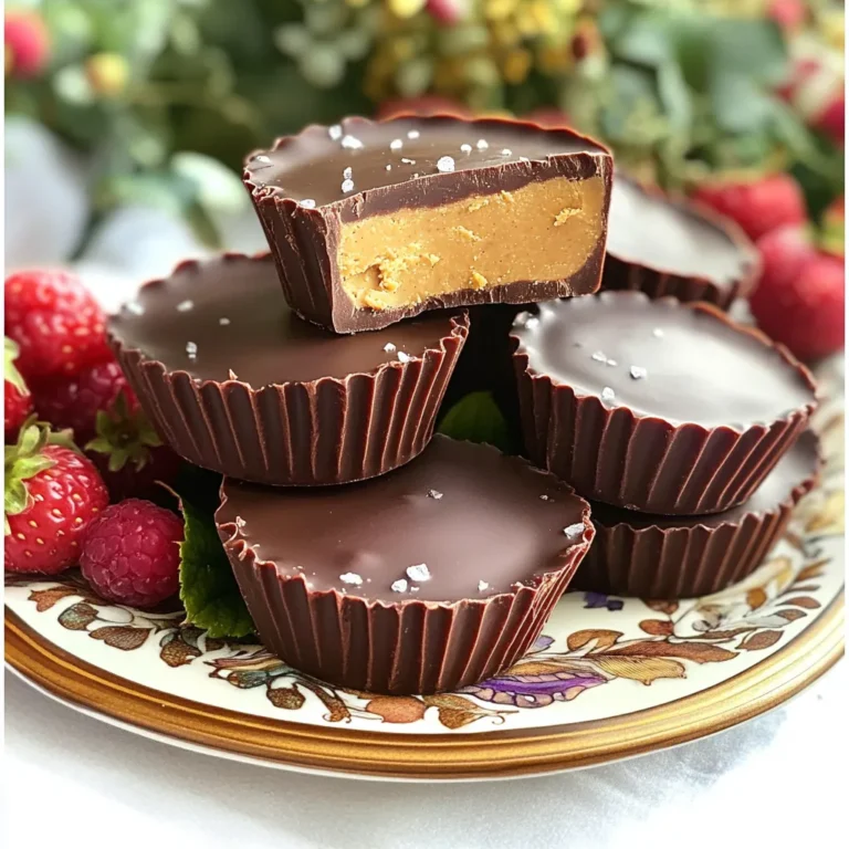 To make vegan chocolate peanut butter cups, you need a few simple ingredients: - 1 cup of dairy-free dark chocolate chips - 1/2 cup of natural peanut butter (smooth or crunchy) - 2 tablespoons of maple syrup - 1/4 cup of coconut oil (melted) - 1 teaspoon of vanilla extract - A pinch of sea salt - 12 mini cupcake liners These ingredients create a rich, creamy, and sweet treat. The dark chocolate gives a deep flavor, while the peanut butter adds a nice creaminess. You can easily adjust this recipe if you have dietary needs: - For nut-free options, use sun butter or pumpkin seed butter instead of peanut butter. - If you want it sugar-free, try using a sugar substitute like erythritol. - For a gluten-free option, ensure your chocolate chips are certified gluten-free. These swaps help you enjoy the same great taste while meeting your needs. Using high-quality ingredients matters. Choose dairy-free chocolate chips that are organic when possible. Look for natural peanut butter with only peanuts and salt. This keeps your treat healthy and tasty. Coconut oil should be virgin and unrefined for the best flavor. Always check labels for allergens and quality. Good ingredients make a big difference in your vegan chocolate peanut butter cups. First, you need to grab a muffin tin. Line it with 12 mini cupcake liners. This step is key to keeping your cups neat and tidy. Each slot will hold a tasty treat. Make sure they sit flat so they don’t spill. Next, let's melt the chocolate. In a microwave-safe bowl, mix 1 cup of dairy-free dark chocolate chips with 1/8 cup of melted coconut oil. Heat this in the microwave. Set it for 30 seconds at a time. Stir well after each time until the chocolate is smooth. This step gives your cups a rich base. Now, let’s build our layers. Take a tablespoon of the melted chocolate and scoop it into each cupcake liner. Use the back of the spoon to spread it evenly. Once done, pop the muffin tin into the freezer for about 10-15 minutes. This helps the chocolate set. While that sets, make the peanut butter mix. In the same bowl, add 1/2 cup of natural peanut butter, the rest of the melted coconut oil, 2 tablespoons of maple syrup, 1 teaspoon of vanilla extract, and a pinch of sea salt. Stir until it is all smooth. After the chocolate base is firm, take the muffin tin out. Spoon about 1 tablespoon of the peanut butter mixture onto the chocolate layer in each liner. Next, melt the remaining chocolate the same way. Pour it over the peanut butter layer and make sure it covers well. Use a spatula to smooth the tops. This gives a nice finish. Finally, return the muffin tin to the freezer for 30-40 minutes. Once they are set and firm, carefully peel away the cupcake liners. Enjoy your delicious vegan chocolate peanut butter cups! To get a smooth chocolate layer, start with quality chocolate chips. I use dairy-free dark chocolate chips for a rich taste. When melting, do it in bursts. Microwave in 30-second intervals. Stir well between each heating. This method helps prevent burning. If your chocolate is too thick, add a little more melted coconut oil. This will keep it silky. For creamy peanut butter, choose natural peanut butter. I prefer the smooth variety, but crunchy works too. Mix the peanut butter with melted coconut oil, maple syrup, and vanilla extract. Stir until it looks silky and well-blended. If it's too thick, a splash of coconut oil can help. This keeps your peanut butter layer creamy and easy to spread. Presentation is key! Once your cups are set, peel them from the liners. Place them on a nice platter for a special touch. To make it eye-catching, sprinkle a little sea salt on top. You can also add fresh fruit or berries around them. This adds color and makes your dessert look even more inviting. {{image_4}} You can make your vegan chocolate peanut butter cups even more exciting! Try adding different extracts. A drop of almond extract gives a nice twist. You can also try peppermint extract for a fresh flavor. Just a few drops will do. If you love spice, mix in a pinch of cinnamon or a dash of cayenne pepper. These flavors add warmth and depth. If you're nut-free, you can swap peanut butter for sunflower seed butter. It has a similar creamy texture and taste. For a sugar-free option, use sugar-free chocolate chips and a sugar-free maple syrup. This way, you can still enjoy a sweet treat without the sugar. Always check the labels to ensure they fit your needs. Get creative with your cups! You can add fillings like shredded coconut or chopped dried fruit. These add a nice chew and extra flavor. For toppings, consider crushed nuts or seeds. They add crunch and look pretty. Drizzle some melted chocolate on top for a fun finish. You can even sprinkle a bit of flaky sea salt for a gourmet touch. To keep your vegan chocolate peanut butter cups fresh, store them in an airtight container. This helps prevent them from absorbing odors and losing flavor. Place a layer of parchment paper between layers if you stack them. Avoid direct sunlight, as light can affect the taste and texture. Keep them in a cool, dry place like a pantry or kitchen cabinet. Freezing is a great option to extend the life of your cups. First, make sure the cups are fully set and firm. Then, wrap each cup in plastic wrap or aluminum foil to prevent freezer burn. Place the wrapped cups in a freezer-safe bag or container. When you’re ready to enjoy them, just thaw them in the fridge for a few hours. When stored properly, these cups can last up to two weeks at room temperature. In the fridge, they stay fresh for about three weeks. If you freeze them, they can last up to three months. Just remember, the sooner you eat them, the better the taste! Using vegan ingredients offers many health benefits. First, they are often lower in saturated fat. This can help heart health. Many vegan foods have more fiber, which aids digestion. They also provide important vitamins and minerals. For example, nuts and seeds contain healthy fats and protein. Dark chocolate is rich in antioxidants. These compounds can fight free radicals in the body. Vegan ingredients also support better weight management. They are often less processed and full of whole foods. Eating a plant-based diet can lower the risk of certain diseases. These include diabetes and heart disease. Overall, vegan ingredients promote a balanced diet and a healthier lifestyle. Yes, you can make these chocolate peanut butter cups in advance. They store well in the fridge or freezer. If you want to prepare them ahead, follow the recipe steps. After they set, place them in an airtight container. In the fridge, these cups stay fresh for up to a week. If you freeze them, they last for about two months. Just let them thaw for a few minutes before serving. Making them in advance is perfect for parties or snacks. You can enjoy a sweet treat anytime without the hassle. You can find pre-made vegan chocolate peanut butter cups in many stores. Look in the health food aisle or the snack section. Popular brands offer them, and they often have labels showing they are vegan. Online stores also sell these treats. Websites like Amazon or specialty vegan shops often have a variety. If you prefer a local option, check farmers' markets or specialty stores. They may carry homemade or small-batch versions. Enjoying pre-made cups is a quick and easy way to satisfy your chocolate cravings! In this post, I shared how to make vegan chocolate peanut butter cups. We discussed key ingredients, step-by-step instructions, and tips for perfect layers. You learned about variations and how to store them well. These cups are not only tasty but also fit many diets. I hope you feel ready to create these treats. Enjoy making them your own!
