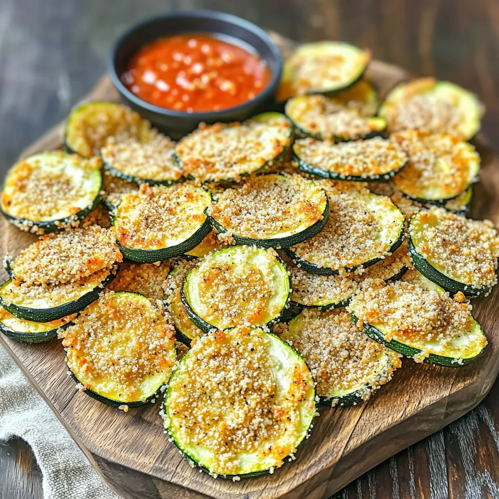 - 2 medium zucchinis, sliced into thin rounds - ½ cup freshly grated Parmesan cheese - ½ cup whole wheat breadcrumbs - 1 teaspoon garlic powder - 1 teaspoon onion powder - 1 teaspoon Italian seasoning - Salt and freshly ground black pepper, to taste - 1 large egg, beaten until frothy - Cooking spray for a crispy finish - Alternative seasonings or spices, such as paprika or cayenne - Additional dipping sauces like marinara or ranch To create delicious Air Fryer Parmesan Zucchini Chips, you need fresh zucchinis. They are the star of the dish. Choose firm zucchinis for the best texture. The cheese adds rich flavor. Freshly grated Parmesan melts beautifully and gives a golden crust. Whole wheat breadcrumbs provide crunch and a hint of nuttiness. Seasonings enhance the taste. Garlic powder and onion powder add depth. Italian seasoning brings a blend of herbs. Salt and pepper balance the flavors. For a crispy finish, use cooking spray. It helps achieve that perfect crunch. You can also customize the flavor. Try adding paprika for a smoky kick or cayenne for heat. Dipping sauces can elevate your snack. Marinara sauce pairs well, offering a classic touch. Ranch dressing provides a cool contrast. Enjoy experimenting with these options! 1. Preheating the air fryer: Start by preheating your air fryer to 400°F (200°C). This temperature helps create that crunchy texture we all love in chips. 2. Mixing dry ingredients: In a bowl, mix together the Parmesan cheese, breadcrumbs, garlic powder, onion powder, Italian seasoning, salt, and pepper. Stir until everything blends well. This mixture gives flavor and crunch to the zucchini. 1. Egg dipping technique: Take your zucchini slices and dip each one in the beaten egg. Make sure they are fully covered. This step helps the breadcrumbs stick better. 2. Ensuring proper breadcrumb coating: Next, place each egg-coated slice into the breadcrumb mix. Press down gently to make sure the crumbs stick. A good coating is key for a crispy bite. 1. Cooking time and temperature tips: Place the coated zucchini chips in a single layer in the air fryer basket. Cook them for 10-12 minutes. Keep an eye on them; cooking times may vary based on your air fryer and how crunchy you want them. 2. Flipping tips for even cooking: Flip the chips halfway through cooking. This step ensures every side gets that golden brown color. A little attention goes a long way in achieving perfect crispiness. To get those zucchini chips nice and crunchy, follow these tips: - Slice Thinly: Cut your zucchinis into thin rounds. Thin slices cook faster and crisp up better. Aim for about 1/4 inch thick. - Dry Well: Pat your zucchini slices dry with a paper towel. Removing excess moisture helps them become crispier. - Space It Out: Place the coated chips in a single layer in the air fryer basket. This allows hot air to flow freely around each slice. If your basket is small, cook in batches. Avoid these pitfalls for perfect zucchini chips: - Watch the Time: Overcooking can lead to burnt chips. Check them at 10 minutes. Flip them halfway for even cooking. - Coating Issues: Make sure the egg coats the zucchini well before dipping into the breadcrumb mix. Press down to help the crumbs stick. Here are some fun ideas for serving your chips: - Dipping Sauces: Pair your zucchini chips with marinara sauce, ranch, or a zesty yogurt dip. These sauces add great flavor to each bite. - Presentation Tips: Serve the chips warm on a colorful plate. Add fresh herbs like parsley or basil for a nice touch. This makes them look as good as they taste! {{image_4}} You can switch up the cheese for a new taste. Try using mozzarella or cheddar instead of Parmesan. Each cheese brings its own flavor. For a twist, consider using nutritional yeast for a dairy-free option. If you need a gluten-free choice, look for gluten-free breadcrumbs. Many brands offer great options. You can even crush gluten-free crackers or cornflakes as a fun substitute. Spice things up by adding your favorite herbs. A sprinkle of paprika or cayenne pepper gives an exciting kick. You can also mix in fresh herbs like basil or thyme for a fresh taste. Want to add more vegetables? Try thin slices of eggplant or sweet potatoes. Just follow the same steps for coating and air frying. Each veggie can bring its own unique flavor and crunch! Zucchini chips pair well with many dishes. Serve them alongside a fresh salad or grilled chicken for a complete meal. They also make a tasty snack with hummus or guacamole. Nutritionally, pairing zucchini chips with protein helps balance your meal. It keeps you full and satisfied. Plus, the fiber from the chips and the protein from your meal work together for a healthy boost. To keep your leftover zucchini chips fresh, store them in an airtight container. This helps maintain their texture. Place a paper towel in the container to absorb moisture. Enjoy these chips within 2 days for the best taste. After that, they may lose their crunch. To reheat your chips and keep them crispy, use the air fryer. Set it to 350°F (175°C) and heat for about 3-5 minutes. Check often to avoid burning. You can also use an oven. Place the chips on a baking sheet and heat at the same temperature for 5-7 minutes. Both methods work well to revive the crunch. You can make zucchini chips in the oven. First, preheat your oven to 425°F (220°C). Slice the zucchini into thin rounds, similar to the air fryer method. Next, coat them with the same mixture of Parmesan cheese and breadcrumbs. Place them on a baking sheet lined with parchment paper. Bake for about 20-25 minutes, flipping halfway through. Keep an eye on them to avoid burning. This method gives you crispy chips, but they may not be as quick as the air fryer. Using frozen zucchini is possible, but it changes the texture. Frozen zucchini has more moisture, which can make chips soggy. If you decide to use frozen zucchini, thaw them first and pat them dry with a paper towel. This helps remove excess water. Cooking time may also increase, so check them often to avoid overcooking. These chips are a healthy snack option. A serving typically has about 100 calories. They are low in carbs and high in fiber, thanks to the zucchini. The Parmesan cheese adds protein and calcium. Whole wheat breadcrumbs provide extra nutrients. This snack can fit well into a balanced diet, offering a tasty way to enjoy vegetables. Look for a golden brown color on the chips. They should be crispy and firm to the touch. If they are still soft, they need more time. Pay attention to the aroma; when they smell delicious, they are close to done. Always flip them halfway through cooking for even crispiness. Enjoy your crunchy chips! You’ve learned how to make tasty zucchini chips. We covered ingredients, preparation, and the air frying process. I shared tips for perfect crispiness and common mistakes to avoid. You can also explore fun variations and serving ideas to enhance flavor. Remember to store leftovers properly and know how to reheat them. Enjoy your homemade chips as a healthy snack! Now, get cooking and impress your friends and family with your skills.
