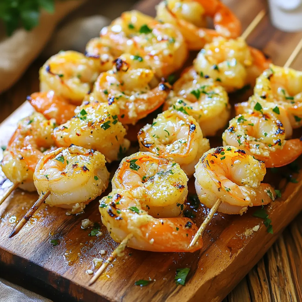 - 1 pound large shrimp, peeled and deveined - 3 tablespoons extra virgin olive oil - 4 cloves garlic, finely minced - 3 tablespoons freshly grated Parmesan cheese - 1 teaspoon smoked paprika - 1 teaspoon garlic powder - 1 teaspoon dried Italian herb blend - Salt and freshly ground black pepper, to taste - 1 tablespoon fresh parsley, finely chopped - Skewers (soak wooden skewers for 30 minutes) Using fresh ingredients makes a big difference in taste. Fresh shrimp offers a sweet flavor and firm texture. Fresh garlic adds a strong, bold taste that pairs well with Parmesan. When you pick fresh herbs, they bring bright flavors to your dish. Fresh ingredients not only taste better, but they also look good on your plate. You can easily swap some ingredients to fit your needs. For a low-carb option, use zucchini or bell peppers instead of shrimp. If you need a dairy-free version, try nutritional yeast. This gives a cheesy flavor without the milk. For a spicy kick, add cayenne pepper or chili flakes. Adjusting the recipe allows everyone to enjoy delicious shrimp skewers. Start by gathering your ingredients. In a large mixing bowl, combine: - 3 tablespoons extra virgin olive oil - 4 cloves garlic, finely minced - 3 tablespoons freshly grated Parmesan cheese - 1 teaspoon smoked paprika - 1 teaspoon garlic powder - 1 teaspoon dried Italian herb blend - Salt and freshly ground black pepper to taste Whisk these together until you have a smooth and rich marinade. This mix adds flavor and keeps the shrimp moist. Next, add 1 pound of peeled and deveined shrimp to the bowl. Toss gently to coat each shrimp with the marinade. For the best taste, let them sit for 15 to 30 minutes. If you want to marinate them longer, place the bowl in the fridge. This step is key for flavor. While the shrimp marinates, soak your wooden skewers in water for 30 minutes. This helps prevent burning. Preheat your air fryer to 400°F (200°C). This high heat gives the shrimp a nice crisp. After soaking, thread the marinated shrimp onto the skewers. Make sure they are spaced out evenly. This helps them cook well. Place the shrimp skewers in the air fryer basket in a single layer. Avoid overlapping for even cooking. Cook them for 6 to 8 minutes. Flip them halfway through to ensure they cook evenly. The shrimp should turn opaque and curl slightly when done. Once cooked, carefully take the skewers out of the air fryer. Garnish with freshly chopped parsley for a bright finish. Serve hot and enjoy your tasty meal! To get that strong garlic taste, use fresh garlic. Fresh garlic adds a bold flavor. Mince it finely so it spreads well. Mix the minced garlic with olive oil before adding shrimp. This helps the garlic flavor soak into the shrimp. For an extra kick, let the shrimp marinate for 30 minutes. Even cooking is key for tasty shrimp. First, make sure to space your shrimp well on the skewers. If they touch, they may not cook right. Place the skewers in a single layer in the air fryer. Flip the skewers halfway through cooking to let hot air reach all sides. Cook for 6-8 minutes until the shrimp turn opaque. If using wooden skewers, soak them in water for 30 minutes. Soaking prevents burning in the air fryer. For metal skewers, you can skip this step. Always make sure the shrimp are securely threaded. This helps keep them from falling off while cooking. Aim for around 4-5 shrimp per skewer for a good bite. {{image_4}} For a spicy kick, add red pepper flakes to your marinade. Start with a pinch and taste as you go. You can also swap in chili powder for more heat. This change enhances the dish while keeping the garlic and cheese flavors. To brighten your skewers, add fresh lemon juice and zest. Mix these into the marinade. The citrus flavor balances the rich garlic and Parmesan. You can also use fresh herbs like dill or cilantro for a refreshing twist. This variation adds a nice zing that pairs well with the shrimp. You can easily add veggies for more color and nutrition. Bell peppers, zucchini, and cherry tomatoes work great. Cut them into chunks and thread them onto the skewers with the shrimp. This adds flavor and makes the meal more filling. Just make sure the veggies are cut to similar sizes for even cooking. To store leftover shrimp skewers, let them cool to room temperature. Place them in an airtight container. This helps keep them fresh. You can store them in the fridge for up to 2 days. Remember to label the container with the date. This way, you can track how long they’ve been stored. When you want to enjoy your leftover shrimp skewers, reheating is simple. Preheat your air fryer to 350°F (175°C). Place the skewers in the basket. Heat them for about 4 to 5 minutes. Check if they are warmed through. This method keeps them crispy and tasty. Avoid using the microwave, as it can make them rubbery. If you want to freeze shrimp skewers, it’s best to do this before cooking. Prepare and marinate the skewers as directed. Place them on a baking sheet lined with parchment paper. Freeze them for about 2 hours until they are solid. Then, transfer them to a freezer bag. Remove as much air as possible. They can last in the freezer for up to 3 months. When ready to cook, do not thaw. Just cook them in the air fryer for a few extra minutes. This keeps them fresh and delicious. Yes, you can use frozen shrimp. Just make sure to thaw them first. Place the shrimp in a bowl of cold water for about 15-20 minutes. This helps them thaw quickly and evenly. Once thawed, peel and devein them if needed. Frozen shrimp can work well, but fresh shrimp often taste better. Any air fryer that can reach 400°F (200°C) works well. A basket-style air fryer is great for this recipe. It allows for even cooking and good air circulation. If your air fryer has a skewers attachment, even better! Just make sure the shrimp fit comfortably without crowding. Cooked shrimp turn opaque and curl slightly. This usually takes about 6-8 minutes in the air fryer. You can also cut one in half to check. If it’s pink and no longer translucent, it’s done. Be careful not to overcook them, or they can become tough. Yes, soaking wooden skewers is a good idea. It prevents them from burning in the air fryer. Soak them in water for at least 30 minutes before using. This step ensures your skewers hold up and adds no burnt flavor to your shrimp. In this blog post, we explored making garlic parmesan shrimp skewers. We discussed key ingredients and their importance. Fresh ingredients enhance flavor, while alternatives cater to diets. I shared step-by-step instructions to marinate, assemble, and cook the skewers. Tips helped achieve perfect flavor and even cooking. Variations added zest with spices, herbs, and veggies. Finally, I covered how to store and reheat leftovers, ensuring you enjoy every bite. Now, you're ready to impress with these tasty skewers. Enjoy cooking!