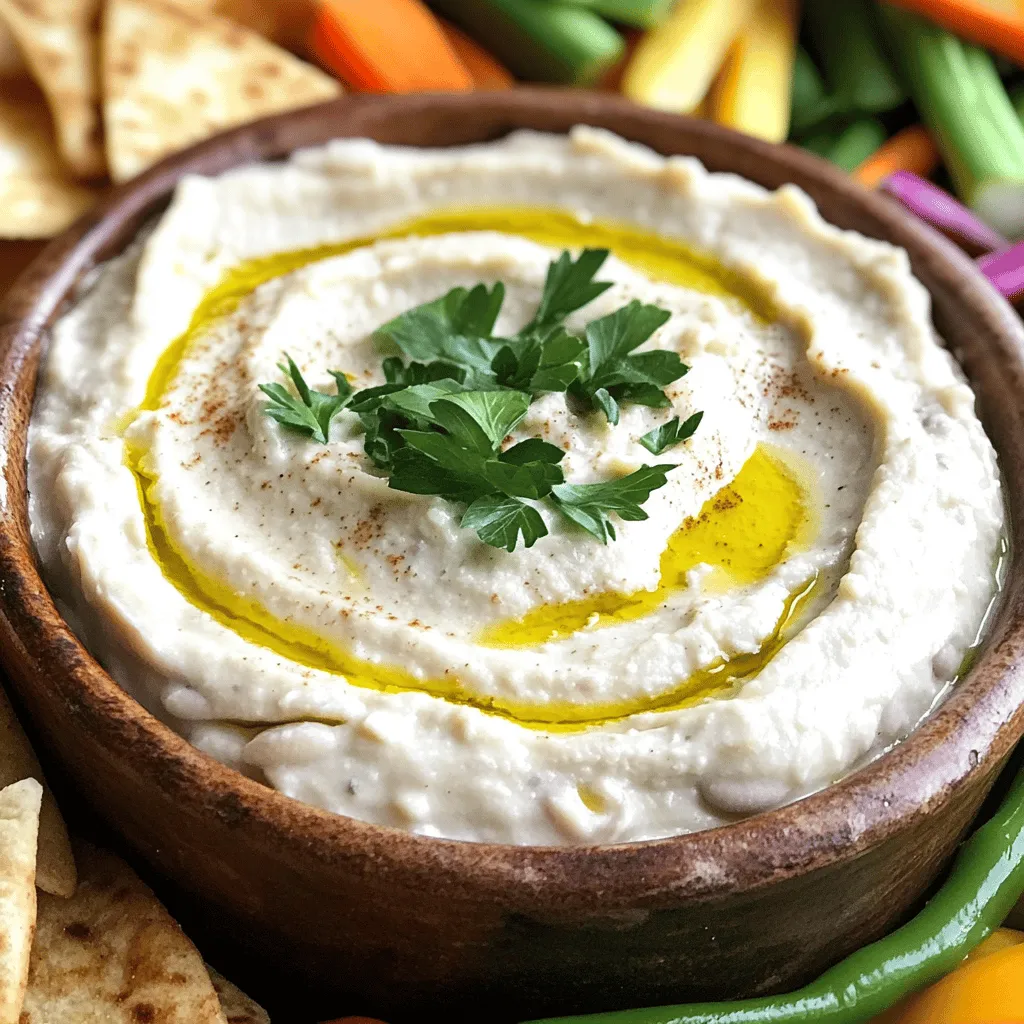 - 1 can (15 oz) of white beans (cannellini or navy) - 6 cloves of roasted garlic - 3 tablespoons of creamy tahini - 2 tablespoons of freshly squeezed lemon juice - 2 tablespoons of olive oil - 1/2 teaspoon of ground cumin - Sea salt - Freshly cracked black pepper - Fresh herbs (parsley or chives) - Pita chips - Fresh vegetable sticks White beans are the heart of this dip. I like to use cannellini or navy beans, as they are creamy and smooth. Roasted garlic adds a sweet, rich flavor. Roasting garlic makes it soft and sweet, which gives the dip a nice depth. Creamy tahini brings a nutty taste and a smooth texture. Freshly squeezed lemon juice adds brightness and balance. Olive oil gives the dip richness. Ground cumin warms up the flavor, making it more interesting. For seasoning, I use sea salt and freshly cracked black pepper. These add just the right amount of flavor. Fresh herbs like parsley or chives make a beautiful garnish, adding color and freshness. When serving, I love pairing the dip with crispy pita chips. Fresh veggie sticks also work well. They add crunch and freshness. Enjoy this creamy roasted garlic white bean dip as a fun snack or a party starter! To make this dip, first, we need to prepare the garlic. - Preheat your oven to 400°F (200°C). - Take six cloves of garlic and wrap them in aluminum foil. - Drizzle a small amount of olive oil over the garlic. Now it’s time to roast the garlic. - Place the wrapped garlic in the oven. - Roast for about 30 minutes. - Watch for the garlic to become soft and golden brown. Once the garlic is roasted, we can blend the dip. - In a food processor, add the drained white beans. - Squeeze the roasted garlic from its skin into the processor. - Add three tablespoons of tahini, lemon juice, olive oil, and ground cumin. - Blend the mixture until it is smooth and creamy. - If it’s too thick, add a tablespoon of water and blend again. - Taste the dip and season with sea salt and black pepper. - Blend once more for even flavor. Now your creamy roasted garlic white bean dip is ready to enjoy with pita chips or veggie sticks! - Monitor roasting time: Keep an eye on your garlic while it cooks. It takes about 30 minutes at 400°F. You want it soft and golden brown. - How to select quality garlic: Choose firm bulbs with tight skin. Avoid any that feel soft or have green shoots. - Adjusting thickness with water: If your dip is too thick, add water slowly. Start with one tablespoon, then blend. This helps reach your perfect creaminess. - Blending techniques for creaminess: Use a food processor for smooth results. Scrape down the sides to blend every bit. - Serving bowl styles: Choose a bowl that matches your table. A simple white bowl makes the dip shine. - Garnishing techniques: Add fresh herbs on top. Sprinkle some parsley or chives for color and flavor. Drizzle olive oil for a nice finish. {{image_4}} You can spice up your dip easily. Try adding red pepper flakes for heat. This small amount gives a nice kick. If you prefer herbs, consider using basil or dill. Both add fresh notes to the dip. Experiment with these flavors to find your favorite mix. This dip can fit many diets. For a vegan option, ensure your tahini is pure and free from animal products. Use fresh herbs to add flavor without animal ingredients. For gluten-free servings, use vegetable sticks or gluten-free pita chips. These choices keep everyone happy at the table. Changing seasons can inspire new flavors. In spring or summer, add seasonal vegetables like diced cucumbers or roasted red peppers. These add color and crunch. In fall, consider infusing flavors with roasted squash or sweet potatoes. This makes the dip hearty and perfect for cooler days. To keep your creamy roasted garlic white bean dip fresh, store it in an airtight container. This helps prevent the dip from drying out or absorbing odors. Place the container in the fridge. The dip stays fresh for about 3 to 5 days. Always check for any off smells or changes in texture before enjoying leftovers. You can freeze this dip for longer storage. Use a freezer-safe container or a heavy-duty freezer bag. Leave some space at the top for expansion. The dip can last up to 2 months in the freezer. When you're ready to enjoy it again, take it out and thaw it in the fridge overnight. To reheat the dip, place it in a pot over low heat. Stir it often to ensure even warming. You can also microwave it in short intervals, stirring in between. If the dip seems thick, add a splash of water or olive oil to keep it creamy. This helps maintain its smooth texture and rich flavor. To make your white bean dip creamier, you can add a few simple things. First, use more tahini. It adds a rich texture and flavor. Second, blend the dip longer. A good mix helps create a smooth texture. If it’s still thick, add water. Start with one tablespoon. Blend again until it’s just right. Yes, you can use canned white beans. They save time and are very convenient. Canned beans are already cooked, so you just need to drain and rinse them. This method makes the dip quick and easy. Plus, it is budget-friendly. Canned beans also have a creamy texture, perfect for dips. You can serve this dip with many tasty options. Pita chips are a classic choice. They are crunchy and pair well with the creamy dip. Fresh vegetable sticks also work great. Try carrots, celery, and bell peppers for a colorful plate. You can even use crackers or toasted bread. Enjoy mixing and matching! This blog post covered how to make a tasty Creamy Roasted Garlic White Bean Dip. We discussed key ingredients, including white beans, roasted garlic, and tahini. I shared step-by-step instructions for preparation and tips for a perfect consistency. You learned about serving suggestions and variations to keep things fresh. Always remember, storing leftovers properly helps maintain flavor. Dive into this dip for a snack or party treat!