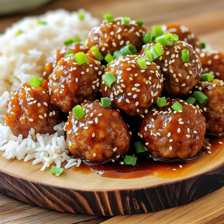 - 1 pound ground beef (or ground turkey for a lighter option) - 1/2 cup panko breadcrumbs (for added texture) - 1/4 cup green onions, finely chopped (plus more for garnish) - 1 large egg (to bind the mixture) - 2 cloves garlic, minced (for aromatic flavor) - 1 teaspoon ginger, freshly grated (adds a warm, spicy note) - Salt and pepper to taste - 1/4 cup low-sodium soy sauce (to reduce saltiness) - 1/4 cup honey (for sweetness) - 1 tablespoon rice vinegar (to balance the sweetness) - 1 tablespoon sesame oil (for rich flavor) - 1 tablespoon cornstarch (to thicken the sauce) - 2 tablespoons water (to create a cornstarch slurry) - Sesame seeds (for garnish) - For ground meat, use 1 pound. I suggest beef or turkey. - Use 1/2 cup of panko breadcrumbs for texture. - Add 1/4 cup of finely chopped green onions. - One large egg will bind the meatballs well. - Use 2 cloves of minced garlic for flavor. - Add 1 teaspoon of freshly grated ginger. - Season with salt and pepper to taste. - Pour in 1/4 cup of low-sodium soy sauce. - Sweeten with 1/4 cup of honey. - Mix in 1 tablespoon of rice vinegar. - Use 1 tablespoon of sesame oil for depth. - Add 1 tablespoon of cornstarch to thicken the sauce. - Finally, use 2 tablespoons of water for the slurry. - You can swap ground beef for ground turkey if you want a lighter dish. - For gluten-free, use gluten-free breadcrumbs. - You can also use coconut aminos instead of soy sauce for a soy-free option. - Honey can be replaced with maple syrup for a vegan choice. To make the meatballs, start by mixing the ground beef or turkey. In a large bowl, combine the meat, panko breadcrumbs, chopped green onions, egg, minced garlic, grated ginger, salt, and pepper. Use your hands to mix everything well. You want a good blend for the best flavor. Next, shape the mixture into small meatballs. Aim for about 1 inch in diameter. This size helps them cook evenly. Place the meatballs on a plate as you shape them. Now let’s prepare the teriyaki sauce. In a separate bowl, whisk together the low-sodium soy sauce, honey, rice vinegar, and sesame oil. Mix until it’s smooth and well combined. This sauce brings both sweet and savory flavors to the meatballs. It's time to set up the slow cooker. First, transfer the meatballs into the slow cooker. Pour the teriyaki sauce over them, ensuring that each meatball gets coated. Cover the slow cooker with its lid. You can cook on low for 4 to 5 hours or on high for 2 to 3 hours. The meatballs should be cooked through and tender. For a thicker sauce, mix cornstarch with 2 tablespoons of water in a small bowl. This creates a slurry. Add it to the slow cooker during the last 30 minutes of cooking. Gently stir to combine. This step gives your sauce a nice texture. When the cooking time is complete, use a slotted spoon to remove the meatballs. Place them on a serving platter and drizzle with any remaining teriyaki sauce. Garnish with sesame seeds and extra chopped green onions for a lovely finish. To get great meatballs, focus on the mix. Use 1 pound of ground beef or turkey. The panko breadcrumbs add a nice crunch. Mix in 1 large egg; it helps bind everything. Don't overmix! Just blend until combined. This keeps the meatballs tender and juicy. If you want a thicker sauce, use a cornstarch slurry. Mix 1 tablespoon of cornstarch with 2 tablespoons of water. Stir it into the slow cooker during the last 30 minutes. This will make your sauce nice and thick. If you don't have cornstarch, try using arrowroot powder or tapioca starch. Both work well for thickening. Make your meatballs shine when serving. Use a large platter and arrange them in a circle. Drizzle extra teriyaki sauce over the top. This adds color and flavor. Garnish with sesame seeds and chopped green onions for a fresh touch. Serve with fluffy rice or sliced veggies to add more color and balance. {{image_4}} You can easily change up your meatballs. Add chopped veggies like bell peppers, carrots, or zucchini for extra flavor and color. You can also use different herbs or spices. Try adding some chili flakes for a kick or fresh cilantro for a fresh taste. If you want a gluten-free option, swap panko breadcrumbs with crushed gluten-free crackers. This keeps the texture while making it safe for all diets. Do you like it spicy? Add some sriracha or red pepper flakes to your teriyaki sauce. For a sweeter taste, increase the honey. You can also use brown sugar for a deeper flavor. Mixing in pineapple juice can add a tropical twist. Just be careful not to overpower the other flavors. Balance is key when you adjust flavors. You can make these meatballs in the oven or on the stovetop too. To bake, preheat your oven to 400°F. Place meatballs on a baking sheet and bake for 20-25 minutes. If using the stovetop, heat a pan with oil over medium heat. Cook the meatballs for 10-15 minutes, turning them to brown all sides. After that, you can add the teriyaki sauce to the pan and let it simmer. This gives you flexibility in how to prepare this delicious dish. To store leftovers, let the meatballs cool. Place them in an airtight container. Make sure to cover them well. They will stay fresh for up to four days in the fridge. If you want to keep them longer, consider freezing. To freeze meatballs, first cool them completely. Then, place them in a single layer on a baking sheet. This helps them freeze without sticking. After a few hours, move them into a freezer-safe bag. Squeeze out extra air before sealing. For reheating, thaw them in the fridge overnight. Heat them in the microwave or on the stove until warm. Cooked meatballs can last in the fridge for four days. If you freeze them, they are safe for up to three months. Always check for any off smells or changes in color before eating. If in doubt, throw them out! I recommend using ground beef or ground turkey. Ground beef gives a rich flavor. However, turkey is lighter and healthier. Both options work well in honey teriyaki meatballs. For a unique twist, try ground chicken or pork. Experiment with different meats to find your favorite. Always choose fresh meat for the best taste. Yes, you can prepare the meatballs ahead of time. Roll the meatballs and store them in the fridge for up to 24 hours. This makes dinner easy on busy nights. You can also freeze them for longer storage. Just place them in a single layer on a baking sheet. Once frozen, transfer them to a freezer bag. They will last for up to three months. When you’re ready to cook, you can add them directly to the slow cooker. To keep meatballs moist, combine the ingredients well but do not overmix. Use panko breadcrumbs for a light texture. Adding an egg helps bind the mixture without drying it out. Cook them in a slow cooker to keep them tender. If you worry about dryness, add a bit more honey or soy sauce. This keeps the meatballs juicy while they cook. You now have all the tools to make perfect meatballs in teriyaki sauce. We covered key ingredients, precise measurements, and great substitutions. You learned step-by-step instructions for cooking and making the sauce. Remember to try my tips for texture and presentation. Variations let you customize your meatballs just how you like them. Store leftovers properly to keep them tasty for days. With this knowledge, you can impress anyone at your next meal. Enjoy every bite of your homemade dish!