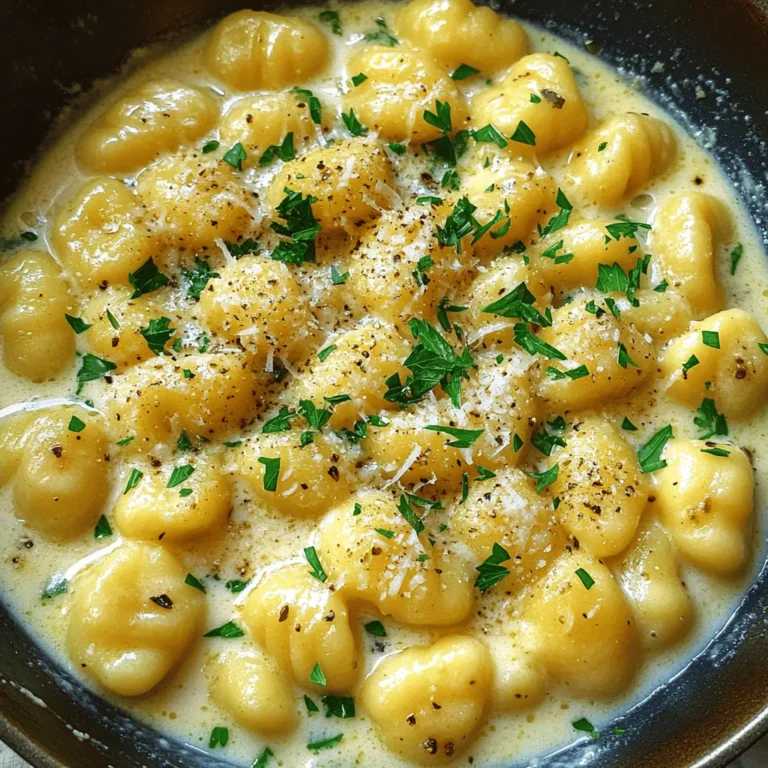 To make creamy garlic parmesan gnocchi, you need these key ingredients: - 1 package (16 oz) potato gnocchi - 3 tablespoons unsalted butter - 4 cloves garlic, finely minced - 1 cup heavy cream - 1 cup freshly grated Parmesan cheese - Salt and freshly ground black pepper, to taste - 1 teaspoon dried Italian herbs - Fresh parsley, roughly chopped, for garnish These ingredients create a rich and creamy dish that is sure to impress. You can add some optional ingredients to enhance the dish even more: - A pinch of red pepper flakes for heat - Lemon zest for a bright flavor - A splash of white wine for depth - Sautéed mushrooms for an earthy touch Feel free to mix and match based on your taste. If you have some dietary needs or preferences, you can make substitutions: - Use gluten-free gnocchi for a gluten-free version. - Swap heavy cream with coconut cream for a dairy-free option. - Try nutritional yeast instead of Parmesan for a vegan dish. These swaps let you enjoy the dish while meeting your needs. First, grab a big pot and fill it with water. Add salt to the water and bring it to a boil. When the water bubbles, toss in the potato gnocchi. Cook them based on the package instructions, usually 2-3 minutes. You’ll see the gnocchi float to the top when they’re ready. Drain them well and set aside. Next, take a large skillet and melt the unsalted butter over medium heat. Once it’s melted, add the finely minced garlic. Stir it around for 1-2 minutes. You want the garlic to smell amazing and turn light golden. Keep an eye on it, so it doesn’t burn. Now, it’s time to make the sauce. Gradually pour in the heavy cream while stirring the garlic and butter. Let this mix simmer gently over medium-low heat. Slowly add the freshly grated Parmesan cheese, stirring until it melts into the sauce. It should become thick and creamy. Carefully add your drained gnocchi to the skillet. Gently toss them in the creamy sauce, making sure each piece is coated well. Cook for another 2-3 minutes. This lets the flavors mix and warms the gnocchi through. Once everything is ready, take the skillet off the heat. Serve the creamy garlic Parmesan gnocchi on plates. For a nice touch, sprinkle chopped fresh parsley on top. This adds color and freshness to your dish. Enjoy your delightful meal! To cook gnocchi, bring a large pot of salted water to a boil. Add the potato gnocchi to the boiling water. Watch for them to float to the top. This takes about 2-3 minutes. Once they float, they are ready. Drain them well and set them aside. This step ensures a perfect texture. Start by melting unsalted butter in a skillet over medium heat. Add finely minced garlic and stir for 1-2 minutes. You want the garlic to be fragrant but not burnt. Gradually pour in heavy cream, stirring constantly. Bring it to a gentle simmer. Then, add freshly grated Parmesan cheese. Stir until the cheese melts completely. Season the sauce with salt, black pepper, and dried Italian herbs. This will enhance the flavor greatly. For a beautiful presentation, serve the gnocchi in shallow bowls. Drizzle extra creamy sauce on top. Add a sprinkle of Parmesan and some fresh parsley. This not only looks nice but also adds a fresh taste. Share with friends or enjoy it all yourself! {{image_4}} For a vegetarian twist, consider adding fresh veggies. Spinach, mushrooms, or peas work well. Sauté the spinach until wilted before mixing it with the gnocchi. For mushrooms, cook them until golden and soft. They add a lovely umami flavor to the dish. You can also toss in roasted red peppers for a splash of color and sweetness. If you want to add protein, chicken or shrimp are great options. For chicken, cut boneless pieces into bite-sized chunks. Sauté them in the skillet until cooked through. For shrimp, add them after the garlic, cooking until they turn pink. Both options elevate this dish and make it heartier. To make this dish gluten-free, use gluten-free gnocchi. Many brands offer gluten-free versions made from rice or quinoa. Ensure to check the package for cooking instructions. The creamy sauce remains the same, keeping the flavors rich and delightful. You won’t lose taste, and you can enjoy this meal worry-free. To keep your creamy garlic Parmesan gnocchi fresh, place leftovers in an airtight container. Let the dish cool to room temperature first. Store it in the fridge for up to three days. This helps maintain the flavor and texture. When you are ready to enjoy your leftovers, reheat them gently. You can use a skillet over low heat. Add a splash of cream or broth to keep the sauce creamy. Stir often until warmed through. You can also use the microwave, but be careful not to overheat it. Stir every 30 seconds for even warming. If you want to freeze this dish, it’s best to freeze the gnocchi and sauce separately. Place each in a freezer-safe bag or container. The gnocchi can last for up to two months in the freezer. The sauce can also be frozen for the same time. To use, thaw in the fridge overnight and reheat as directed. Yes, you can make gnocchi from scratch. Use potatoes, flour, and egg. First, cook the potatoes until soft. Then, mash them and mix with flour and egg. Roll the dough into ropes and cut into small pieces. Gently shape each piece with a fork. This method takes time but yields fresh gnocchi. You can serve various sides with creamy garlic parmesan gnocchi. A simple green salad adds freshness. Roasted or steamed vegetables like broccoli or asparagus complement the dish well. Grilled chicken or shrimp can add protein. Garlic bread is another great option for dipping in the sauce. To add spice, include red pepper flakes while making the sauce. Start with a small amount and adjust to taste. You can also add diced jalapeños or hot sauce. These ingredients will give a nice kick without overpowering the creamy flavor. Yes, creamy garlic parmesan gnocchi is great for meal prep. Cook the dish and store it in airtight containers. It keeps well in the fridge for up to three days. Just reheat in a pan or microwave when you're ready to eat. The creamy garlic parmesan sauce lasts about three to four days in the fridge. Store it in a sealed container. Always check for any off smells or changes in texture before using it. If in doubt, it's best to throw it out. This article explored the key ingredients for creamy garlic parmesan gnocchi. We discussed step-by-step cooking methods and tips for perfecting your dish. You learned about variations to fit your tastes and how to store leftovers easily. Creating this dish can be fun and rewarding. You can impress family and friends while enjoying delicious meals. Try the tips and make it your own! Enjoy every bite.