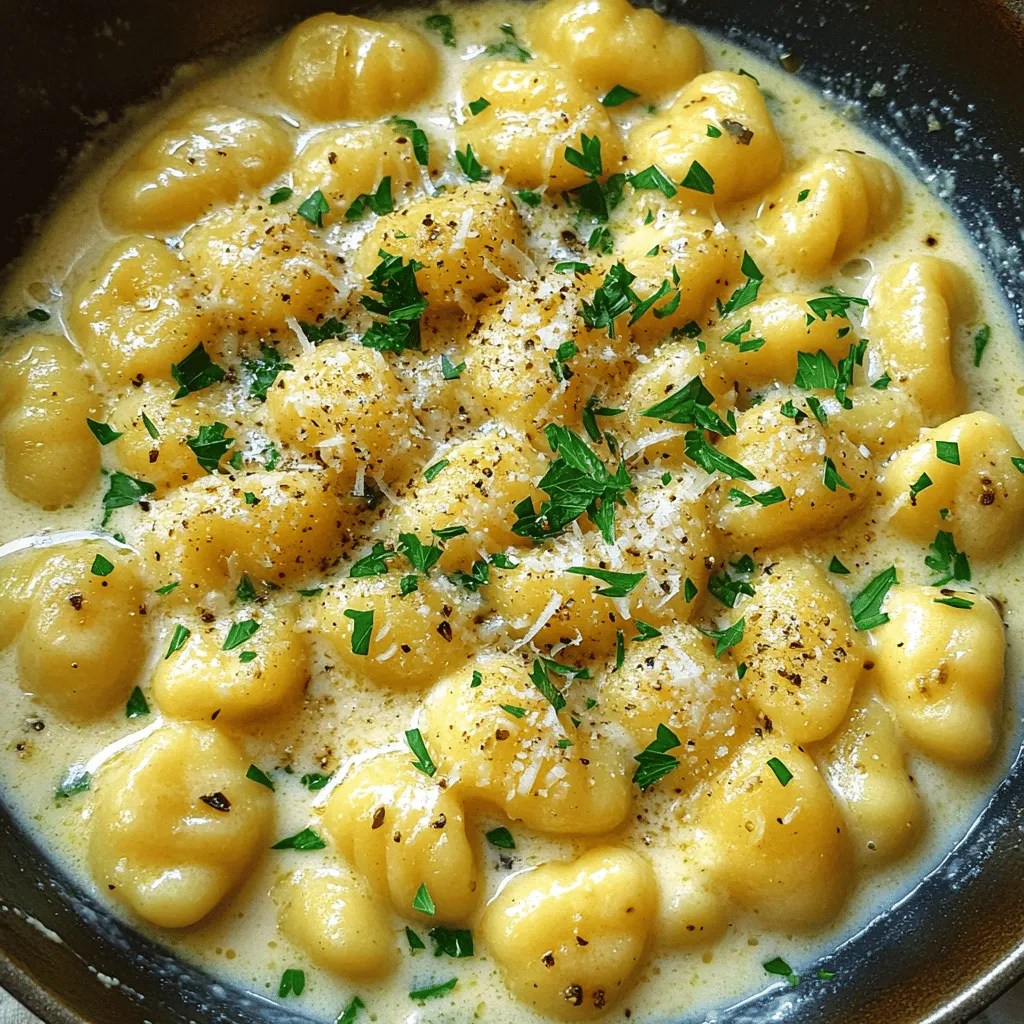 To make creamy garlic parmesan gnocchi, you need these key ingredients: - 1 package (16 oz) potato gnocchi - 3 tablespoons unsalted butter - 4 cloves garlic, finely minced - 1 cup heavy cream - 1 cup freshly grated Parmesan cheese - Salt and freshly ground black pepper, to taste - 1 teaspoon dried Italian herbs - Fresh parsley, roughly chopped, for garnish These ingredients create a rich and creamy dish that is sure to impress. You can add some optional ingredients to enhance the dish even more: - A pinch of red pepper flakes for heat - Lemon zest for a bright flavor - A splash of white wine for depth - Sautéed mushrooms for an earthy touch Feel free to mix and match based on your taste. If you have some dietary needs or preferences, you can make substitutions: - Use gluten-free gnocchi for a gluten-free version. - Swap heavy cream with coconut cream for a dairy-free option. - Try nutritional yeast instead of Parmesan for a vegan dish. These swaps let you enjoy the dish while meeting your needs. First, grab a big pot and fill it with water. Add salt to the water and bring it to a boil. When the water bubbles, toss in the potato gnocchi. Cook them based on the package instructions, usually 2-3 minutes. You’ll see the gnocchi float to the top when they’re ready. Drain them well and set aside. Next, take a large skillet and melt the unsalted butter over medium heat. Once it’s melted, add the finely minced garlic. Stir it around for 1-2 minutes. You want the garlic to smell amazing and turn light golden. Keep an eye on it, so it doesn’t burn. Now, it’s time to make the sauce. Gradually pour in the heavy cream while stirring the garlic and butter. Let this mix simmer gently over medium-low heat. Slowly add the freshly grated Parmesan cheese, stirring until it melts into the sauce. It should become thick and creamy. Carefully add your drained gnocchi to the skillet. Gently toss them in the creamy sauce, making sure each piece is coated well. Cook for another 2-3 minutes. This lets the flavors mix and warms the gnocchi through. Once everything is ready, take the skillet off the heat. Serve the creamy garlic Parmesan gnocchi on plates. For a nice touch, sprinkle chopped fresh parsley on top. This adds color and freshness to your dish. Enjoy your delightful meal! To cook gnocchi, bring a large pot of salted water to a boil. Add the potato gnocchi to the boiling water. Watch for them to float to the top. This takes about 2-3 minutes. Once they float, they are ready. Drain them well and set them aside. This step ensures a perfect texture. Start by melting unsalted butter in a skillet over medium heat. Add finely minced garlic and stir for 1-2 minutes. You want the garlic to be fragrant but not burnt. Gradually pour in heavy cream, stirring constantly. Bring it to a gentle simmer. Then, add freshly grated Parmesan cheese. Stir until the cheese melts completely. Season the sauce with salt, black pepper, and dried Italian herbs. This will enhance the flavor greatly. For a beautiful presentation, serve the gnocchi in shallow bowls. Drizzle extra creamy sauce on top. Add a sprinkle of Parmesan and some fresh parsley. This not only looks nice but also adds a fresh taste. Share with friends or enjoy it all yourself! {{image_4}} For a vegetarian twist, consider adding fresh veggies. Spinach, mushrooms, or peas work well. Sauté the spinach until wilted before mixing it with the gnocchi. For mushrooms, cook them until golden and soft. They add a lovely umami flavor to the dish. You can also toss in roasted red peppers for a splash of color and sweetness. If you want to add protein, chicken or shrimp are great options. For chicken, cut boneless pieces into bite-sized chunks. Sauté them in the skillet until cooked through. For shrimp, add them after the garlic, cooking until they turn pink. Both options elevate this dish and make it heartier. To make this dish gluten-free, use gluten-free gnocchi. Many brands offer gluten-free versions made from rice or quinoa. Ensure to check the package for cooking instructions. The creamy sauce remains the same, keeping the flavors rich and delightful. You won’t lose taste, and you can enjoy this meal worry-free. To keep your creamy garlic Parmesan gnocchi fresh, place leftovers in an airtight container. Let the dish cool to room temperature first. Store it in the fridge for up to three days. This helps maintain the flavor and texture. When you are ready to enjoy your leftovers, reheat them gently. You can use a skillet over low heat. Add a splash of cream or broth to keep the sauce creamy. Stir often until warmed through. You can also use the microwave, but be careful not to overheat it. Stir every 30 seconds for even warming. If you want to freeze this dish, it’s best to freeze the gnocchi and sauce separately. Place each in a freezer-safe bag or container. The gnocchi can last for up to two months in the freezer. The sauce can also be frozen for the same time. To use, thaw in the fridge overnight and reheat as directed. Yes, you can make gnocchi from scratch. Use potatoes, flour, and egg. First, cook the potatoes until soft. Then, mash them and mix with flour and egg. Roll the dough into ropes and cut into small pieces. Gently shape each piece with a fork. This method takes time but yields fresh gnocchi. You can serve various sides with creamy garlic parmesan gnocchi. A simple green salad adds freshness. Roasted or steamed vegetables like broccoli or asparagus complement the dish well. Grilled chicken or shrimp can add protein. Garlic bread is another great option for dipping in the sauce. To add spice, include red pepper flakes while making the sauce. Start with a small amount and adjust to taste. You can also add diced jalapeños or hot sauce. These ingredients will give a nice kick without overpowering the creamy flavor. Yes, creamy garlic parmesan gnocchi is great for meal prep. Cook the dish and store it in airtight containers. It keeps well in the fridge for up to three days. Just reheat in a pan or microwave when you're ready to eat. The creamy garlic parmesan sauce lasts about three to four days in the fridge. Store it in a sealed container. Always check for any off smells or changes in texture before using it. If in doubt, it's best to throw it out. This article explored the key ingredients for creamy garlic parmesan gnocchi. We discussed step-by-step cooking methods and tips for perfecting your dish. You learned about variations to fit your tastes and how to store leftovers easily. Creating this dish can be fun and rewarding. You can impress family and friends while enjoying delicious meals. Try the tips and make it your own! Enjoy every bite.