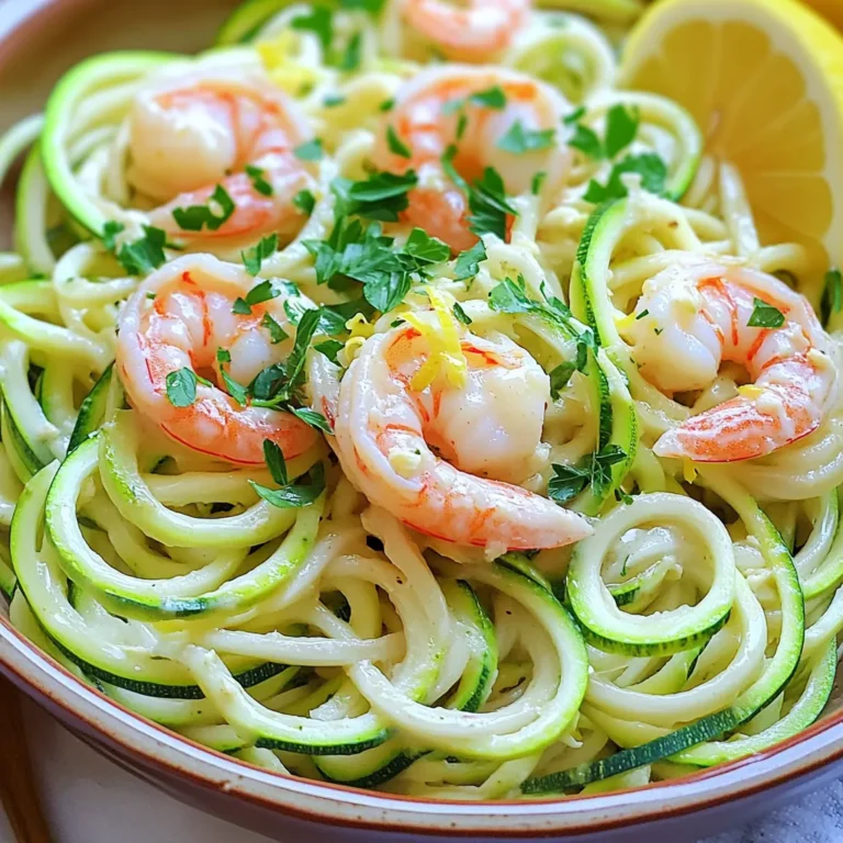 - 2 medium zucchinis, spiralized into noodles (zoodles) - 1 lb (450g) large shrimp, peeled and deveined - 4 tablespoons unsalted butter - 4 cloves garlic, finely minced - 1 teaspoon red pepper flakes Zucchini noodles, or zoodles, are a fun and healthy base. I love how they soak up flavors. Large shrimp add a nice texture and taste. Unsalted butter is perfect for rich flavor. Garlic brings warmth, while red pepper flakes offer a kick. - Salt and freshly ground black pepper, to taste - 2 tablespoons fresh parsley, chopped for garnish - Zest of 1 lemon, for brightness - Juice of 1 lemon, for acidity Seasoning makes all the difference. Use salt and pepper to enhance the dish. Fresh parsley adds color and freshness. Lemon zest brightens the flavors, while lemon juice adds a nice tang. Each ingredient plays a role in creating a delightful meal. Spiralizing Zucchini To start, take your zucchinis and spiralize them. You can use a spiralizer or a vegetable peeler. Both will create long, thin strips that look like noodles. This is the fun part! Salting to Remove Moisture Once you have your zoodles, place them on a clean paper towel. Sprinkle them lightly with salt. This step helps draw out extra moisture. Let them sit while you prepare the shrimp. This keeps your dish from getting soggy. Melting Butter and Cooking Garlic Heat a large skillet over medium heat. Add the unsalted butter. Watch it melt and become bubbly. Then, add the minced garlic and red pepper flakes. Stir it all for about one minute. You want the garlic to smell great but not turn brown. Seasoning and Cooking Shrimp Next, add the peeled and deveined shrimp into the skillet. Season them well with salt and black pepper. Cook the shrimp for 2-3 minutes on one side until they turn pink. Flip them over and cook for another 1-2 minutes. They should be fully cooked and opaque. Tossing Zoodles and Shrimp Now, gently stir in the zoodles with the shrimp and the garlic-butter sauce. Toss everything together carefully for about 2 minutes. This warms the zoodles but keeps them crunchy. Avoid overcooking them for the best texture! Adding Lemon Zest and Juice Remove your skillet from the heat. Immediately add the lemon zest and juice. This adds a bright and fresh flavor. Toss everything again to coat the zoodles and shrimp evenly in the citrusy goodness. To get the best zoodles, follow these tips. - Preventing Overcooking: Cook zoodles for only 2-3 minutes. They need to remain crisp. Overcooked zoodles become mushy and lose their charm. Stir gently when mixing with shrimp to keep them firm. - Alternate Methods for Zoodle Preparation: If you don't own a spiralizer, a vegetable peeler works well. Cut thin strips of zucchini. You can also use a box grater for a different texture. Try different shapes for fun. Flavor is key to a great dish. Here are ways to boost it. - Adjusting Spice Levels: Red pepper flakes add heat. If you prefer less spice, start with half a teaspoon. You can always add more later. Adjust based on your taste. - Variations in Seasoning: Don’t be afraid to mix things up. Try adding fresh herbs like basil or dill. Experiment with lemon zest and juice for a brighter taste. You can also add a dash of soy sauce for an umami kick. {{image_4}} You can switch up the protein in Garlic Butter Shrimp Zoodle Noodles. Chicken and tofu work well. - Chicken or Tofu Substitutions: For chicken, use boneless, skinless breasts. Cut them into bite-sized pieces. Cook them like shrimp until they are golden. Tofu is a great plant-based choice. Use firm tofu, and press it to remove extra water. Then, cube it and sauté until crispy. - Additional Seafood Options: Feel free to add more seafood! Scallops or mussels can bring a new taste. Cook them the same way as shrimp, adjusting the cooking time as needed. Adding more veggies makes this dish colorful and healthy. You can mix in spinach, bell peppers, or carrots. - Adding Spinach, Bell Peppers, or Carrots: Tossing in fresh spinach adds nutrients. Slice bell peppers for a sweet crunch. Grate carrots for a hint of sweetness. Add these veggies after the shrimp cooks. This will keep them bright and crisp. - Other Noodle Alternatives for Non-Zoodles: If you want a different base, try using spaghetti squash or whole wheat pasta. Spaghetti squash is low in carbs and has a fun texture. Cook it until tender and mix it with the sauce. Whole wheat pasta adds fiber and is filling. Cook it according to package instructions before mixing. These variations let you customize Garlic Butter Shrimp Zoodle Noodles to your taste! Refrigeration Guidelines After making Garlic Butter Shrimp Zoodle Noodles, let it cool down. Place leftovers in an airtight container. They can stay fresh in the fridge for up to 2 days. When you want to eat them again, check for any signs of spoilage. If everything looks good, you can enjoy your meal! Freezing Instructions If you want to keep leftovers longer, freezing is a good option. However, zoodles can become soggy when thawed. To freeze, separate the shrimp from the zoodles. Place shrimp in a freezer-safe bag. Store zoodles in another bag. They can last in the freezer for about 1 month. When ready to eat, thaw shrimp in the fridge overnight. Cook zoodles fresh for the best texture. Best Methods to Maintain Texture To reheat Garlic Butter Shrimp Zoodle Noodles, the stovetop is your best friend. Heat a skillet over medium heat. Add a splash of olive oil or butter. Toss in the shrimp and zoodles. Stir gently until warm. This method helps keep the zoodles from getting mushy. You can also use the microwave, but be careful not to overheat. Heat in short bursts and stir in between. This keeps the flavors fresh! To make this dish gluten-free, focus on the zoodles and shrimp. Zucchini is naturally gluten-free, which is great! For the butter, ensure it is pure and free from additives. Check your seasoning too. Use gluten-free red pepper flakes. Most spices should be safe, but always read the labels. Yes, you can use frozen shrimp! Just remember to thaw them first. To defrost shrimp, place them in cold water for about 15-20 minutes. Once thawed, pat them dry with a paper towel. This helps them cook evenly. Adjust cooking time slightly if using larger shrimp; they may need an extra minute or two. This dish pairs well with simple sides. Consider a fresh salad with mixed greens. A light cucumber salad can add crunch and coolness. Garlic bread is another great option if you want something hearty. For extra veggies, try roasted asparagus or steamed broccoli. These sides will balance the meal and enhance the flavors. This recipe blends fresh ingredients like zucchini noodles and shrimp for a tasty dish. You learned how to prepare zoodles and cook shrimp in garlic butter. You also saw tips for storing and reheating, plus variations to match your taste. Feel free to try different proteins or veggies. Cooking should be fun and creative. Enjoy making this dish and share your own twists! The flavors are sure to impress anyone who tries it.