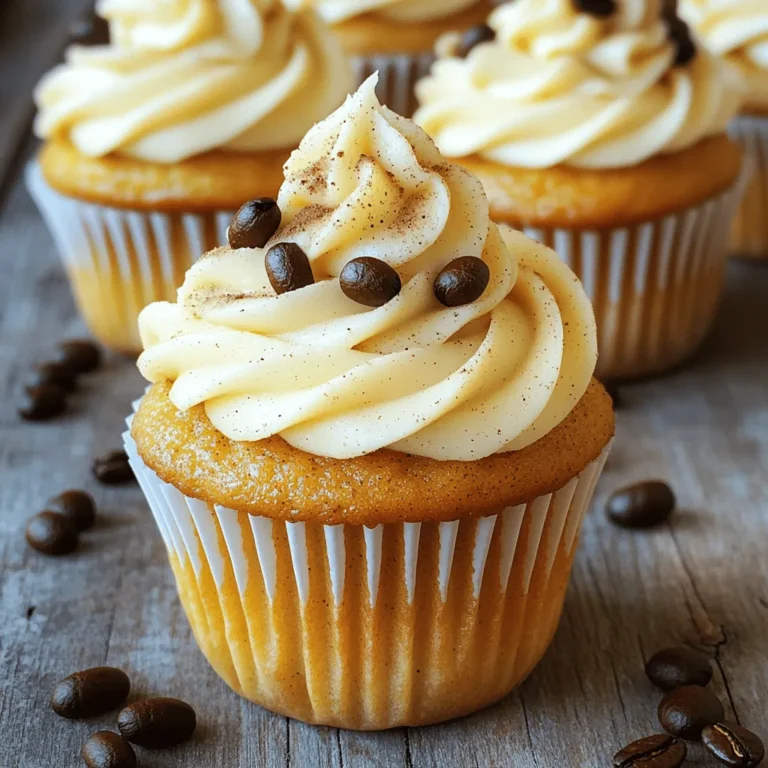 - 1 cup all-purpose flour - 1/2 cup pumpkin puree - 1/2 cup brewed coffee - 1 cup packed brown sugar To make these cupcakes, we start with key ingredients. All-purpose flour gives structure. Pumpkin puree adds moisture and flavor. Brewed coffee enhances the rich taste. Brown sugar brings sweetness and a hint of caramel. Each ingredient plays a vital role in creating the perfect cupcake. - 1/2 cup unsalted butter - 2 cups powdered sugar - 2 tablespoons pumpkin puree - 1/2 teaspoon cinnamon For the frosting, we need unsalted butter for creaminess. Powdered sugar provides sweetness and smooth texture. Pumpkin puree adds flavor, while cinnamon gives a warm spice note. This frosting will elevate your cupcakes and make them irresistible. 1. First, preheat your oven to 350°F (175°C). Line your muffin tin with cupcake liners. This helps the cupcakes come out easily. 2. In a medium bowl, mix together the dry ingredients. Whisk the all-purpose flour, baking powder, baking soda, salt, and pumpkin pie spice. Set this aside for now. 3. In a large bowl, cream the softened butter and brown sugar. Use an electric mixer on medium speed. Keep mixing until it is light and fluffy, about 3 to 4 minutes. 4. Next, add the eggs one at a time. Mix well after each egg. Now, add the pumpkin puree, cooled brewed coffee, and vanilla extract. Stir until everything is combined. 5. Gradually add the dry mixture to the wet ingredients. Alternate with the milk, starting and ending with the dry mix. Stir gently to avoid overmixing. This keeps your cupcakes soft. 6. Now, fill each muffin cup with batter about two-thirds full. This allows room for rising. 7. Bake in your preheated oven for 18 to 20 minutes. Check if a toothpick inserted in the center comes out clean. If it does, they are ready! 8. In a new bowl, beat the softened butter with an electric mixer. Mix until it is creamy and smooth. 9. Slowly add the powdered sugar. Start on low speed to avoid a sugar cloud. Once mixed, increase the speed to medium until fluffy. 10. Next, mix in the pumpkin puree, vanilla extract, cinnamon, and brewed coffee. Beat until the frosting is light and smooth. 11. Once your cupcakes are cool, frost each one generously. Use a piping bag or a spatula for this. These simple steps will help you create delicious pumpkin spice latte cupcakes. Enjoy the rich flavors and the cozy vibes of fall! - Avoiding overmixing: Mix your batter gently. Stir until just combined. This keeps your cupcakes light and fluffy. Too much mixing makes them dense and tough. - Ideal baking time and temperature: Bake at 350°F (175°C) for 18-20 minutes. Check for doneness with a toothpick. If it comes out clean, your cupcakes are ready! - Cooling cupcakes properly: Let them cool in the pan for 5 minutes. Then, move them to a wire rack. This helps them cool evenly and prevents sogginess. - Sprinkling cinnamon or pumpkin pie spice: After frosting, add a light dusting of spice. It adds flavor and looks great! - Adding coffee beans or mini pumpkins: Place a few coffee beans on top or use mini pumpkins as fun decorations. They enhance the fall vibe. - Using a piping bag for frosting: This gives your cupcakes a professional look. Use different tips to create fun shapes. It makes your treats even more appealing! {{image_4}} You can make pumpkin spice latte cupcakes even better with some fun flavors. Here are a few ideas to try: - Adding chocolate chips: Mix in 1/2 cup of chocolate chips to the batter. This adds a rich, sweet touch to each bite. The chocolate pairs well with the spice and pumpkin. - Swapping in different spices: If you want to change the flavor, try using nutmeg or ginger. Just replace the pumpkin pie spice with 1 tablespoon of your chosen spice. This gives your cupcakes a unique twist. - Using flavored coffee: Swap out regular coffee for flavored coffee. Hazelnut or vanilla coffee adds an extra layer of taste. Just use the same amount of brewed coffee for the recipe. You can also cater to different diets with some easy swaps: - Gluten-free options: Use a gluten-free flour blend instead of all-purpose flour. This keeps the cupcakes tasty while making them safe for those with gluten allergies. - Vegan substitutes for eggs and butter: Replace the eggs with 1/2 cup of unsweetened applesauce for each egg. Use coconut oil or vegan butter instead of regular butter. This makes the cupcakes vegan-friendly without losing flavor. - Low-sugar alternatives: Use coconut sugar or a sugar substitute to cut down on sugar. This helps lower calories while keeping your cupcakes sweet. Just ensure the substitute measures like sugar. To keep your pumpkin spice latte cupcakes fresh, you have a few options: - Storing at room temperature: Place the cupcakes in an airtight container. This keeps them soft and moist. They can last up to three days this way. - Refrigerating cupcakes: If you want them to last longer, put them in the fridge. Use an airtight container to prevent them from drying out. They can stay fresh for about a week. - Freezing for longer storage: For even longer storage, freeze the cupcakes. Wrap them tightly in plastic wrap and then place them in a freezer-safe bag. They can last for up to three months. Thaw them in the fridge overnight before serving. - How long do they last? At room temperature, the cupcakes last about three days. In the fridge, they last about one week. Frozen cupcakes can last up to three months. - Signs of spoilage: Check for dryness or a change in color. If you see mold, discard them. A stale smell is also a sign that they are no longer fresh. Always trust your senses when it comes to food safety! Yes, you can use fresh pumpkin. Just make sure to cook and puree it first. Fresh pumpkin may have a slightly different taste and texture. It can add a nice homemade touch to your cupcakes. To keep your cupcakes moist, use room temperature ingredients. This includes eggs, butter, and milk. Also, do not overmix your batter. Overmixing can make them dense. Lastly, adding a bit more pumpkin puree can help add moisture too. Yes, you can make these cupcakes ahead of time. Bake them a day or two in advance. Just store them in an airtight container at room temperature. If you frost them right before serving, they will stay fresh and delicious. Absolutely! You can freeze the cupcakes without frosting. Wrap each cupcake in plastic wrap and place them in a freezer-safe bag. They can last up to two months. To enjoy, thaw them at room temperature before serving. If you want to skip the coffee, try using milk or a milk alternative. You can also use brewed tea for a different flavor. Just keep in mind that it will change the taste a bit. To enhance your frosting, add more pumpkin puree or a touch of maple syrup. You can also mix in spices like nutmeg or ginger for extra warmth. Adjusting these flavors can make your frosting pop. Yes! You can use different toppings like chocolate chips, nuts, or sprinkles. You can also drizzle caramel or chocolate sauce on top. Get creative and have fun with your cupcake designs! This blog post showed you how to make delicious pumpkin coffee cupcakes. We covered the main ingredients for both the cupcakes and frosting. I provided step-by-step instructions to guide you through baking and decorating. You also got tips to perfect your cupcakes and creative ideas to make them special. With these simple steps and variations, you can enjoy a tasty treat any time. Happy baking!