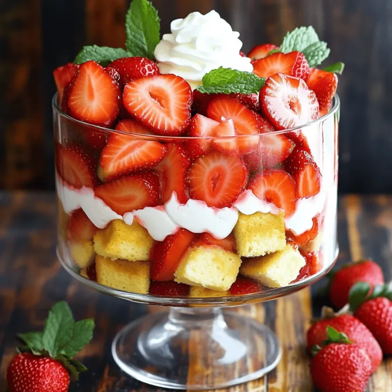 - 2 cups fresh strawberries, hulled and sliced - 1/4 cup granulated sugar - 1 box (15 oz) vanilla cake mix or homemade vanilla cake - 1/2 cup unsalted butter, softened - 3 large eggs - 1 cup heavy cream - 1/4 cup powdered sugar - 1 teaspoon vanilla extract - 1 cup creamy Greek yogurt - Fresh mint leaves for garnish (optional) In making a strawberry shortcake trifle, the right ingredients matter greatly. Start with fresh strawberries. They give the dish a burst of flavor. You need two cups of strawberries. Wash, hull, and slice them. Next, mix the strawberries with a quarter cup of granulated sugar. This step helps draw out their natural juices. For the cake, you can use either a box mix or your favorite homemade vanilla cake. You’ll need one box of vanilla cake mix, half a cup of softened unsalted butter, and three large eggs. If you choose to make it from scratch, ensure your recipe is simple and tasty. To create that wonderful creamy layer, gather one cup of heavy cream, a quarter cup of powdered sugar, and one teaspoon of vanilla extract. These ingredients will whip up into a light, fluffy cream. Also, add in one cup of creamy Greek yogurt for a tangy twist. If you want to add color, consider fresh mint leaves for garnish. They can elevate the look of your trifle and add a refreshing taste. Every ingredient plays a role in making this trifle a fresh and tasty delight. - Combine 2 cups of sliced strawberries with 1/4 cup of granulated sugar. - Mix gently until the sugar coats the strawberries. - Let the mixture rest for 30 minutes at room temperature. This helps the berries soften and release their tasty juices. - Preheat your oven to 350°F (175°C). - Grease a 9x13 inch baking dish. - Prepare the cake mix according to the package instructions, or use your favorite homemade vanilla cake recipe. - Pour the batter into the prepared dish. - Bake for 25-30 minutes. Check with a toothpick; it should come out clean when done. - Once baked, let the cake cool completely in the pan. - Cut the cooled cake into small 1-inch cubes. - In a mixing bowl, whip 1 cup of heavy cream until it thickens. - Add 1/4 cup of powdered sugar and 1 teaspoon of vanilla extract. Continue whipping until stiff peaks form. - In another bowl, stir 1 cup of creamy Greek yogurt until smooth. You can fold in some whipped cream for a lighter mix. - To assemble, start with a layer of cake cubes at the bottom of a trifle dish or individual cups. - Spoon a layer of the macerated strawberries over the cake. - Follow with a layer of the Greek yogurt mixture, then top with whipped cream. - Repeat the layers until all ingredients are used. Finish with a dollop of whipped cream. - Chill in the fridge for at least 1 hour before serving. This helps the flavors blend nicely. To make your trifle shine, let your strawberries macerate. Mix the sliced strawberries with sugar and let them sit for 30 minutes. This step brings out their sweet juices. You can also play with the order of your layers. Try starting with cake, then yogurt, and finish with cream. This can add fun visuals. For the best whipped cream, use cold heavy cream. Whip it until you see stiff peaks form. This means it holds its shape well. You can also use alternative sweeteners like honey or maple syrup. This adds a unique twist to your cream. Serve your trifle in individual cups for a personal touch. This makes it easy for guests. For a fancy finish, garnish with mint leaves and extra strawberry slices. This not only looks great but adds fresh flavor. Use clear glass dishes to show off those beautiful layers! {{image_4}} You can swap strawberries for other fruits. Blueberries, raspberries, and peaches work great. Each fruit adds its own unique flavor. For example, blueberries bring a sweet-tart taste. Raspberries offer a delightful zing, while peaches add a juicy sweetness. Mix and match fruits to create your perfect trifle. If you need a gluten-free trifle, use gluten-free cake mix. You can also make a homemade gluten-free cake. Look for recipes that use almond flour or coconut flour. These flours will keep your dessert light and fluffy. Always check labels to ensure no gluten sneaks in. You can make this trifle a bit healthier. Swap whipped cream for creamy Greek yogurt. Greek yogurt adds protein and a tangy flavor. You can also cut back on sugar. Use less granulated sugar for the strawberries. This way, you enjoy a lighter dessert without losing taste. To keep your strawberry shortcake trifle fresh, store it in the fridge. Use a tight lid to cover it. This helps keep the trifle moist and tasty. You can store it for up to three days before serving. The flavors will blend nicely during this time. You can freeze your trifle, but it takes some care. The best way is to freeze each part separately. Freeze the cake cubes in an airtight bag. You can also freeze the whipped cream and yogurt mixtures in separate containers. Avoid freezing the strawberries, as they can get mushy. If you have leftover trifle, reassemble it for serving. Start by layering the cake cubes at the bottom again. Then, add the strawberries and yogurt mixture as before. Finally, top with whipped cream. This way, you keep the layers looking nice and fresh. A trifle is a layered dessert. It usually has cake, fruit, and cream. You can see each layer through a clear dish. This makes trifles look very pretty. Traditional trifles use sponge cake. However, you can use any cake you like. The mix of textures and flavors makes trifles fun to eat. Yes, you can make this trifle ahead of time. Prepare the trifle a few hours before serving. You can even make it a day in advance. Just keep it covered in the fridge. This helps the flavors blend well. Just remember to add any fresh toppings right before serving. This keeps them looking fresh and bright. You can use many different cakes in a trifle. Here are some great options: - Pound cake - Angel food cake - Chocolate cake - Lemon cake - Spice cake These cakes will work well with fruits and cream. Each type adds its own flavor and texture. Enjoy experimenting with different cakes in your trifles! This blog post showcased how to create a delicious strawberry shortcake trifle. We discussed fresh ingredients, step-by-step baking, and assembly tips. You learned about variations, storage information, and FAQs. This dessert is great for any season and can be tailored to your taste. Remember, the right layers and flavors make all the difference. Enjoy crafting this easy, delightful treat for family and friends. Dive in and create a trifle that impresses everyone!