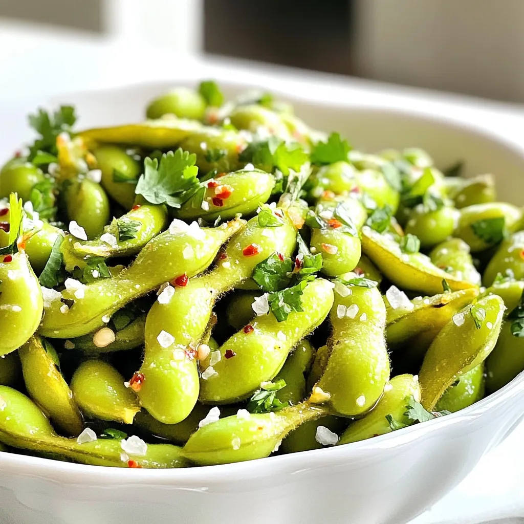 For this tasty snack, you need just a few key items: - 2 cups frozen edamame pods - 2 tablespoons extra virgin olive oil - 4 cloves garlic, finely minced - 1 teaspoon flaky sea salt - Juice of ½ fresh lime These ingredients come together to create a snack bursting with flavor. The frozen edamame offers a rich source of protein, while olive oil adds a touch of healthy fat. Minced garlic brings an aromatic punch, and flaky sea salt enhances the overall taste. The lime juice gives it a bright and zesty finish. You can add a little kick to your edamame with some optional ingredients: - 1 teaspoon crushed red pepper flakes (for heat) If you enjoy spicy food, add the red pepper flakes. They bring warmth and depth to the dish. If not, feel free to skip this step. To make your dish visually appealing, consider these garnishes: - Fresh cilantro leaves - Sliced green onions These garnishes not only add color but also fresh flavors. Sprinkle them on top before serving. For an extra touch, serve lime wedges on the side for guests to squeeze. This will allow everyone to enjoy a burst of citrus flavor according to their taste. First, set your air fryer to 390°F (200°C). Preheating helps the edamame cook evenly. This step takes just a few minutes. While you wait, gather your ingredients. In a big mixing bowl, add 2 cups of frozen edamame pods. Pour in 2 tablespoons of extra virgin olive oil. Next, add 4 cloves of finely minced garlic. Sprinkle in 1 teaspoon of flaky sea salt. If you like heat, toss in 1 teaspoon of crushed red pepper flakes. Mix everything until the edamame is well coated. Now, place the seasoned edamame into the air fryer basket. Make sure they are in a single layer. If your air fryer is small, cook in batches. Air fry the edamame for 8 to 10 minutes. Shake the basket halfway through cooking. This step helps them cook evenly. Keep an eye on the garlic to avoid burning. You want a nice golden color. Once done, take the edamame out carefully. Squeeze juice from half a fresh lime over them. This adds a fresh kick. Garnish with fresh cilantro or sliced green onions for a pop of color. Serve in a shallow bowl to show off their vibrant green. To cook edamame evenly, spread them in a single layer in the air fryer. Overcrowding can lead to uneven cooking. Shake the basket halfway through to mix them up. This step helps all pods cook well and get that nice crunch. Keep an eye on them as they cook. You want a golden color, not burnt. Garlic can burn fast in the air fryer. To avoid this, add it later in the cooking time. Try cooking the edamame for 4-5 minutes first. Then, add the minced garlic and continue cooking. This method gives you the tasty garlic flavor without the burnt bits. Air fryer garlic edamame makes a great snack or appetizer. Serve them with lime wedges on the side for a fresh squeeze. You can also pair them with beverages like beer or sake. For a fun twist, try them with a dipping sauce like soy sauce or spicy mayo. Garnish with cilantro or green onions for a pop of color. {{image_4}} If you like a kick, add crushed red pepper flakes. This spice boosts the flavor. Use one teaspoon for a mild heat. For more, try two teaspoons. You can mix the flakes in with the olive oil and garlic. This gives every pod a spicy touch. Remember, adjust the heat to your taste! You can create a fun twist by adding soy sauce or sesame oil. A splash of soy sauce makes the dish richer. You could also sprinkle some sesame seeds for a nutty crunch. Another option is to add a few drops of rice vinegar. This adds a tangy note that pairs well with garlic. Good news! This dish is already vegan and gluten-free. The ingredients are simple and clean. Use tamari instead of soy sauce for a gluten-free choice. You can also swap in coconut aminos for a sweeter flavor. These changes keep the dish healthy and fun, perfect for all diets. To store leftover edamame, let them cool completely. Place them in an airtight container. You can keep them in the fridge for up to three days. If you want them to last longer, freeze the edamame. Just make sure to use a freezer-safe bag. This way, they stay fresh for up to three months. When you’re ready to eat the leftovers, reheat them for the best taste. The microwave works well for this. Heat them in short bursts of 30 seconds. Check often to avoid overcooking. You can also reheat them in the air fryer. Set it to 350°F (175°C) and heat for about 5 minutes. Toss them halfway through to warm evenly. Frozen edamame can last a long time if stored correctly. Check the packaging for the best-by date. When stored in the freezer, they can last up to one year. Once cooked, eat them within three days for the best flavor. Always check for any signs of freezer burn or off smells before cooking. Yes, you can use fresh edamame. Fresh edamame cooks faster than frozen. You should steam fresh edamame pods for about 3-5 minutes before air frying. This helps to soften them, so they cook evenly. You can follow the same steps as the frozen version, but adjust the time in the air fryer. Keep an eye on them as they may need less time. To adjust the spice level, you have options. If you want more heat, add extra crushed red pepper flakes. If you like it milder, reduce or skip the flakes. You can also add a dash of hot sauce after cooking. Taste as you go to find your perfect balance. You can get creative with seasonings. Some tasty options include soy sauce, sesame oil, or a sprinkle of smoked paprika. You could also try adding ginger for a bit of zing. Experiment until you find a mix that you love! This guide covered how to make air fryer garlic edamame from start to finish. We discussed key ingredients, cooking steps, and smart tips to enhance your dish. Explore variations like spicy options or Asian flavors to keep things exciting. Store leftovers properly to enjoy them later. This simple recipe brings a tasty, healthy snack to your table. Enjoy air frying and impress your friends with your skills. Your new favorite snack is just a click away!