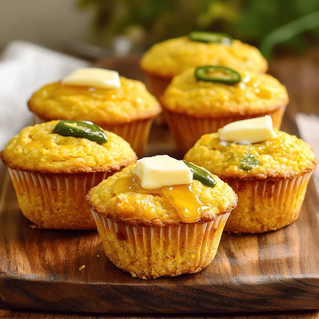 To make Jalapeño Cheddar Cornbread Muffins, gather these fresh ingredients: - 1 cup cornmeal - 1 cup all-purpose flour - 1 tablespoon baking powder - ½ teaspoon salt - 1 cup buttermilk (or milk with a splash of vinegar) - 1 large egg - ¼ cup unsalted butter, melted - 1 cup shredded sharp cheddar cheese - 2-3 fresh jalapeños, diced (remove seeds for less heat) - 2 tablespoons honey (optional, adds sweetness) - Cornmeal: Use yellow or white cornmeal. Both work well. - All-purpose flour: You can use whole wheat flour for a heartier taste. - Baking powder: This helps the muffins rise. Make sure it's fresh. - Salt: Enhances flavor. Don’t skip it! - Buttermilk: If you don’t have it, mix regular milk with vinegar. - Egg: It binds the ingredients. You can use a flax egg for a vegan option. - Unsalted butter: Use olive oil or coconut oil for a dairy-free version. - Cheddar cheese: Sharp cheddar gives great flavor, but feel free to try other cheeses. - Jalapeños: Adjust the number based on your heat preference. - Honey: This is optional. It adds a nice touch but can be left out. To make these muffins, you need a few basic tools: - Muffin tin: A standard 12-cup muffin tin works best. - Mixing bowls: Have at least two bowls for dry and wet ingredients. - Whisk: This helps mix the dry ingredients smoothly. - Spatula: Use it to fold the batter gently. - Ice cream scoop or spoon: This helps fill the muffin cups evenly. - Toothpick: For checking if the muffins are done baking. - Wire rack: Cool your muffins on this after baking. These ingredients and tools will set you up for success. Let’s make some delicious muffins! First, heat your oven to 400°F (200°C). This step is key for a nice rise. While the oven warms, prepare your muffin tin. Lightly grease it or use paper liners. This makes it easy to remove the muffins later. In a large bowl, add 1 cup of cornmeal, 1 cup of all-purpose flour, 1 tablespoon of baking powder, and ½ teaspoon of salt. Use a whisk to mix well. Mixing is important so each muffin has a good texture. In another bowl, whisk together 1 cup of buttermilk, 1 large egg, and ¼ cup of melted unsalted butter. If you want a hint of sweetness, add 2 tablespoons of honey. Stir until the mix is smooth. This mixture adds moisture and flavor to the muffins. Now, gently pour the wet mixture into the dry ingredients. Use a spatula to fold both mixtures together. Mix until no dry flour is visible. Be careful not to overmix. This keeps your muffins fluffy. Next, fold in 1 cup of shredded sharp cheddar cheese and 2-3 diced jalapeños. If you want less heat, remove the seeds. Mix until everything is evenly added. The cheese and jalapeños give each muffin a savory kick. Using a spoon or ice cream scoop, fill each muffin cup about two-thirds full. This allows the muffins to rise nicely. Place the tin in the oven and bake for 15-20 minutes. They are ready when a toothpick comes out clean and the tops look golden brown. Enjoy the warm smell as they bake! To make your muffins fluffy, use fresh baking powder. This helps the muffins rise well. Mix the wet and dry ingredients just until combined. Overmixing can make the muffins tough. Also, fill each muffin cup only two-thirds full. This allows room for them to rise without spilling over. Serve these muffins warm for the best taste. You can add a pat of butter or drizzle honey on top. They pair well with soups or chili for a hearty meal. For breakfast, enjoy them with a side of fresh fruit or yogurt. You can also use them as a base for mini breakfast sandwiches. Store the muffins in an airtight container at room temperature for up to three days. If you want to keep them longer, freeze them. Wrap each muffin in plastic wrap and place them in a freezer bag. To reheat, just pop them in the microwave for about 15-20 seconds or warm them in the oven at 350°F (175°C) for 10 minutes. This brings back their fresh taste and texture. {{image_4}} You can adjust the heat in your muffins. For a spicy kick, keep the seeds in the jalapeños. This will give you a bold flavor. If you want milder muffins, remove the seeds before dicing. You can also use fewer jalapeños. Start with one and taste the batter. This way, you control the spice level perfectly. While sharp cheddar shines in this recipe, other cheeses work well too. Try pepper jack for extra spice. It adds a fun twist with creamy texture. You can use Monterey Jack for a milder taste. For a gourmet touch, add crumbled feta or goat cheese. Each cheese will change the flavor, making it exciting to experiment. Want to mix it up? Add two tablespoons of honey for a touch of sweetness. It balances the heat from the jalapeños. You can also toss in corn kernels for extra texture. Chopped scallions or fresh herbs like cilantro add fresh notes. Try experimenting with different ingredients to find your favorite flavor. Jalapeño cheddar cornbread muffins taste great with many meals. I like serving them with chili. Their spice and cheesy flavor balance the rich taste of the chili. They also work well with barbecue dishes. The muffins make a tasty side for smoky ribs or grilled chicken. You can even enjoy them with salads. A fresh green salad adds a nice crunch to the meal. When it comes to drinks, a cold glass of iced tea is perfect. The sweet tea contrasts nicely with the heat of the jalapeños. You might also try a light beer. It pairs well with the muffins' savory flavors. If you prefer non-alcoholic options, lemonade is refreshing. The citrus cuts through the richness of the cheese. For a charming presentation, set the muffins on a wooden platter. This gives a warm, rustic feel. Serve them warm with butter or honey drizzled on top. You can also add fresh herbs, like parsley or cilantro, for color. Another fun idea is to serve them in muffin liners. This makes for a neat display and easy serving. Yes, you can use other flours. For a gluten-free option, try corn flour or almond flour. Each type will change the texture a bit. You can mix regular milk with a splash of vinegar to make a buttermilk substitute. This creates the acidity needed for the muffins to rise. Use one cup of milk and one tablespoon of vinegar. To add more heat, keep the seeds in the jalapeños. You can also add a pinch of cayenne pepper or hot sauce to the batter. This will give your muffins a nice kick. Yes, you can freeze these muffins. Allow them to cool completely, then wrap them tightly in plastic wrap. Store them in a freezer bag for up to three months. Store leftover muffins in an airtight container at room temperature for up to three days. For longer storage, keep them in the fridge. Reheat gently in the oven or microwave before enjoying. You learned about the key ingredients for Jalapeño Cheddar Cornbread Muffins. We covered important tools and step-by-step instructions to bake them perfectly. Plus, I shared tips for fluffy muffins and fun variations. Remember, you can mix flavors and pair them with tasty drinks. Whether you enjoy them fresh or save some for later, these muffins are sure to please everyone. Get ready to bake and share your delicious results!