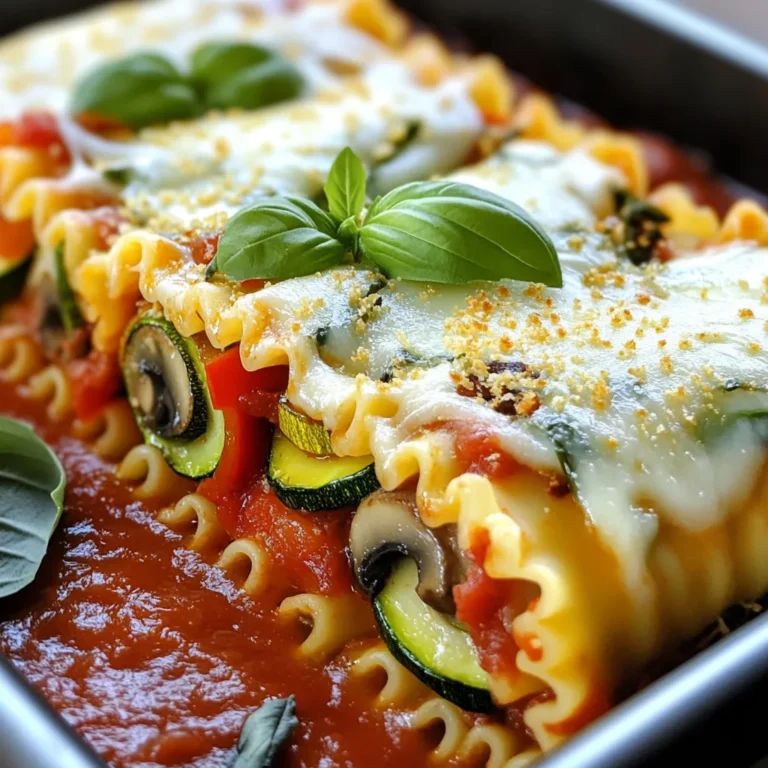 To make your cozy roasted veggie lasagna roll-ups, gather these ingredients: - 9 lasagna noodles - 1 medium zucchini, diced - 1 red bell pepper, diced - 1 cup mushrooms, sliced - 1 cup fresh spinach, chopped - 1 cup ricotta cheese - 1 cup shredded mozzarella cheese - 1/2 cup grated Parmesan cheese - 1 tablespoon olive oil - 2 cloves garlic, minced - 1 teaspoon dried oregano - 1 teaspoon dried basil - Salt and pepper to taste - 2 cups marinara sauce You can switch things up with these optional ingredients: - Add eggplant for more flavor. - Use kale instead of spinach for a different green. - Try different cheeses like goat cheese or feta. - Mix in some olives or sun-dried tomatoes for a twist. Here’s a quick look at the nutritional breakdown per serving: - Calories: 400 - Protein: 20g - Carbohydrates: 45g - Fat: 18g - Fiber: 4g - Sugars: 6g This dish is rich in vitamins from the veggies and protein from the cheese. Each serving provides a good balance of nutrients. Enjoying this meal also means savoring a tasty blend of flavors while caring for your body! Start by preheating your oven to 400°F (200°C). In a large pot, fill it with salted water and bring it to a rolling boil. Once boiling, carefully add 9 lasagna noodles. Cook them as per the package instructions until they are al dente. This usually takes about 8 to 10 minutes. After cooking, drain the noodles. Lay them flat on a clean kitchen towel to cool. This helps to prevent them from sticking together. In a big mixing bowl, combine the diced zucchini, red bell pepper, sliced mushrooms, and chopped spinach. Drizzle 1 tablespoon of olive oil over the veggies. Add 2 cloves of minced garlic, 1 teaspoon of dried oregano, 1 teaspoon of dried basil, and a pinch of salt and pepper. Toss everything well so the veggies get coated. Spread this mixture out in a single layer on a baking sheet. Roast in the oven for 20-25 minutes. You want them to be tender and slightly caramelized. Once done, take them out and let them cool for a few minutes. In another bowl, mix 1 cup of ricotta cheese with half of the shredded mozzarella and half of the grated Parmesan cheese. Stir well until they are combined. Now, take one lasagna noodle. Spread a generous layer of the ricotta mix along its length. Then, add a handful of the roasted veggies on top. Carefully roll the noodle from one end to the other. Make sure it’s tightly packed. Place it seam-side down in a baking dish. Repeat this for all the noodles until they are filled and rolled. Once all the lasagna roll-ups are in the baking dish, pour 2 cups of marinara sauce over them. Make sure to cover each roll fully. Sprinkle the remaining mozzarella and Parmesan on top. Cover the dish tightly with aluminum foil and place it in the oven. Bake for 25 minutes, then remove the foil. Continue baking for another 10-15 minutes, or until the cheese is bubbly and golden brown. Let the roll-ups cool for a few minutes before serving. This helps the flavors to settle nicely. Roasting vegetables brings out their best flavors. Start by cutting your veggies into even pieces. This helps them cook at the same rate. Use a mix of olive oil, garlic, and dried herbs to coat the veggies. I love using oregano and basil for extra taste. Spread them on a baking sheet in a single layer. This step ensures they roast evenly. Bake at 400°F (200°C) for 20-25 minutes. Watch for a nice golden color and tenderness. Let them cool slightly before adding to your roll-ups. Store any leftover lasagna roll-ups in an airtight container. They will keep in the fridge for about 3-4 days. For freezing, wrap each roll-up in plastic wrap and place them in a freezer bag. They last for up to three months. To reheat, thaw overnight in the fridge. Then, bake them in a preheated oven at 350°F (175°C) for about 15-20 minutes. Cover with foil to keep them moist. Serve your lasagna roll-ups on a big, warm plate. Garnish with fresh basil leaves and a sprinkle of Parmesan cheese. This adds a nice touch. For a complete meal, pair them with warm garlic bread and a green salad. A light drizzle of balsamic glaze on the salad adds a tasty twist. Enjoy your cozy meal with family or friends! {{image_4}} You can easily make this dish vegan. Instead of ricotta cheese, use tofu. Blend firm tofu with a splash of lemon juice and nutritional yeast. This mix gives a creamy texture. For mozzarella, choose vegan cheese. Use your favorite brand to melt over the top. If you need a gluten-free option, use gluten-free lasagna noodles. Many brands now offer these noodles. Check the package for cooking times, as they might differ. You can also use zucchini slices instead of noodles. This adds a fresh twist and keeps it light. Experiment with different cheeses to suit your taste. Goat cheese or feta can add a tangy flavor. For a smoky taste, try smoked mozzarella. You can also swap marinara sauce for pesto. This adds a rich, herbal flavor that pairs well with the roasted veggies. After enjoying your roasted veggie lasagna roll-ups, let them cool. Place any leftovers in an airtight container. This keeps them fresh and tasty. Store the container in the fridge. They will stay good for up to three days. When you want to eat them, just reheat in the oven or microwave. If you want to save some roll-ups for later, freezing works great. Wrap each roll-up in plastic wrap tightly. Then, place them in a freezer-safe bag. This helps avoid freezer burn. You can freeze them for up to three months. When you’re ready to eat, thaw in the fridge overnight. Then, bake them at 350°F until heated through. In the fridge, these roll-ups last about three days. If you freeze them, they last for up to three months. Just remember to check for signs of spoilage before eating. If they smell off or look strange, it’s best to toss them out. Enjoy your cozy meals without worry! Yes, you can use fresh vegetables. Fresh veggies will not have the same sweet flavor. To boost flavor, sauté them with olive oil and seasonings. This will help them soften and bring out their taste. Roasting adds a nice caramelization that fresh veggies miss. If you like a crunch, use fresh without cooking. To add spice, mix in red pepper flakes. You can also use spicy marinara sauce. Adding diced jalapeños to the veggie mix works well too. Choose peppers that fit your heat level. Don’t forget to taste as you go to find your perfect balance. If you want a substitute, try cottage cheese. It has a similar texture but a different taste. You can also blend tofu with a bit of lemon juice for a vegan option. Cream cheese works too, but it will change the flavor. Choose what fits your taste or dietary needs. Absolutely! You can make the roll-ups and store them in the fridge. Just cover them tightly. You can also freeze them for later. If you freeze, be sure to bake them when ready. Just add extra time to the baking if frozen. Preparing ahead saves time on busy days. This blog shared how to make delicious roasted veggie lasagna roll-ups. You learned about key ingredients, step-by-step instructions, and helpful tips. We also discussed tasty variations and ways to store your leftovers. These roll-ups are great for cozy meals and can fit many diets. Enjoy making this dish your own, and share it with friends and family. Happy cooking!