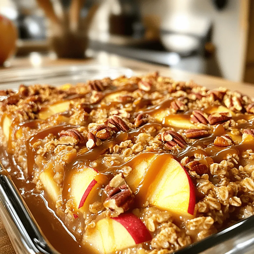 - 2 cups rolled oats - 2 cups unsweetened almond milk (or your preferred milk) - 1 large apple, peeled and diced into small chunks - 1/2 cup packed brown sugar - 1/4 cup pure maple syrup - 1 teaspoon pure vanilla extract - 1 teaspoon ground cinnamon - 1/2 teaspoon ground nutmeg - 1/4 teaspoon salt - 1/4 cup chopped pecans (optional, for added crunch) - 1/2 cup caramel sauce (store-bought or homemade) - Additional apple slices for garnishing (optional) You can switch rolled oats for quick oats if needed. Whole milk can replace almond milk for a creamier taste. Brown sugar may be swapped with coconut sugar for a healthier option. If you want to cut down on sugar, use less maple syrup or even honey. Add some raisins or dried cranberries for a fruity twist. Chopped walnuts can replace pecans for a different crunch. If you like spice, try adding a pinch of ground ginger or allspice. For a touch of chocolate, mix in some mini chocolate chips. Each addition can make this dish even more special! Start by preheating your oven to 350°F (175°C). This step is key for even baking. While your oven heats up, grab a 9x9-inch baking dish. Lightly grease it with non-stick cooking spray or butter. This helps prevent sticking and makes serving easier later. In a large bowl, combine the rolled oats and almond milk. You can use any milk you like. Add in the diced apple, brown sugar, maple syrup, vanilla extract, cinnamon, nutmeg, and salt. Stir well until everything blends nicely. Make sure the oats are coated evenly. This mix is where the magic begins. Pour half of your oat mixture into the greased baking dish. Spread it evenly to form the first layer. Next, drizzle half of the caramel sauce over this layer. Sprinkle half of the chopped pecans on top if you want some crunch. Carefully add the rest of the oat mixture, pressing it down gently. This helps keep everything in place. Drizzle the remaining caramel sauce on top. Finally, add the rest of the pecans and some apple slices for a nice touch. Place your dish in the oven and bake for 25-30 minutes. You’ll know it’s ready when the top is golden brown and set. Once done, let it cool for about 10 minutes before you slice it into squares. Enjoy your warm, comforting dish! To get a great texture in your caramel apple oatmeal bake, use rolled oats. They give a chewy bite. Do not use instant oats as they become mushy. Mixing the oats with almond milk is key. Let the mixture sit for a few minutes. This helps the oats soak up the milk and soften. When you bake, the top should turn golden brown. This means you will get a nice crust. For the best flavor, serve your oatmeal bake warm. Drizzle extra caramel sauce on top for sweetness. You can also add a scoop of vanilla ice cream beside it. This will make it feel like a dessert. For breakfast, try serving it with yogurt or fresh fruit. Sliced bananas or berries add freshness and color. Each bite should feel comforting and rich. To make your dish look nice, add garnishes. Use extra apple slices on top for a pop of color. A sprinkle of chopped pecans adds crunch and charm. You can even dust a little cinnamon for warmth. If you want a fun touch, use whipped cream or a dollop of yogurt. These simple steps make your dish inviting and beautiful. {{image_4}} You can switch up the apples in this recipe. Many fruits work well. Try pears for a sweet twist. Berries like blueberries or raspberries add a nice tartness. Bananas will make your bake extra creamy. Just remember to chop the fruit into small pieces. This will help them cook evenly. Mix and match fruits to find your favorite combo. If you need a gluten-free option, it’s easy to make this dish work. Use certified gluten-free rolled oats. Most of the other ingredients are already gluten-free. Just make sure your caramel sauce is gluten-free too. Some brands add gluten as a thickener, so check the label. This way, everyone can enjoy this hearty bake without worry. Making this oatmeal bake vegan is simple. Replace the almond milk with any plant-based milk you like. Use maple syrup to add sweetness, which is already vegan. You can skip the eggs entirely since this recipe does not call for them. For a nut-free option, you can leave out the pecans. The dish will still taste great, and everyone can enjoy it! To store leftover caramel apple oatmeal bake, let it cool first. Once cooled, slice it into squares. Place the squares in an airtight container. You can store them in the fridge for up to five days. This keeps the dish fresh and ready to enjoy later. If you want to save some for later, freezing works great! First, let the oatmeal bake cool completely. Then, wrap each square tightly in plastic wrap. Place the wrapped squares in a freezer-safe bag or container. You can freeze them for up to three months. When you’re ready to eat, simply thaw in the fridge overnight. To reheat your oatmeal bake, use the oven or microwave. For the oven, preheat to 350°F (175°C). Place the square on a baking sheet and cover it with foil. Heat for about 10-15 minutes until warm. If using a microwave, warm one square at a time for about 30 seconds. Check to make sure it’s hot throughout. Enjoy it warm for the best flavor! Yes, you can make this oatmeal bake ahead of time. Prepare it and store it in the fridge overnight. Just cover the dish tightly with plastic wrap. When you're ready, bake it the next day. This makes breakfast easy and quick for busy mornings. To adjust the sweetness, you can change the brown sugar and maple syrup. For a sweeter bake, add more brown sugar or syrup. If you want it less sweet, cut back on both. You can also use unsweetened applesauce instead of some sweeteners for a milder flavor. If you don't have caramel sauce, you can use honey or agave syrup. These options provide a different, but still tasty, sweetness. You could also skip it for a healthier version. Just remember, the caramel adds a special touch that many love! This blog post covered key parts of a delicious recipe. You learned about the ingredients, how to prepare them, and tips for a great texture. Variations were shared for fruit, gluten-free, and vegan needs. Lastly, I provided storage tips and answers to common questions. In short, you can make a tasty dish that suits your needs. Enjoy the cooking process and have fun experimenting!