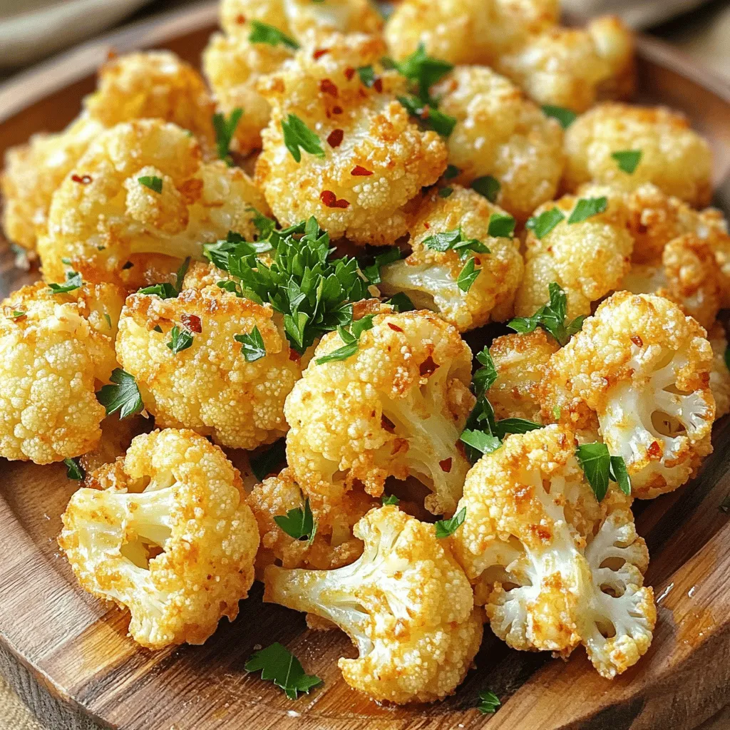 - 1 medium head of cauliflower, cut into bite-sized florets - 3 tablespoons extra virgin olive oil - 4 cloves garlic, finely minced - 1/2 cup freshly grated Parmesan cheese - 1 teaspoon Italian seasoning blend - 1/2 teaspoon red pepper flakes (optional, for heat) - Salt and freshly cracked black pepper, to taste - Fresh parsley, chopped (for garnish) When you gather your ingredients, freshness matters. I love using a medium head of cauliflower because it gives a good amount of florets. The olive oil helps them roast well and adds flavor. Minced garlic is a must; it gives a strong, tasty punch. Freshly grated Parmesan cheese adds that creamy, salty touch we all crave. I often add Italian seasoning to enhance the dish's flavor. If you like a bit of heat, sprinkle in some red pepper flakes. Don't forget salt and black pepper to make all the flavors pop. Finally, fresh parsley is perfect for garnish. It adds a nice color and freshness to the dish. With these ingredients, you're ready to create a delightful air fryer garlic Parmesan cauliflower that everyone will love! Set your air fryer to 400°F (200°C). Preheating helps the cauliflower cook evenly. Allow it to heat for about 5 minutes. This step ensures your dish comes out perfectly crispy. Start by cutting the cauliflower into bite-sized florets. This makes it easy to eat and helps it cook faster. Place the florets in a large mixing bowl. Add 3 tablespoons of extra virgin olive oil. Toss the cauliflower until it is well coated. Next, add 4 cloves of finely minced garlic, 1/2 cup of freshly grated Parmesan cheese, and 1 teaspoon of Italian seasoning. If you like heat, sprinkle in 1/2 teaspoon of red pepper flakes. Don’t forget a pinch of salt and some freshly cracked black pepper. Mix everything gently, ensuring all the florets are covered in flavor. Carefully arrange the coated florets in the air fryer basket. Make sure they are in a single layer. This step is key to getting crispy cauliflower. If your air fryer is small, you may need to cook in batches. Air fry the cauliflower at 400°F for 12 to 15 minutes. Halfway through cooking, shake the basket. This promotes even browning and crispiness. The florets should be tender inside and crunchy outside when done. Once cooked, remove the cauliflower from the air fryer. Place it on a serving platter. You can garnish it with chopped fresh parsley for a pop of color. Enjoy your tasty air-fried garlic Parmesan cauliflower while it’s warm! To get the best results, avoid overcrowding the basket. When you add too many florets, they will steam instead of fry. This means less crispiness and uneven cooking. A good rule is to cook in batches if needed. While cooking, shake the basket once or twice. This helps the cauliflower cook evenly on all sides. You can easily adjust the flavor to suit your taste. If you want more garlic, add an extra clove. For a spicier dish, toss in more red pepper flakes. You can also try different herbs or spices. Don't be afraid to mix it up and find your perfect flavor. The right cooking temperature is key for crispiness. Cooking at 400°F (200°C) works great. If the florets need more time, you can add a few extra minutes. Just check on them to avoid burning. Crispiness is the goal, so keep an eye out! {{image_4}} You can change the cheese in this dish. Try gouda or cheddar for a new taste. Mix in feta or blue cheese for a fun twist. These cheeses will add a rich flavor. You can also combine cauliflower with broccoli or Brussels sprouts. This mix gives you more color and nutrients. If you want a lighter version, use less oil. You can also use oil alternatives, like cooking spray. This will keep it crispy without too much fat. Instead of cheese, try nutritional yeast. It adds a cheesy flavor without dairy. This way, you still enjoy a tasty dish while keeping it healthy. Want to change the flavor? Add fresh herbs like thyme or rosemary. They bring a wonderful aroma and taste. You can also use spices like cumin or paprika for a kick. Mixing in other vegetables can make it a full meal. Consider adding bell peppers or carrots for color and nutrition. These changes keep your meals exciting and fresh. To keep your air fryer garlic Parmesan cauliflower fresh, use airtight containers. Glass or BPA-free plastic containers work great. Store the leftovers in the fridge for up to 3 days. Remember to let the cauliflower cool before placing it in the containers. For the best taste, reheat your cauliflower in the air fryer. Set it to 350°F (175°C) and cook for about 5 minutes. This method helps keep the cauliflower crispy. You can also use a skillet over medium heat, stirring gently until warmed. Avoid the microwave, as it can make the florets soggy. Enjoy your tasty leftovers just as much as the first time! Yes, you can! You can roast the cauliflower in a regular oven. Preheat your oven to 425°F (220°C). Spread the cauliflower on a baking sheet in a single layer. Bake for about 25 to 30 minutes, stirring halfway through. This method gives you a nice roast flavor. Look for a golden brown color. The florets should feel tender when pierced with a fork. You want them crispy on the outside and soft on the inside. This texture shows they are perfectly cooked. Yes, you can use frozen cauliflower! Just thaw it first and drain any excess water. You may need to adjust the cooking time. Start with 10 minutes and check for doneness. Make sure to toss it well with the oil and seasonings to keep the flavor. In this article, we covered how to make delicious air-fried cauliflower. You learned about the key ingredients and step-by-step cooking instructions. Tips for even cooking, flavor adjustment, and variations added fun to the process. We also shared storage tips and answered common questions. Experiment with your favorite flavors. Enjoy the crispiness and health benefits of this dish. The air fryer makes it easy and tasty. Get creative, and have fun in the kitchen!