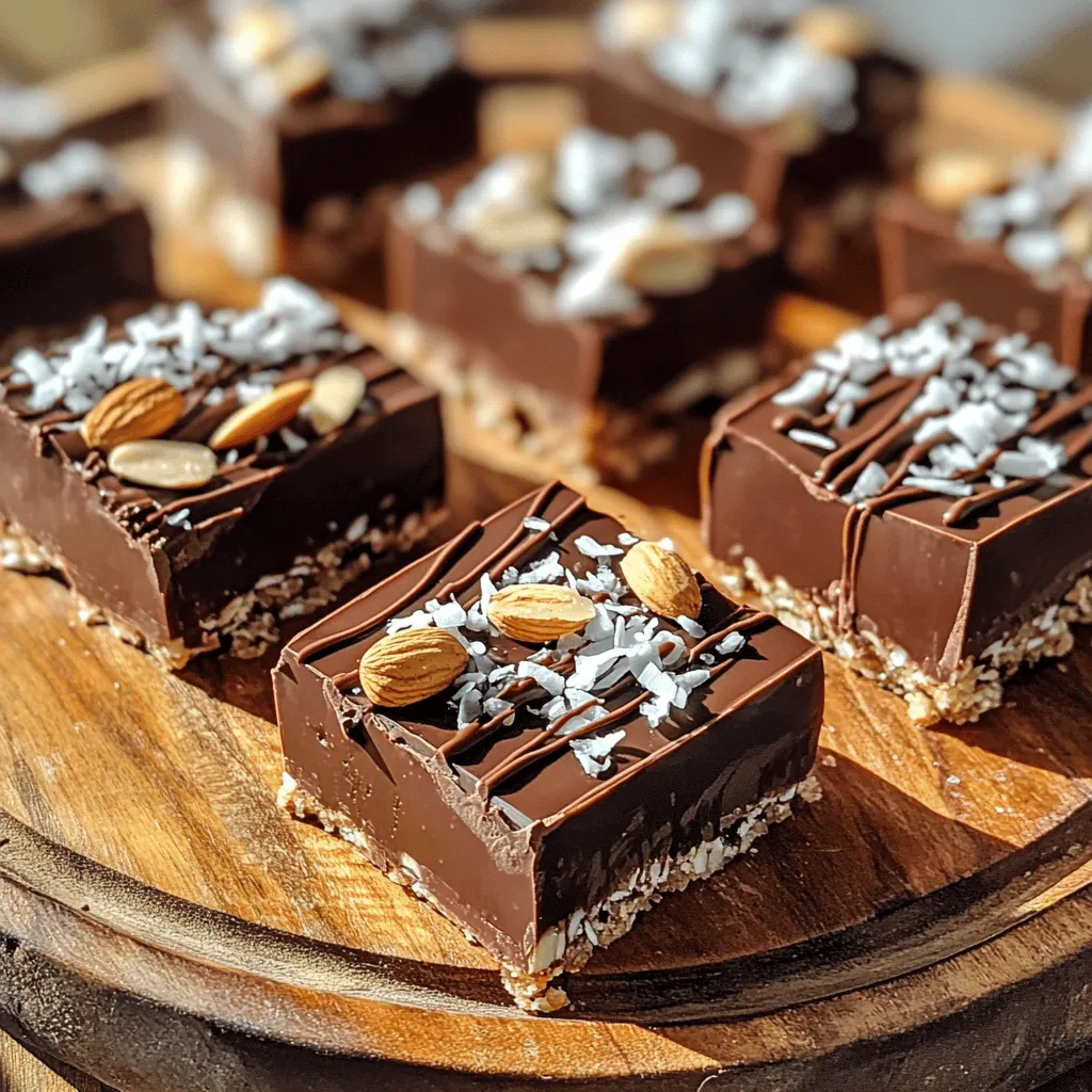 To make No Bake Chocolate Coconut Almond Bars, you need some simple and healthy ingredients. Here’s what you will need: - 1 cup rolled oats - 1 cup almond flour - 1/2 cup unsweetened shredded coconut - 1/2 cup almond butter - 1/3 cup pure maple syrup or honey - 1/4 cup unsweetened cocoa powder - 1 teaspoon pure vanilla extract - 1/4 teaspoon sea salt - 1/4 cup dark chocolate chips - Extra shredded coconut for garnish These ingredients come together to create a tasty treat. The oats and almond flour give a nice base. The coconut adds a sweet, chewy texture. Almond butter and maple syrup hold everything together while adding flavor. Cocoa powder gives a rich chocolate taste. Dark chocolate chips on top make it even better. Don't forget the extra coconut for a lovely finish! First, grab a large mixing bowl. Combine these dry ingredients: - 1 cup rolled oats - 1 cup almond flour - 1/2 cup unsweetened shredded coconut - 1/4 cup unsweetened cocoa powder - 1/4 teaspoon sea salt Stir well to mix. Make sure the dry ingredients are even and clump-free. In another bowl, whisk together these wet ingredients: - 1/2 cup almond butter - 1/3 cup pure maple syrup (or honey) - 1 teaspoon pure vanilla extract Mix until smooth and creamy. The goal is to blend all flavors well. Next, pour the wet mixture into the bowl of dry ingredients. Use a spatula or your hands to mix. Combine well until everything is moist and sticky. This step is key for the bars to hold together. Now, take an 8x8 inch baking dish and line it with parchment paper. Leave some paper hanging over the edges. Transfer the mixture into the dish. Press it down firmly. Aim for an even layer. This helps the bars stay compact. To make the topping, melt 1/4 cup of dark chocolate chips. Use a small microwave-safe bowl. Heat in 20-second intervals, stirring in between until smooth. Drizzle the melted chocolate over the mixture in the baking dish. Spread it evenly with a spatula. Sprinkle extra shredded coconut on top for a nice finish. Put the baking dish in the refrigerator. Chill for at least 1 to 2 hours until set. After chilling, lift the bars out using the parchment paper. Transfer them to a cutting board. Cut into squares or rectangles as you like. Enjoy your tasty treats! Make sure your ingredients are at room temperature. This helps them mix better. Soft almond butter blends easily with other ingredients. It also makes your bars smooth and creamy. You can swap almond butter for other nut butters. Peanut butter or sunflower seed butter works great too. Each nut butter gives a unique taste to your bars. Try different flavors to find your favorite. Serve your bars on a rustic wooden platter. Add a drizzle of melted chocolate on top for flair. You can also garnish with whole almonds and extra shredded coconut. This adds color and makes your dessert look fancy. {{image_4}} You can make these bars even better. Try adding walnuts, pecans, or chia seeds. These add crunch and boost nutrition. Walnuts bring healthy fats. Pecans give a nice, sweet flavor. Chia seeds are great for fiber and protein. Just mix them into your dry ingredients before you combine everything. If you want to switch up the taste, try different sweeteners. Agave syrup is a good choice for a lighter flavor. Brown rice syrup offers a unique taste that pairs well with chocolate. You can use these in place of maple syrup or honey. Adjust the amount to your liking, but keep it close to 1/3 cup. Want to take it up a notch? Add some cinnamon or a pinch of sea salt. Cinnamon adds warmth and depth to the chocolate flavor. A pinch of sea salt enhances sweetness and balances all the flavors. Just mix these in with the dry ingredients for a tasty twist. To keep your No Bake Chocolate Coconut Almond Bars fresh, store them in an airtight container in the refrigerator. This will help maintain their soft texture and rich flavor. Make sure the container is sealed well to avoid any unwanted odors from other foods. If you want to enjoy these bars later, freeze them individually. This way, you can grab one whenever you crave a sweet treat. Wrap each bar tightly in plastic wrap and place them in a freezer-safe bag. This method allows for longer shelf life and easy access. You can enjoy these bars within 1 week when stored in the refrigerator. If you freeze them, they can last up to 3 months. Just remember to let them thaw in the fridge for a few hours before enjoying. This makes them a great option for meal prep or snacks on the go. To make these bars vegan, switch honey for maple syrup. You also need to pick dairy-free chocolate chips. This change keeps the sweet taste while making it plant-based. Yes, you can replace almond flour with oat flour or coconut flour. Both options work well and keep the bars tasty. Experiment with each to find your favorite flavor and texture. To ramp up the chocolate flavor, simply add more cocoa powder or extra chocolate chips. This will give your bars a rich taste that chocolate lovers will adore. This post covered a simple way to make No Bake Chocolate Coconut Almond Bars. You learned how to prepare the ingredients, mix them, and chill until ready to eat. You can customize these bars with different nuts or sweeteners to fit your taste. Remember to store them properly for the best freshness. Enjoy experimenting with your recipes, and feel free to try new flavors. These bars are tasty and versatile, perfect for snacks or dessert. Enjoy your cooking!