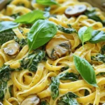 To make creamy spinach mushroom pasta, gather the following: - 8 oz. fettuccine or spaghetti - 2 tablespoons olive oil - 1 small onion, finely chopped - 2 garlic cloves, minced - 8 oz. mushrooms, sliced - 4 cups fresh spinach, roughly chopped - 1 cup heavy cream or coconut cream - 1/2 cup vegetable broth - 1/2 cup grated Parmesan cheese - Salt and freshly cracked black pepper - 1/4 teaspoon nutmeg (optional) - Fresh basil or parsley for garnish Using high-quality ingredients makes this dish shine. Choose fresh, organic spinach and mushrooms for the best flavor. For pasta, opt for whole grain or artisanal options. Freshly grated Parmesan cheese enhances the taste. If you pick coconut cream, look for full-fat varieties for richness. Always use good olive oil for sautéing, as it adds depth to the dish. If you need substitutions, here are some ideas: - Use gluten-free pasta if you have dietary needs. - Swap heavy cream with coconut cream for a dairy-free option. - Nutritional yeast can stand in for Parmesan cheese for a vegan dish. - Try different greens like kale or arugula if you want variety. - For added protein, toss in cooked chicken, shrimp, or chickpeas. These options ensure that you can adapt the recipe to your tastes or needs while keeping it delicious! First, grab a large pot and fill it with water. Add a good amount of salt. This will flavor the pasta as it cooks. Bring the water to a boil. Once boiling, add 8 oz. of fettuccine or spaghetti. Check the package for cooking time. You want it to be al dente, which means it should be firm to the bite. Once cooked, drain the pasta in a colander. Remember to save about 1/2 cup of the pasta water for later. This water will help make the sauce creamier. Now, take a large skillet and add 2 tablespoons of olive oil. Heat the oil over medium heat. When the oil is hot, add 1 small, finely chopped onion. Stir it occasionally for about 3-4 minutes until the onion turns soft and translucent. Next, add 2 minced garlic cloves. Cook for 1 minute until you smell the garlic. Then, toss in 8 oz. of sliced mushrooms. Let them cook for 5-6 minutes. You want the mushrooms golden brown and tender. Finally, add 4 cups of roughly chopped spinach. Stir it in and cook for about 2-3 minutes, until the spinach wilts down. Reduce the heat a bit and pour in 1 cup of heavy cream. If you prefer a dairy-free option, use coconut cream instead. Add 1/2 cup of vegetable broth too. Stir everything well to mix. Let this simmer for about 5 minutes. This helps the sauce thicken. Now, add 1/2 cup of grated Parmesan cheese. If you want a vegan dish, use nutritional yeast instead. Stir until the cheese melts into the sauce. Season with salt, freshly cracked black pepper, and a pinch of nutmeg for extra warmth. If the sauce is too thick, add some of the reserved pasta water until it reaches the right creamy consistency. Then, carefully add the cooked pasta to the skillet. Toss everything together so the pasta is well-coated with the creamy sauce. Enjoy your dish! To make your sauce creamy, use heavy cream or coconut cream. Both give a rich texture. If you want a lighter sauce, use less cream and more vegetable broth. If your sauce is too thick, add some reserved pasta water. This will help achieve a smooth consistency. Don't rush the simmering step; it allows the flavors to blend well. Mix in the cheese slowly, stirring until it melts completely. Store any leftover creamy spinach mushroom pasta in an airtight container. It can stay fresh for up to three days in the fridge. When you reheat it, add a splash of water or broth. This keeps the pasta from drying out. If you want to freeze it, do so without the cheese. This helps maintain the right texture. Freeze in a suitable container for up to two months. This pasta pairs well with a light salad. A simple arugula salad brings a peppery crunch. You can also serve it with garlic bread for a hearty meal. For drinks, a crisp white wine or sparkling water complements the dish nicely. If you’d like more flavor, top it with fresh herbs like basil or parsley. These add color and brightness to your plate. {{image_4}} To make a vegan version, swap the heavy cream for coconut cream. Use nutritional yeast instead of Parmesan cheese. This gives a nice cheesy flavor without dairy. You can also add a splash of lemon juice for brightness. This dish stays creamy and delicious while being plant-based. If you need a gluten-free option, use gluten-free pasta. There are many choices like rice, quinoa, or chickpea pasta. These options cook well and absorb the sauce just like regular pasta. Just be sure to follow the specific cooking time on the package. To boost protein, add cooked chickpeas or lentils. You can also use grilled chicken or sautéed shrimp. These options mix well with the creamy sauce and add flavor. Just remember to adjust cooking times based on your protein choice. You can store leftover creamy spinach mushroom pasta in the fridge. Place it in an airtight container. It will last for about 3 to 4 days. Make sure to let it cool before sealing. This will keep the flavors fresh and tasty. If you want to keep it longer, you can freeze the pasta. Use a freezer-safe container or bag. It will stay good for about 2 to 3 months. When you are ready to eat, thaw it overnight in the fridge before reheating. To reheat, use a skillet on low heat. Add a splash of water or broth to avoid dryness. Stir it gently until warm. You can also microwave it in short bursts. Just make sure it heats evenly. Adjust seasoning if needed. Enjoy your creamy pasta again! To lighten this creamy spinach mushroom pasta, you can make a few simple swaps. Use half-and-half instead of heavy cream. This cuts the fat but keeps the creaminess. You might also try Greek yogurt or silken tofu for a creamy texture with less fat. You can also reduce the cheese or use a low-fat cheese option. Lastly, add more spinach or vegetables to increase bulk without extra calories. Yes, you can use frozen spinach in this dish. It’s a great time-saver and still has good flavor. Just make sure to thaw and squeeze out excess water before adding it to the pan. This helps keep your sauce from becoming too watery. Use about 2 cups of frozen spinach to replace the fresh spinach. Fettuccine or spaghetti are best for this creamy sauce. They hold the sauce well and provide a nice bite. You can also use other pasta shapes like penne or rigatoni. Just make sure to cook the pasta al dente for the best texture. Feel free to choose whole grain or gluten-free pasta if that fits your diet. This article covered the key steps to make a creamy pasta dish. We explored good ingredient choices, cooking methods, and tips for great flavor. You learned about variations, storage options, and answers to common questions. In the end, you can enjoy a tasty dish that fits your needs. Experiment with options and make it your own. Happy cooking!