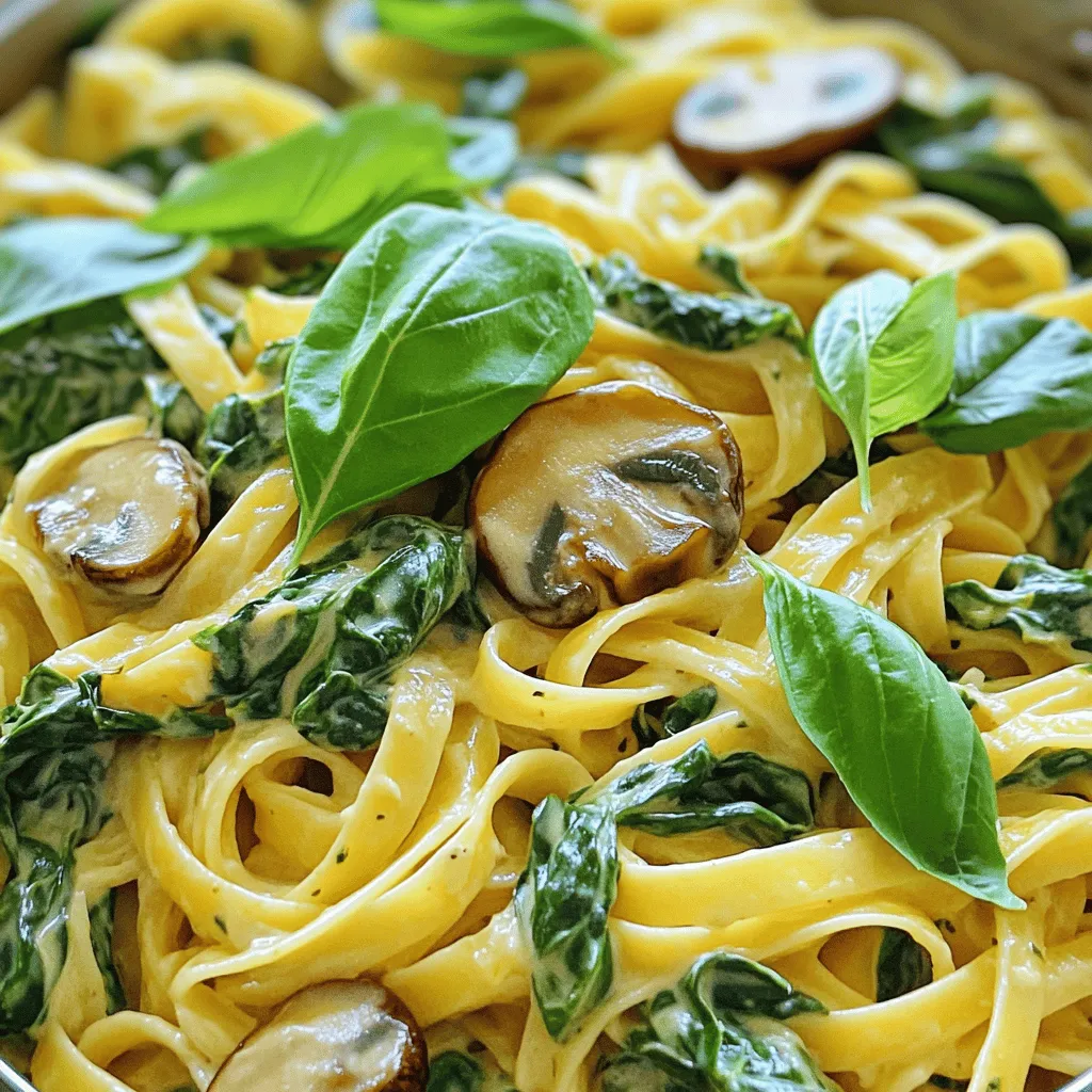 To make creamy spinach mushroom pasta, gather the following: - 8 oz. fettuccine or spaghetti - 2 tablespoons olive oil - 1 small onion, finely chopped - 2 garlic cloves, minced - 8 oz. mushrooms, sliced - 4 cups fresh spinach, roughly chopped - 1 cup heavy cream or coconut cream - 1/2 cup vegetable broth - 1/2 cup grated Parmesan cheese - Salt and freshly cracked black pepper - 1/4 teaspoon nutmeg (optional) - Fresh basil or parsley for garnish Using high-quality ingredients makes this dish shine. Choose fresh, organic spinach and mushrooms for the best flavor. For pasta, opt for whole grain or artisanal options. Freshly grated Parmesan cheese enhances the taste. If you pick coconut cream, look for full-fat varieties for richness. Always use good olive oil for sautéing, as it adds depth to the dish. If you need substitutions, here are some ideas: - Use gluten-free pasta if you have dietary needs. - Swap heavy cream with coconut cream for a dairy-free option. - Nutritional yeast can stand in for Parmesan cheese for a vegan dish. - Try different greens like kale or arugula if you want variety. - For added protein, toss in cooked chicken, shrimp, or chickpeas. These options ensure that you can adapt the recipe to your tastes or needs while keeping it delicious! First, grab a large pot and fill it with water. Add a good amount of salt. This will flavor the pasta as it cooks. Bring the water to a boil. Once boiling, add 8 oz. of fettuccine or spaghetti. Check the package for cooking time. You want it to be al dente, which means it should be firm to the bite. Once cooked, drain the pasta in a colander. Remember to save about 1/2 cup of the pasta water for later. This water will help make the sauce creamier. Now, take a large skillet and add 2 tablespoons of olive oil. Heat the oil over medium heat. When the oil is hot, add 1 small, finely chopped onion. Stir it occasionally for about 3-4 minutes until the onion turns soft and translucent. Next, add 2 minced garlic cloves. Cook for 1 minute until you smell the garlic. Then, toss in 8 oz. of sliced mushrooms. Let them cook for 5-6 minutes. You want the mushrooms golden brown and tender. Finally, add 4 cups of roughly chopped spinach. Stir it in and cook for about 2-3 minutes, until the spinach wilts down. Reduce the heat a bit and pour in 1 cup of heavy cream. If you prefer a dairy-free option, use coconut cream instead. Add 1/2 cup of vegetable broth too. Stir everything well to mix. Let this simmer for about 5 minutes. This helps the sauce thicken. Now, add 1/2 cup of grated Parmesan cheese. If you want a vegan dish, use nutritional yeast instead. Stir until the cheese melts into the sauce. Season with salt, freshly cracked black pepper, and a pinch of nutmeg for extra warmth. If the sauce is too thick, add some of the reserved pasta water until it reaches the right creamy consistency. Then, carefully add the cooked pasta to the skillet. Toss everything together so the pasta is well-coated with the creamy sauce. Enjoy your dish! To make your sauce creamy, use heavy cream or coconut cream. Both give a rich texture. If you want a lighter sauce, use less cream and more vegetable broth. If your sauce is too thick, add some reserved pasta water. This will help achieve a smooth consistency. Don't rush the simmering step; it allows the flavors to blend well. Mix in the cheese slowly, stirring until it melts completely. Store any leftover creamy spinach mushroom pasta in an airtight container. It can stay fresh for up to three days in the fridge. When you reheat it, add a splash of water or broth. This keeps the pasta from drying out. If you want to freeze it, do so without the cheese. This helps maintain the right texture. Freeze in a suitable container for up to two months. This pasta pairs well with a light salad. A simple arugula salad brings a peppery crunch. You can also serve it with garlic bread for a hearty meal. For drinks, a crisp white wine or sparkling water complements the dish nicely. If you’d like more flavor, top it with fresh herbs like basil or parsley. These add color and brightness to your plate. {{image_4}} To make a vegan version, swap the heavy cream for coconut cream. Use nutritional yeast instead of Parmesan cheese. This gives a nice cheesy flavor without dairy. You can also add a splash of lemon juice for brightness. This dish stays creamy and delicious while being plant-based. If you need a gluten-free option, use gluten-free pasta. There are many choices like rice, quinoa, or chickpea pasta. These options cook well and absorb the sauce just like regular pasta. Just be sure to follow the specific cooking time on the package. To boost protein, add cooked chickpeas or lentils. You can also use grilled chicken or sautéed shrimp. These options mix well with the creamy sauce and add flavor. Just remember to adjust cooking times based on your protein choice. You can store leftover creamy spinach mushroom pasta in the fridge. Place it in an airtight container. It will last for about 3 to 4 days. Make sure to let it cool before sealing. This will keep the flavors fresh and tasty. If you want to keep it longer, you can freeze the pasta. Use a freezer-safe container or bag. It will stay good for about 2 to 3 months. When you are ready to eat, thaw it overnight in the fridge before reheating. To reheat, use a skillet on low heat. Add a splash of water or broth to avoid dryness. Stir it gently until warm. You can also microwave it in short bursts. Just make sure it heats evenly. Adjust seasoning if needed. Enjoy your creamy pasta again! To lighten this creamy spinach mushroom pasta, you can make a few simple swaps. Use half-and-half instead of heavy cream. This cuts the fat but keeps the creaminess. You might also try Greek yogurt or silken tofu for a creamy texture with less fat. You can also reduce the cheese or use a low-fat cheese option. Lastly, add more spinach or vegetables to increase bulk without extra calories. Yes, you can use frozen spinach in this dish. It’s a great time-saver and still has good flavor. Just make sure to thaw and squeeze out excess water before adding it to the pan. This helps keep your sauce from becoming too watery. Use about 2 cups of frozen spinach to replace the fresh spinach. Fettuccine or spaghetti are best for this creamy sauce. They hold the sauce well and provide a nice bite. You can also use other pasta shapes like penne or rigatoni. Just make sure to cook the pasta al dente for the best texture. Feel free to choose whole grain or gluten-free pasta if that fits your diet. This article covered the key steps to make a creamy pasta dish. We explored good ingredient choices, cooking methods, and tips for great flavor. You learned about variations, storage options, and answers to common questions. In the end, you can enjoy a tasty dish that fits your needs. Experiment with options and make it your own. Happy cooking!