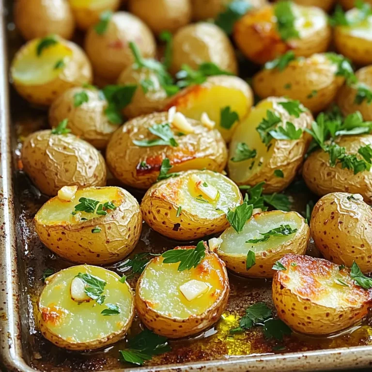 - 1.5 lbs baby potatoes, halved - 4 cloves garlic, minced - 3 tablespoons olive oil - 1 tablespoon fresh rosemary, finely chopped - 1 tablespoon fresh thyme, finely chopped - 1 teaspoon sea salt - ½ teaspoon freshly ground black pepper - 1 tablespoon fresh parsley, finely chopped (for garnish) You can swap herbs for a new twist. Try oregano or basil for a different flavor. You can also mix dried herbs if you have them. For potatoes, you can use red or yellow ones. They may change the taste a bit, but they will still taste great. If you want a creamier bite, try Yukon Gold potatoes. They are smooth and buttery. Set your oven to 425°F (220°C). This temperature is key for crispy potatoes. Preheating helps the potatoes cook evenly. If the oven isn’t hot enough, the potatoes can become soggy. Start by halving the baby potatoes. Use a sharp knife and cut them down the middle. Place them in a large bowl. Next, add the minced garlic to the bowl. Pour in the olive oil. Sprinkle in the finely chopped rosemary and thyme. Don’t forget the sea salt and black pepper. Use a wooden spoon or your hands to mix everything well. Each potato should be coated in the garlic and herbs. Spread the seasoned potatoes on a large baking sheet. Make sure they are in a single layer. Leave space between them for better roasting. Place the baking sheet in the oven. Roast the potatoes for about 25 to 30 minutes. Halfway through, shake the pan gently. This helps them brown evenly. When they are golden brown and tender, take them out of the oven. Before serving, sprinkle fresh parsley on top for color and taste. Enjoy your garlic herb roasted baby potatoes! To get crispy potatoes, use enough oil. Olive oil helps the potatoes brown. Season them well with salt and pepper. This adds flavor and texture. Spread the potatoes out on the baking sheet. Space them so hot air can reach all sides. This step is key for even roasting. Shake the pan halfway through the cooking time. This helps them cook evenly. Garlic herb roasted baby potatoes pair well with many main dishes. They go great with grilled chicken or fish. You can also serve them alongside a fresh salad. For visual appeal, add a sprinkle of fresh parsley on top. It adds color and freshness to your dish. You can also drizzle a bit of extra olive oil for shine. If you want to try something new, consider grilling or air frying. Grilling adds a smoky flavor. Just toss the potatoes in oil and seasonings, then place them on the grill. For air frying, use the same method. Set your air fryer to a high temperature for crispy results. Both methods keep the flavor while giving you a different texture. {{image_4}} You can make garlic herb roasted baby potatoes even better. Try adding cheese for a creamy touch. Parmesan or feta works great. You can also sprinkle some paprika for a smoky hint. This adds depth to the flavor profile. Experimenting with different herbs is fun too. Basil, oregano, or dill can change the taste. Fresh or dried herbs are both good. Mix and match them to find your favorite blend. If you want to make these potatoes vegan-friendly, swap out the cheese. You can use nutritional yeast for a cheesy flavor without dairy. This keeps the dish tasty and plant-based. For gluten-free versions, you’re in luck! This recipe is already gluten-free. Just ensure that any added seasonings or cheese are also gluten-free. You can change the ingredients based on the season. In spring, add fresh asparagus or peas. In fall, mix in some diced butternut squash. Seasonal veggies add freshness and color. Using vegetables that are in season boosts flavor and nutrition. Plus, it supports local farmers. Always check what’s fresh at your market to inspire your dish. To keep your garlic herb roasted baby potatoes fresh, let them cool first. Place them in an airtight container. This helps to keep moisture out. Store them in the fridge. They will stay good for up to 3 days. If you need some for later, make sure to check for any signs of spoilage before eating. When you reheat your potatoes, you want them crispy again. The best way is to use an oven. Preheat the oven to 375°F (190°C). Spread the potatoes on a baking sheet. Heat them for about 10 minutes. This method keeps them nice and crunchy. You can also use a microwave, but it may make them soft. If you do, heat in short bursts and check often. Yes, you can freeze garlic herb roasted potatoes! First, let them cool completely. Then, place them in a freezer-safe bag. Remove as much air as you can before sealing. They can last for up to 2 months in the freezer. To thaw, place them in the fridge overnight. Reheat them in the oven to get them crispy again. It takes about 25 to 30 minutes to roast baby potatoes. You want them golden brown and fork-tender. Roast at 425°F (220°C) for best results. Halfway through, shake the pan to help them cook evenly. This ensures every potato gets crispy and delicious. Yes, you can use regular potatoes! Just cut them into smaller pieces. Aim for similar sizes to ensure even cooking. Larger potatoes might take longer to roast, so keep an eye on them. The flavor will be just as tasty, and you can still enjoy that garlic and herb goodness. Fresh herbs work best for flavor. I love using rosemary and thyme in this recipe. They blend nicely with garlic. You can also try parsley, oregano, or even dill for a twist. Feel free to mix and match based on your taste. Fresh herbs bring out the best in roasted potatoes. Absolutely! Sprinkling cheese, like parmesan or feta, on top can add a rich flavor. Just add it in the last few minutes of roasting, so it melts beautifully without burning. Store leftovers in an airtight container in the fridge. They can last about 3 to 5 days. Just reheat them in the oven or a skillet to regain some crispiness. Avoid microwaving, as it may make them soggy. Yes, you can prep the potatoes ahead. Toss them with garlic and herbs, then store in the fridge for a day. When you're ready, just roast them as usual. This saves time and still gives you tasty potatoes! These potatoes pair well with many dishes. Serve them alongside grilled chicken, steak, or roasted vegetables. They also make a great side for salads or as part of a brunch spread. The garlic and herbs add a nice touch to any meal! In this post, we explored how to make garlic herb roasted potatoes. We covered ingredients, step-by-step instructions, and tips for perfect results. You learned how to tweak this dish with substitutes too. Remember, the key to great potatoes lies in the right seasoning and cooking method. Don't hesitate to experiment with flavors and cooking styles. With these simple steps, you’ll create tasty, crispy potatoes every time. Enjoy this delicious side dish at your next meal!