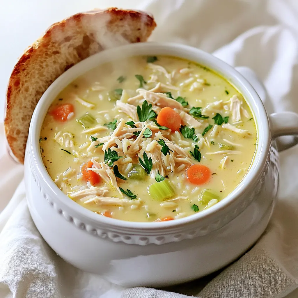 - 1 pound boneless, skinless chicken thighs - 1 cup brown rice, thoroughly rinsed - 1 medium onion, finely chopped - 3 garlic cloves, minced - 3 medium carrots, diced into small pieces - 2 celery stalks, diced - 4 cups low-sodium chicken broth The main ingredients form the heart of this soup. I love using boneless, skinless chicken thighs. They add rich flavor and stay tender. Brown rice gives the dish a nice texture and adds fiber. Fresh vegetables like onion, garlic, carrots, and celery provide great taste and nutrition. I always use low-sodium chicken broth to control the saltiness. - 1 cup heavy cream (or substitute with coconut cream for a dairy-free option) - 1 teaspoon dried thyme - 1 teaspoon dried rosemary - Salt and freshly ground black pepper to taste Adding cream makes the soup feel rich and smooth. You can use heavy cream for a classic taste or coconut cream for a lighter option. The herbs, thyme and rosemary, bring warmth and depth to the flavors. Salt and pepper add the final touch, enhancing every bite. - Fresh parsley, chopped (for garnish) - Serving suggestions (bread options) Fresh parsley brightens the soup and adds color. It’s a simple garnish, but it makes a big difference. For serving, I suggest crusty bread. It’s perfect for dipping into the warm soup. Enjoying this meal with bread makes it feel even cozier. To start, you need to layer the ingredients in the slow cooker. Place 1 pound of boneless, skinless chicken thighs at the bottom. Next, add 1 cup of rinsed brown rice, 1 chopped onion, 3 minced garlic cloves, 3 diced carrots, and 2 diced celery stalks. This mix gives a rich flavor base. Pour 4 cups of low-sodium chicken broth over the top. This broth will soak into all the ingredients. Stir everything gently to ensure even distribution of flavors. This step is key for a tasty soup. Now, it’s time to set the cooking time and temperature. Cover the slow cooker with its lid. If you choose low heat, set it for 6 to 8 hours. For high heat, set the timer for 3 to 4 hours. The soup will be done when the chicken is tender and easy to shred. Checking for doneness is simple—just poke the chicken with a fork. It should fall apart easily. Once the soup is cooked, carefully remove the chicken thighs using tongs. Shred the chicken with two forks until you have bite-sized pieces. Return the shredded chicken back to the pot. Now, pour in 1 cup of heavy cream or coconut cream. This makes the soup creamy and rich. Let it warm on high for another 15 minutes. Stir well to combine all the flavors. Before serving, taste the soup and adjust the seasoning with salt and pepper if needed. To boost flavor, try adding more herbs. You can increase thyme and rosemary. A squeeze of lemon juice adds brightness. For a kick, sprinkle in some red pepper flakes. If you want a different creamy taste, use coconut cream instead of heavy cream. Coconut cream gives a nice tropical twist. When cooking on low, aim for 6 to 8 hours. This gives chicken time to become tender. If you’re in a hurry, the high setting works too. Cook for 3 to 4 hours. To ensure tender chicken, check it halfway through. If it starts to shred easily, it’s ready. For a lovely presentation, serve the soup in warm bowls. Top each bowl with fresh parsley. This adds color and a fresh taste. You can also serve it with crusty bread. Slices of bread are perfect for dipping, making the meal even better. {{image_4}} You can easily swap chicken for turkey in this soup. Turkey thighs work great, too. They add a rich flavor and work well with the creamy texture. For a vegetarian option, try using beans or lentils. Both add protein and fiber. Use about one cup of cooked beans or lentils to replace the chicken. This keeps the soup hearty and satisfying. While this recipe calls for brown rice, you can use white rice instead. It cooks faster and gives a softer texture. If you're looking for a nutty taste, try quinoa. Quinoa is also a great gluten-free option. It adds protein and cooks quickly. You can use the same amount as brown rice: one cup. To change the flavor profile, add spices like cumin or paprika. These spices add warmth and depth. You can also mix in seasonal vegetables for variety. Try adding chopped spinach or zucchini. These veggies cook well and brighten up the dish. Just toss them in during the last hour of cooking for the best results. To keep your creamy chicken and rice soup fresh, store it in an airtight container. This prevents other smells from getting in. Let the soup cool down to room temperature before sealing it up. In the fridge, it stays good for up to three days. If you want to enjoy it later, consider freezing it instead. To freeze the soup, pour it into freezer bags. Make sure to leave some space at the top because soup expands when frozen. Lay the bags flat in the freezer. This saves space and makes thawing easier. You can freeze the soup for up to three months. When it's time to eat, thaw the soup in the fridge overnight. To reheat, pour it into a pot over low heat. Stir it often until it's hot. You can also use a microwave, but stir it halfway through to heat evenly. Enjoy your comforting soup again! Yes, you can make this soup on the stovetop. Start by sautéing the onion and garlic in a large pot. Then, add the chicken, rice, carrots, and celery. Pour in the chicken broth and bring it to a boil. Reduce the heat and let it simmer for about 30-40 minutes. Make sure the chicken is cooked and rice is tender. Finally, shred the chicken and add the cream as you would in the slow cooker. You can swap out some ingredients for healthier choices. Use skinless chicken breasts instead of thighs. Replace heavy cream with low-fat milk or coconut milk for a lighter option. Add more vegetables like spinach or kale for extra fiber and nutrients. You can also use brown rice or quinoa for a boost in whole grains. This soup pairs well with several sides. Fresh crusty bread is perfect for dipping. A simple green salad adds a nice crunch. You might also enjoy some cheese toast or a warm biscuit on the side. These options enhance the meal and make it even more delightful. This blog post covered how to make a delicious soup using simple ingredients. We started with chicken thighs and brown rice, then added vegetables and broth. Creamy additions like heavy cream made it rich. I shared step-by-step instructions and tips to enhance flavor. You can also switch up proteins and grains for more variety. Store leftovers properly to enjoy later. Ultimately, making soup can be easy and satisfying. Dive in and create your own tasty version today!